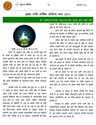 13                                   जनवयी 2013




                                वृषब यासश वात्रषाक बत्रवष्म पर 2013
                                                      स्वस्स्तक.ऎन.जोशी, फदऩक.ऐस.जोशी, आरोक शभाा, सॊदीऩ शभाा.
                                                                सकती हं । बूसभ-बवन वाहन आफद की प्रासद्ऱ मा उसभं
                                                                वृत्रद्ध क बी अच्छे सॊकत हं ।
                                                                          े            े
                                                                       भािा औय अप्रैर क दौयान आऩको ईष्ट सभिं एवॊ
                                                                                       े
                                                                ऩरयजनं क सहमोग से त्रवसबन्न शुब एवॊ भाॊगसरक कामं
                                                                        े
                                                                भं बाग रेने क भौक सभरते यहं गे।
                                                                             े   े
                                                                       अप्रैर औय भई क दौयान प्रेभ सॊफॊसधत कामं भं
                                                                                     े
                                                                सपरता की प्रासद्ऱ एवॊ दाॊऩत्म सुख भं वृत्रद्ध क अवसय
                                                                                                               े
                                                                फनेगं। आऩको सभि वगा एवॊ फिे -फुजुगं का ऩूणा सहमोग
            वृषब ( इ, उ, ए, ओ, वा, वी, वू, वे, वो)              प्राद्ऱ होगा स्जस से आऩकी प्रसन्नता भं सनयॊ तय वृत्रद्ध
         गोिय क अनुसाय वृष यासश का स्वाभी शुक्र वषा
               े                                                होती यहे गी। इस दौयान ऩैतक सॊऩत्रत्त आफद की बी प्राद्ऱ
                                                                                         ृ
क प्रायॊ ब भं वृस्िक यासश भं गोिय कय यहा हं । इस
 े                                                              हो सकती हं ।
दौयान फृहस्ऩसत वक्री होकय प्रथभ स्थान भं औय शसन का                     जून-जुराई क दौयान दयस्थ स्थानं की मािा क
                                                                                  े       ू                    े
आऩकी यासश से छठे बाव भं त्रवियण यहे गा स्जससे                   मोग फन सकते हं । ऩरयवाय भं फकसी भाॊगसरक कामा का
आऩकी यासश ऩय शसन की ढै मा बी ऩि यही हं । स्जन                   आमोजन हो सकता हं मा फकसी भाॊगसरक कामा भं जाने
रोगं ने ऩीछरे दौय भं अऩने कामा उद्दे श्म क सरए जो
                                          े                     क अवसय प्राद्ऱ हो सकता हं ।
                                                                 े
कफठन ऩरयश्रभ औय सॊधषा फकमा हं उस कामा का पर                            वषा क प्रायॊ ब से अॊत तक शसन छठे बाव भं
                                                                            े
उन्हं इस वषा प्राद्ऱ होने की ऩूणा सॊबावनाएॊ यहे गी।             स्स्थत यहे गा, स्जस कायण इस वषा कामाऺेि भं अग्रस्त
         नौकयी व्मवसामे से जुडे रोगं रॊफे सभम से िर             होने औय उन्नसत क अवसय एक क फाद एक आते
                                                                                े         े
यही ऩूयनी ऩये शासनमं का सभाधान होगा। नत्रवन मोजनाएॊ             जामेगे। इस वषा आऩक ऩरयवाय क वरयष्ठ सदस्म मा
                                                                                  े        े
फनेगी।                                                          भाता-त्रऩता क स्वास््म को रेकय थोिी सिॊता हो सकती
                                                                             े
         आऩकी यासश का स्वाभी ग्रह शुक्र का 18 भािा से           हं ।
10 अप्रैर क दौयान अऩनी उच्ि यासश भीन भं त्रवियण
           े                                                           अक्टू फय से नवॊफय क दौयान आऩक फने फनामे
                                                                                          े         े
यहे गा, यासश स्वाभी की उत्तभ स्स्थसत से इस दौयान                कामा भं मा आऩक फकसी भहत्वऩूणा कामा मा मोजना क
                                                                              े                              े
आऩको त्रवसबन्न स्रोत से प्रत्मासशत मा अप्रत्मासशत राब           दौयान आकस्स्भक रुऩ से त्रवध्न-फाधाएॊ मा रुकावटे हो
प्राद्ऱ होने क अच्छे
              े          मोग फनेगे। रेफकन ऩारयवायीक             सकती हं ।
सभस्माएॊ मा त्रवयोसध मा शिु से आऩक कामा भं मफद
                                  े                                    फदसॊफय क दौयान आऩको अऩने कामा ऺेि भं
                                                                               े
कोई त्रवध्न-फाधा आयहे हो, तो वह भई क शुरु होते ही
                                    े                           भनोवाॊस्च्छत सपरता प्राद्ऱ होने की सॊबावना कभ यहे गी।
वह त्रवध्न-फाधा आऩक प्रमासो क अनुरुऩ सभाद्ऱ हो
                   े         े                                  स्जससे आऩको भानससक अशाॊसत एवॊ तनाव यह सकता
जामेगी। इस दौयान आऩक व्मवसामीक कामा का त्रवस्ताय
                    े                                           हं । इस दौयान आऩको कायण स्वास््म सॊफॊधी सस्माओॊ
होगा मफद नौकयी भं हं तो सॊबवत् ऩदौन्नसत बी सभर                  का साभना कयना ऩड सकता हं ।
 