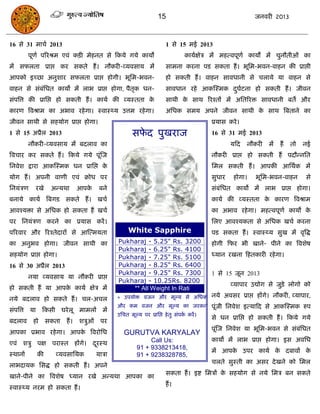 15                                 जनवयी 2013



16 से 31 भािा 2013                                               1 से 15 भई 2013
         ऩूणा ऩरयश्रभ एवॊ किी भेहनत से फकमे गमे कामो                    कामाऺेि भं भहत्वऩूणा कामं भं िुनौतीओॊ का
भं सपरता प्राद्ऱ कय सकते हं । नौकयी-व्मवसाम भं                   साभना कयना ऩड सकता हं । बूसभ-बवन-वाहन की प्राद्ऱी
आऩको इच्छा अनुशाय सपरता प्राद्ऱ होगी। बूसभ-बवन-                  हो सकती हं । वाहन सावधानी से िरामे मा वाहन से
वाहन से सॊफसधत कामो भं राब प्राद्ऱ होगा, ऩैतक धन-
           ॊ                                ृ                    सावधान यहे आकस्स्भक दघटना हो सकती हं । जीवन
                                                                                      ु ा
सॊऩत्रत्त की प्रासद्ऱ हो सकती हं । कामा की व्मस्तता के           साथी क साथ रयश्तं भं असतरयि सावधानी फते औय
                                                                       े
कायण त्रवश्राभ का अबाव यहे गा। स्वास््म उत्तभ यहे गा।            असधक सभम अऩने जीवन साथी क साथ त्रफताने का
                                                                                          े
जीवन साथी से सहमोग प्राद्ऱ होगा।                                                 प्रमास कये ।
1 से 15 अप्रैर 2013                                   सपद ऩुखयाज
                                                        े                        16 से 31 भई 2013
         नौकयी-व्मवसाम भं फदराव का                                                       मफद    नौकयी   भं   हं   तो   नई
त्रविाय कय सकते हं । फकमे गमे ऩूॊस्ज                                             नौकयी प्राद्ऱ हो सकती हं ऩदौन्नसत
सनवेश द्राया आकस्स्भक धन प्रासद्ऱ के                                             सभर सकती हं । आऩकी आसथाक भं
मोग हं । अऩनी वाणी एवॊ क्रोध ऩय                                                  सुधाय    होगा।   बूसभ-बवन-वाहन        से
सनमॊिण     यखे       अन्मथा       आऩके     फने                                   सॊफॊसधत कामो भं राब प्राद्ऱ होगा।
फनामे कामा त्रफगड सकते हं । खिा                                                  कामा की व्मस्तता क कायण त्रवश्राभ
                                                                                                   े
आवश्मिा से असधक हो सकता हं खिा                                                   का अबाव यहे गा। भहत्वऩूणा कामो के
ऩय सनमॊिण कयने का प्रमास कयं ।                                                   सरए आवश्मकता से असधक खिा कयना
ऩरयवाय औय रयश्तेदायं से आस्त्भमता                   White Sapphire               ऩड सकता हं । स्वास््म सुख भं वृत्रद्ध
का अनुबव होगा। जीवन साथी का                      Pukharaj - 5.25" Rs. 3200       होगी फपय बी खाने- ऩीने का त्रवशेष
                                                 Pukharaj - 6.25" Rs. 4100
सहमोग प्राद्ऱ होगा।                              Pukharaj - 7.25" Rs. 5100       ध्मान यखना फहतकायी यहे गा।
16 से 30 अप्रैर 2013                             Pukharaj - 8.25" Rs. 6400
                                                 Pukharaj - 9.25" Rs. 7300       1 से 15 जून 2013
         नमा व्मवसाम मा नौकयी प्राद्ऱ
                                                 Pukharaj - 10.25Rs. 8200
                                                                                         व्माऩाय उद्योग से जुडे़ रोगो को
हो सकती हं मा आऩक कामा ऺेि भं
                 े                                   ** All Weight In Rati
नमे फदराव हो सकते हं । िर-अिर                    * उऩमोि वजन औय भूल्म से असधक नमे अवसय प्राद्ऱ हंगे। नौकयी, व्माऩाय,
                                                 औय कभ वजन औय भूल्म का जयकन ऩूॊजी सनवेश इत्माफद से आकस्स्भक रुऩ
सॊऩत्रत्त मा    फकसी घये रू भाभरं भं
                                                 उसित भूल्म ऩय प्रासद्ऱ हे तु सॊऩक कयं ।
                                                                                  ा
                                                                                 से धन प्रासद्ऱ हो सकती हं । फकमे गमे
फदराव     हो        सकता   हं ।   शिुओॊ    ऩय
                                                                                 ऩूॊस्ज सनवेश मा बूसभ-बवन से सॊफसधत
                                                                                                                ॊ
आऩका प्रबाव यहे गा। आऩक त्रवयोसध
                       े                           GURUTVA KARYALAY
                                                                                 कामो भं राब प्राद्ऱ होगा। इस अवसध
एवॊ शिु ऩऺ ऩयास्त हंगे। दयस्थ                               Call Us:
                         ू
                                                       91 + 9338213418,
                                                                                 भं आऩक उऩय कामा क दफावं क
                                                                                       े          े       े
स्थानं         की     व्मवसासमक           मािा         91 + 9238328785,
                                                                                 िरते सुस्ती का असय दे खने को सभर
राबदामक ससद्ध हो सकती हं । अऩने
                                                                 सकता हं । इष्ट सभिं क सहमोग से नमे सभि फन सकते
                                                                                      े
खाने-ऩीने का त्रवशेष ध्मान यखे अन्मथा आऩका का
                                                                 हं ।
स्वास््म नयभ हो सकता हं ।
 