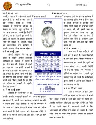 16                                      जनवयी 2013



16 से 30 जून 2013                                                      1 से 15 अगस्त 2013
नौकयी/व्मवसाम क फने-फनामे कामो भं अिानक रुकावटे
               े                                                                छोटी-छोटी सभस्माए आने क उऩयाॊत कामाऺि भं
                                                                                                       े            े
आसकती हं मा कामा भं कोई िूक से                                                            सपरता प्राद्ऱ होगी। एक से सधक स्त्रोोत
फिा    नुक्शान     सॊबव    हं ।    नौकयी-                     टोऩाज                       से अऩनी मोग्मता से आसथाक राब
व्मवसाम भं अत्मसधक ऩरयश्रभ एवॊ                                                            कयं गे। अऩने व्ममं ऩय सनमन्िण यखने
भेहनत क उऩयाॊत फहुत भुस्श्कर से
       े                                                                                  का प्रमास कयं औय ऩुयाने ऋण का
धन राब प्राद्ऱ कय सकते हं । त्रवयोसध                                                      बुगतान कयने का प्रमास कये । इष्ट
एवॊ शिु ऩऺ से ऩये शानी हो सकती हं ।                                                       सभि    एवॊ    ऩरयवाय    के   सहमोग    से
प्रकृ सत भं फदराव से आऩका स्वास््म                                                        आसथाक राब सॊबव हं । स्वास््म उत्तभ
नयभ यह सकता हं । आऩकी भहत्व                                                               यहे गा फपय बी खान-ऩान खा त्रवशेष
ऩूणा   व्मवसासमक    मािा    स्थसगत        हो                                              ख्मार यखं।
सकती। दाॊऩत्म जीवन भध्मभ यहे गा                                                           16 से 31 अगस्त 2013
1 से 15 जुराई 2013                                                                               व्मवसाम भं धन प्रासद्ऱ क नमे
                                                                                                                         े
        नौकयी-व्मवसाम      के     रुके   हुवे           White Topaz
                                                                                          भागा प्राद्ऱ हो सकते हं । उच्िासधकारयमं
कामं    के   कायण    आऩको         भानससक        Topaz - 5.25" Rs. 1100
                                                Topaz - 6.25" Rs. 1250                    से राब प्राद्ऱ होगा। नौकयी-व्मवसाम भं
अस्स्थयता का अनुबव हो सकता हं                   Topaz - 7.25" Rs. 1450                    सपरता प्राद्ऱ कय सकते हं । शिुओॊ ऩय
इस सरए भन को सनमॊिण भं यखने                     Topaz - 8.25" Rs. 1800
                                                Topaz - 9.25" Rs. 2100                    आऩका प्रबाव यहे गा। आऩक त्रवयोसध
                                                                                                                 े
का प्रमास कयं । धन सॊफॊधी भाभरं भं
                                                Topaz - 10.25" Rs. 2300                   एवॊ शिु ऩऺ ऩयास्त हंगे। ऩरयवाय भं
अनजान सभस्माओॊ का साभना कयना                        ** All Weight In Rati
ऩड सकता हं । अऩनी वाणी एवॊ क्रोध                * उऩमोि वजन औय भूल्म से असधक              खुसशमो का भाहोर यहे गा। आऩको शुब
ऩय सनमॊिण यखे अन्मथा आऩक फने
                        े                       औय कभ वजन औय भूल्म का जयकन                सभािाय प्राद्ऱ हो सकमे हं । प्रसतमोसगता
                                                उसित भूल्म ऩय प्रासद्ऱ हे तु सॊऩक कयं ।
                                                                                 ा
फनामे कामा त्रफगड सकते हं । इष्ट सभि                                                      भूरक कामो भं अऩनी छाऩ छोडने भं
एवॊ ऩरयवाय क सदस्मो से सहमोग
            े
                                                  GURUTVA KARYALAY                        सपरता प्राद्ऱ कयं गे।
रेना ऩि सकता हं ।                                            Call Us:
                                                                                           1 से 15 ससतम्फय 2013
16 से 31 जुराई 2013                                     91 + 9338213418,
                                                        91 + 9238328785,                         नौकयी, व्मवसाम भं आऩ अऩने
        जोस्खभ बये कामा कयने से फिे
                                                                                          कामा का अच्छा प्रदशान कयने भं सभथा
क्मोकी आऩकी राऩयवाही आऩको रॊफे सभम का नुक्शान
                                                                       हंगे। आत्भ त्रवश्वास से आगे फढते यहने का प्रमास कयं ।
कय सकती हं । आऩकी कोई भहत्वऩूणा मोजनाएॊ ऩूणा होने
                                                                       आऩकी भानससक अस्स्थताय भहत्वऩूणा सनणाम भं त्रवरॊफ
भं त्रवरॊफ होगा। कछ रुकावटो क फाद भं व्मवसाम भं
                  ु          े
                                                                       से धन        हानी सॊबव हं ।     भहत्वऩूणा कामो    के    सरए
धन राब प्राद्ऱ होगा। सभाज भं अऩना नाभ औय प्रसतष्ठा
                                                                       आवश्मकता से असधक खिा कयना ऩड सकता हं । अऩने
फनाए यखने क सरमे आऩको ऩूणा मोजनाफद्ध तरयक से
           े                             े
                                                                       खाने- ऩीने का ध्मान यखे अन्मथा आऩका का स्वास््म
कामा कयना िाफहमे सकायात्भक िष्टी कोण यखेगं तो कामा
                                                                       नयभ हो सकता हं ।
फनने रगेगा।
 