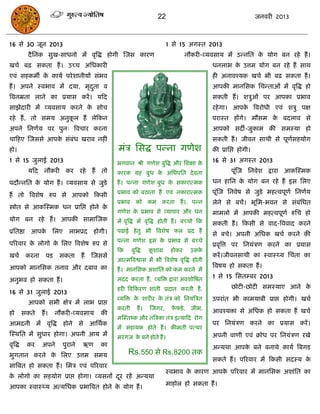 22                                         जनवयी 2013



16 से 30 जून 2013                                                                1 से 15 अगस्त 2013
             दै सनक सुख-साधनो भं वृत्रद्ध होगी स्जस कायण                                 नौकयी-व्मवसाम भं उन्नसत क मोग फन यहे हं ।
                                                                                                                  े
खिा फढ़ सकता हं । उच्ि असधकायी                                                                    धनराब क उत्तभ मोग फन यहे हं साथ
                                                                                                         े
एवॊ सहकभॉ क कामा ऩये शानीमं सॊबव
           े                                                                                      ही अनावश्मक खिा बी फढ़ सकता हं ।
हं । अऩने स्वबाव भं दमा, भृदता व
                            ु                                                                     आऩकी भानससक सिन्ताओॊ भं वृत्रद्ध हो
त्रवनम्रता राने का प्रमास कयं । मफद                                                               सकती हं । शिुओॊ ऩय आऩका प्रबाव
साझेदायी भं व्मवसाम कयने क सोि
                          े                                                                       यहे गा। आऩक त्रवयोधी एवॊ शिु ऩऺ
                                                                                                             े
यहे हं , तो सभम अनुकर हं रेफकन
                    ू                                                                             ऩयास्त हंगे। भौसभ क फदराव से
                                                                                                                     े
अऩने सनणाम ऩय ऩुन् त्रविाय कयना                                                                   आऩको सदॊ-जुकाभ की सभस्मा हो
िाफहए स्जससे आऩक सॊफॊध खयाफ नहीॊ
                े                                                                                 सकती हं । जीवन साथी से ऩूणसहमोग
                                                                                                                            ा
हो।                                                 भॊि ससद्ध ऩन्ना गणेश                          की प्रासद्ऱ होगी।
1 से 15 जुराई 2013                                  बगवान श्री गणेश फुत्रद्ध औय सशऺा के
                                                                                                  16 से 31 अगस्त 2013
             मफद नौकयी कय यहे             हं   तो   कायक ग्रह फुध क असधऩसत दे वता
                                                                   े                                      ऩूॊस्ज सनवेश द्राया आकस्स्भक
ऩदौन्नसत क मोग हं । व्मवसाम से जुडे
          े                                         हं । ऩन्ना गणेश फुध क सकायात्भक
                                                                         े                        धन हासन क मोग फन यहे हं इस सरए
                                                                                                           े
                                                    प्रबाव को फठाता हं एवॊ नकायात्भक              ऩूॊस्ज सनवेष से जुडे भहत्वऩूणा सनणाम
हं तो त्रवशेष रुऩ से आऩको फकसी
                                                    प्रबाव      को कभ कयता हं ।. ऩन्न             रेने से फिं। बूसभ-बवन से सॊफॊसधत
स्त्रोोत से आकस्स्भक धन प्रासद्ऱ होने के
                                                    गणेश क प्रबाव से व्माऩाय औय धन
                                                          े                                       भाभरो भं आऩकी भहत्वऩूणा रुसि हो
मोग फन यहे हं । आऩकी साभास्जक                       भं वृत्रद्ध भं वृत्रद्ध होती हं । फच्िो फक    सकती हं । फकसी से वाद-त्रववाद कयने
प्रसतष्ठा आऩक सरए राबप्रद
             े                             होगी।    ऩढाई हे तु बी त्रवशेष पर प्रद हं
                                                                                                  से फिे। अऩनी असधक खिा कयने की
                                                    ऩन्ना गणेश इस क प्रबाव से फच्िे
                                                                   े
ऩरयवाय क रोगो क सरए त्रवशेष रुऩ से
        े      े                                                                                  प्रवृत्रत्त ऩय सनमॊिण कयने का प्रमास
                                                    फक       फुत्रद्ध   कशाग्र
                                                                         ू        होकय    उसके
खिा         कयना     ऩड    सकता      हं   स्जससे                                                  कयं ।जीवनसाथी का स्वास््म सिॊता का
                                                    आत्भत्रवश्वास भं बी त्रवशेष वृत्रद्ध होती
आऩको भानससक तनाव औय दफाव का                                                                       त्रवषम हो सकता हं ।
                                                    हं । भानससक अशाॊसत को कभ कयने भं
                                                    भदद कयता हं , व्मत्रि द्राया अवशोत्रषत        1 से 15 ससतम्फय 2013
अनुबव हो सकता हं ।
                                                    हयी त्रवफकयण शाॊती प्रदान कयती हं ,                   छोटी-छोटी सभस्माए आने के
16 से 31 जुराई 2013
                                                    व्मत्रि क शायीय क तॊि को सनमॊत्रित
                                                             े       े                            उऩयाॊत बी काभमाफी प्राद्ऱ होगी। खिा
             आऩको सबी ऺेि भं राब प्राद्ऱ
                                                    कयती         हं ।   स्जगय,     पपिे , जीब,
                                                                                    े             आवश्मिा से असधक हो सकता हं खिा
हो         सकते    हं ।   नौकयी-व्मवसाम        की
                                                    भस्स्तष्क औय तॊत्रिका तॊि इत्माफद योग
आभदनी भं वृत्रद्ध होने से आसथाक                                                                   ऩय सनमॊिण कयने का प्रमास कयं ।
                                                    भं सहामक होते हं । कीभती ऩत्थय
स्स्थसत भं सुधाय होगा। अऩनी आम भं                   भयगज क फने होते हं ।
                                                          े                                       अऩनी वाणी एवॊ क्रोध ऩय सनमॊिण यखे
वृत्रद्ध    कय     अऩने     ऩुयाने   ऋण        का                                                 अन्मथा आऩक फने फनामे कामा त्रफगड
                                                                                                            े
बुगतान कयने क सरए उत्तभ सभम
             े                                           Rs.550 से Rs.8200 तक
                                                                                                  सकते हं । ऩरयवाय भं फकसी सदस्म के
सात्रफत हो सकता हं । सभि एवॊ ऩरयवाय
                                                                                 स्वबाव क कायण आऩक ऩरयवाय भं भानससक अशाॊसत का
                                                                                         े        े
क रोगो का सहमोग प्राद्ऱ होगा। व्मसनं दय यहं अन्मथा
 े                                    ू
                                                                                 भाहोर हो सकता हं ।
आऩका स्वास््म अत्मसधक प्रबात्रवत होने क मोग हं ।
                                       े
 