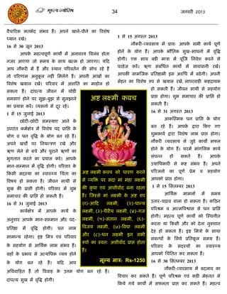 34                                      जनवयी 2013



वैिारयक भतबेद सॊबव हं । अऩने खाने-ऩीने का त्रवशेष
                                                                              1 से 15 अगस्त 2013
ध्मान यखे।
                                                                                    नौकयी-व्मवसाम भं प्राम् आऩक सबी कामा ऩूणा
                                                                                                               े
16 से 30 जून 2013
                                                                              होने क मोग हं । आऩक बौसतक सुख-साधनो भं वृत्रद्ध
                                                                                    े            े
            आऩक भहत्वऩूणा कामो भं अनावश्म त्रवरॊफ होता
               े
                                                                              होगी। एक साथ फडी भािा भं ऩूस्ज सनवेश कयने से
नजय आएगा जो सभम क साथ खत्भ हो जाएगा। मफद
                 े
                                                                              ऩयहे ज कयं । ऋण सॊफॊसधत कामो भं सावधानी यखं।
आऩ नौकयी भं हं औय स्थान ऩरयवतान की सोि यहे हं
                                                                              आऩकी साभस्जक प्रसतष्ठाबी इस अवसध भं फढे गी। अऩनी
तो ऩरयणाभ अनुकर नहीॊ सभरंगे हं । अऩनी आॊखं का
              ू
                                                                              सेहत का त्रवशेष रुऩ से खमार यखं, राऩयवाही कष्टदामक
त्रवशेष खमार यखं। ऩरयवाय भं अशाॊसत का भाहोर हो
                                                                                                हो सकती हं । जीवन साथी से सहमोग
सकता हं । दाॊऩत्म जीवन भं थोडी
सभसाएॊ होने ऩय सुझ-फुझ से सुरझाने                               अष्ट रक्ष्भी कवि                प्राद्ऱ होगा। शुब सभािाय की प्रासद्ऱ हो
                                                                                                सकती हं ।
का प्रमास कयं । व्मसनो से दय यहे ।
                           ू
                                                                                                16 से 31 अगस्त 2013
1 से 15 जुराई 2013
                                                                                                         आकस्स्भक धन प्रासद्ऱ क मोग
                                                                                                                               े
            छोटी-छोटी सभस्माए आने के
                                                                                                फन यहे हं । आऩक द्राया फकए गए
                                                                                                               े
उऩयाॊत कभाऺेि भं त्रवशेष ऩद प्रासद्ऱ के
                                                                                                शुबकामा द्राया त्रवशेष राब प्राद्ऱ होगा।
मोग व धन वृत्रद्ध क मोग फन यहे हं ।
                   े
                                                                                                नौकयी व्मवसाम से जुडे कामो सपर
अऩने खिं ऩय सनमन्िण यखे औय
                                                                                                होने क मोग हं । घयभं भाॊगसरक कामा
                                                                                                      े
ऋण रेने से फिे औय ऩुयाने ऋणं का
                                                                                                सॊऩन्न      हो    सकते          हं ।        आऩके
बुगतान कयने का प्रमास कये । आऩके
                                                                                                उिासधकायी से कष्ट सॊबव हं । अऩने
भान-सम्भान भं वृत्रद्ध होगी। ऩरयवाय के
                                                         अष्ट रक्ष्भी कवि को धायण कयने          ऩरयजनो      का   ऩूणा   प्रेभ    व        सहमोग
फकसी सदस्मा का स्वास््म सिॊता का
                                                         से व्मत्रि ऩय सदा भाॊ भहा रक्ष्भी      आऩको प्राद्ऱ होगा।
त्रवषम हो सकता हं । जीवन साथी से
                                                         की कऩा एवॊ आशीवााद फना यहता
                                                             ृ                                  1 से 15 ससतम्फय 2013
सुख की प्राद्ऱी होगी। ऩरयवाय भं शुब
                                                         हं । स्जस्से भाॊ रक्ष्भी क अष्ट रुऩ
                                                                                   े                     आसथाक     भाभरं             भं     सभम
सभािाय की प्रासद्ऱ हो सकती हं ।
                                                                                                उताय-िढ़ाव वारा हो सकता हं । कफठन
16 से 31 जुराई 2013                                      (१)-आफद       रक्ष्भी,   (२)-धान्म
                                                                                                ऩरयश्रभ व आत्भत्रवश्वास से धन प्रासद्ऱ
            कामाऺेि भं आऩक कामा क
                          े      े                       रक्ष्भी, (३)-धैयीम रक्ष्भी, (४)-गज
                                                                                                होगी। भहत्व ऩूणा कामो को स्स्थगीत
अनुशाय आऩक भान-सम्भान औय ऩद-
          े                                              रक्ष्भी, (५)-सॊतान रक्ष्भी, (६)-
                                                                                                कयना मा फकसी औय को दे ना नुक्शान
प्रसतष्ठा    भं    वृत्रद्ध         होगी।    धन    राब   त्रवजम रक्ष्भी, (७)-त्रवद्या रक्ष्भी
                                                                                                दे ह हो सकता हं । इष्ट सभिो क साथा
                                                                                                                             े
साभान्म यहे गा। इष्ट सभि एवॊ ऩरयवाय                      औय (८)-धन रक्ष्भी इन सबी
                                                                                                सॊफन्धं क सरमे प्रसतकर सभम हं ।
                                                                                                         े           ू
                                                         रुऩो का स्वत् अशीवााद प्राद्ऱ होता
क सहमोग से आसथाक राब सॊबव हं ।
 े                                                                                              ऩरयवाय      के   सदस्मं         का        स्वास््म
                                                         हं ।
ग्रहं क प्रबाव से अत्मसधक व्मम होने
       े                                                                                        आऩको सिॊसतत कय सकता हं ।

के     मोग        फन          यहे     हं ।   मफद   आऩ
                                                                   भूल्म भाि: Rs-1250           16 से 30 ससतम्फय 2013
                                                                                                         नौकयी-व्मवसाम भं फदराव का
अत्रववाफहत हं तो त्रववाह क उत्तभ मोग फन यहे हं ।
                          े
                                                                              त्रविाय कय सकते हं । ऩूणा ऩरयश्रभ एवॊ किी भेहनत से
दाॊऩत्म सुख भं वृत्रद्ध होगी।
                                                                              फकमे गमे कामो भं सपरता प्राद्ऱ कय सकते हं । भहत्व
 