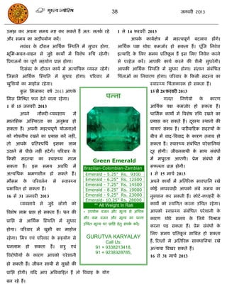 38                                         जनवयी 2013



उरझ कय अऩना सभम नष्ट कय सकते हं अत् सतक यहे
                                       ा                                     1 से 14 फ़यवयी 2013
औय सभम का सदौऩमोग कयं ।                                                                आऩके     कामाऺेि   भं    भहत्वऩूणा   फदराव   हंगे।
       नवॊफय क दौयान आसथाक स्स्थसत भं सुधाय होगा,
              े                                                              आसथाक ऩऺ थोडा कभजोय हो सकता हं । ऩूॊस्ज सनवेश
बूसभ-बवन-वाहन से जुडे कामं भं त्रवशेष रुसि यहे गी।                           इत्माफद क सरए सभम प्रसतकर हं इस सरए सनवेश कयने
                                                                                      े              ू
त्रप्रमजनं का ऩूणा सहमोग प्राद्ऱ होगा।                                       से ऩयहे ज कयं । आऩकी कामा कयने की शैरी सुधये गी।
       फदसॊफय क दौयान कामा भं अत्मसधक व्मस्त यहे गं।
               े                                                             आऩकी आसथाक स्स्थसत भं सुधाय होगा। सॊतान सॊफॊसधत
स्जससे आसथाक स्स्थसत भं सुधाय होगा। ऩरयवाय भं                                सिॊताओॊ का सनवायण होगा। ऩरयवाय क फकसी सदस्म का
                                                                                                             े
खुसशमं का भाहोर यहे गा।                                                                          स्वास््म सिॊताकायक हो सकता हं ।
       कर सभराकय वषा 2013 आऩक
        ु                    े                                                                   15 से 28 फ़यवयी 2013
सभर सभसश्रत पर दे ने वारा यहे गा।                                    ऩन्ना                                गरत      सनणामो    के     कायण
1 से 15 जनवयी 2013                                                                               आसथाक ऩऺ कभजोय हो सकता हं ।
       अऩने           नौकयी-व्मवसाम              भं                                              धासभाक कामो भं त्रवशेष रुसि यखने का
भानससक अस्स्थयता का अनुबव हो                                                                     प्रमास कय सकते हं । दयस्थ स्थानो की
                                                                                                                      ू
सकता हं । अऩनी भहत्वऩूणा मोजनाओॊ                                                                 मािाएॊ सॊबव हं । ऩायीवारयक सदस्मं के
को गोऩनीम यखने का प्रमास कयं नहीॊ,                                                               फीि भं वाद-त्रववाद क कायण तनाव हो
                                                                                                                     े
तो   आऩके          प्रसतस्ऩसधा     इसका        राब                                               सकता हं । स्वास््म सॊफॊसधत ऩये शासनमाॊ
उठाने से ऩीछे नहीॊ हटे गं। ऩरयवाय के                                                             दय होगी। जीवनसाथी क साथ सॊफॊधं
                                                                                                  ू                 े
फकसी    सदस्मा          का   स्वास््म          नयभ                                               भं भधुयता आएगी। प्रेभ सॊफॊधो भं
                                                            Green Emerald
सकता     हं ।      इस     सभम           अवसध     भं   Brazilian-Colombian-Zambian                सपरता प्राद्ऱ होगी।
अत्मसधक भ्रभणशीर हो सकते हं ।                          Emerald - 5.25"         Rs. 9100          1 से 15 भािा 2013
भौसभ     के        ऩरयवतान         से    स्वास््म      Emerald - 6.25"         Rs. 12500         अऩने कामो भं असतरयि सावधासन यखे
                                                       Emerald - 7.25"         Rs. 14500
प्रबात्रवत हो सकता हं ।                                Emerald - 8.25"         Rs. 19000         कोई राऩयवाही आऩको रॊफे सभम का
16 से 31 जनवयी 2013                                    Emerald - 9.25"         Rs. 23000         नुक्शान कय सकती हं । कोटा -किहयी के
                                                       Emerald- 10.25"         Rs. 28000
       व्मवसामे         से   जुडे       रोगो    को           ** All Weight In Rati               कामो को स्थसगत कयना उसित यहे गा।
त्रवशेष राब प्राद्ऱ हो सकता हं । धन की                * उऩमोि वजन औय भूल्म से असधक               आऩको स्वास््म सॊफॊसधत ऩये शानी के
                                                      औय कभ वजन औय भूल्म का ऩन्ना                कायण थोडे सभम क सरमे त्रवश्राभ
                                                                                                                े
प्रासद्ऱ से आसथाक स्स्थसत भं सुधाय
                                                      उसित भूल्म ऩय प्रासद्ऱ हे तु सॊऩक कयं ।
                                                                                       ा
                                                                                                 कयना ऩड सकता हं । प्रेभ सॊफॊधं के
होगा। ऩरयवाय भं खुसी का भाहोर
                                                                                                 सरए सभम प्रसतकर सात्रफत हो सकता
                                                                                                               ू
यहे गा। सभि एवॊ ऩरयवाय क सहमोग से
                        े                               GURUTVA KARYALAY
                                                                   Call Us:                      हं , रयश्तं भे असतरयि सावधासनमाॊ यखे
धनराब         हो    सकता         हं ।   शिु     एवॊ           91 + 9338213418,                   अन्मथा त्रफखय सकते हं ।
                                                              91 + 9238328785,
त्रवयोधीमं क कायण आऩको ऩये शानी
            े                                                                                    16 से 31 भािा 2013
हो सकती हं । जीवन साथी से सुखं की
प्रासद्ऱ होगी। मफद आऩ अत्रववाफहत हं तो त्रववाह क मोग
                                                े
फन यहे हं ।
 