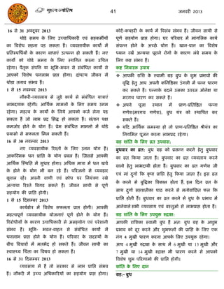 41                                   जनवयी 2013



16 से 31 अक्टू फय 2013                                   कोटा -किहयी क कामा भं त्रवरॊफ सॊबव हं । जीवन साथी से
                                                                      े
       थोडे सभम क सरए उच्िासधकायी एवॊ सहकभॉमं
                 े                                       ऩूणा सहमोग प्राद्ऱ होगा। घय ऩरयवाय भं भाॊगसरक कामा
का त्रवयोध सहना ऩि सकता हं । व्मवसामीक कामो भं           सॊऩन्न होने क अच्छे मोग हं । खान-ऩान का त्रवशेष
                                                                      े
प्रसतस्ऩसधामं क कायण फाधाएॊ उत्ऩन्न हो सकती हं । नए
               े                                         ध्मान यखं अन्मथा ऩूयाने योगो क कायण रॊफे सभम क
                                                                                       े               े
कामो को थोडे सभम क सरए स्थसगत कयना उसित
                  े                                      सरए कष्ट सॊबव हं ।
यहे गा। ऩैतक सॊऩत्रत्त मा बूसभ-बवन से सॊफॊसधत कामो से
           ृ                                             कष्ट सनवायक उऩाम
आऩको त्रवशेष धनराब प्राद्ऱ होगा। दाॊऩत्म जीवन भं          आऩकी यासश क स्वाभी ग्रह फुध क शुब प्रबावो की
                                                                      े                 े
थोडा तनाव सॊबव हं ।                                          वृत्रद्ध हे तु आऩ अऩनी कसनत्रष्ठका उॊ गरी भं ऩन्न धायण
1 से 15 नवम्फय 2013                                          कय सकते हं । ऩन्नाक फदरे उसका उऩयत्न ओनेऺ मा
                                                                                े
       नौकयी-व्मवसाम से जुडे कामा से सॊफॊसधत मािाएॊ          भयगि धायण कय सकते हं ।
राबदामक यहे गी। आसथाक भाभरं क सरए सभम उत्तभ
                             े                            अऩने       ऩूजा    स्थान    भं    प्राण-प्रसतत्रष्ठत   ऩन्ना
यहे गा। भहत्व क कामो क सरमे आऩको कजा रेना ऩड
               े      े                                      गणेश(भयगि गणेश), फुध मॊि को स्थात्रऩत कय
सकता हं जो राब प्रद ससद्ध हो सकता हं । सॊतान ऩऺ              सकते हं ।
कभजोय होने क मोग हं । प्रेभ सॊफसधत भाभरो भं थोडे
            े                  ॊ                          मफद आसथाक सभस्मा हो तो प्राण-प्रसतत्रष्ठत श्रीमॊि का
प्रमासो से सपरता सभर सकती हं ।                               सनमसभत ऩूजन कयना राबप्रद यहे गा।
16 से 30 नवम्फय 2013                                     ग्रह शाॊसत क सरए व्रत उऩवास:
                                                                     े
       नए व्मवसामीक रयश्तं क सरए उत्तभ मोग हं ।
                            े                            फुधवाय का व्रत: फुध ग्रह को प्रसन्न कयने हे तु फुधवाय
आकस्स्भक धन प्रासद्ऱ क मोग प्रफर हं । स्जससे आऩकी
                      े                                  का व्रत फकमा जाता हं । फुधवाय का व्रत व्मवसाम कयने
आसथाक स्स्थसत भं सुधाय होगा। असधक भािा भं धन खिा
                                                         वारो हे तु राबदामी होता हं । फुधवाय का व्रत गणेश जी
क होने क मोग बी फन यहे हं । ऩरयजनो से व्मवहाय
 े      े
                                                         एवॊ भाॊ दगाा फक कृ ऩा प्रासद्ऱ हे तु फकमा जाता हं । इस व्रत
                                                                  ु
कशर यहं । अऩनी वाणी एवॊ क्रोध ऩय सनमॊिण यखे
 ू
                                                         क कयने से फुत्रद्धका त्रवकास होता हं , इस फदन व्रत क
                                                          े                                                  े
अन्मथा रयश्ते त्रफगड सकते हं । जीवन साथी से ऩूणा
                                                         साथ दगाा सद्ऱशतीका ऩाठ कयने से भनोवाॊसछत पर फक
                                                              ु
सहमोग की प्रासद्ऱ होगी।
1 से 15 फदसम्फय 2013                                     प्रासद्ऱ होती हं । फुधवाय का व्रत कयने से फुध क प्रबाव भं
                                                                                                        े

       कामाऺेि भं त्रवशेष सपरता प्राद्ऱ होगी। आऩकी       आनेवारे सबी व्मवसाम एवॊ वस्तुओ से राबप्राद्ऱ होता हं ।
भहत्वऩूणा व्मवसामीक मोजनाएॊ ऩूणा होने क मोग हं ।
                                       े                 ग्रह शाॊसत क सरए उऩमुि रुिाऺ:
                                                                     े
त्रवयोधीमं क कायण उिासधकायी से असहमोग एवॊ ऩये शानी
            े                                            आऩकी यासशका स्वाभी फुध हं अत् फुध ग्रह क अशुब
                                                                                                 े
सॊबव हं । बूसभ- बवन-वाहन        से सॊफॊसधत कामो    भं    प्रबाव को दय कयने औय शुबपरं की प्रासद्ऱ क सरए एक
                                                                    ू                             े
धनराब प्राद्ऱ होने क मोग हं । ऩरयवाय क सदस्मं क
                    े                 े        े         नॊग 4 भुखी धायण कयना आऩक सरए उऩमुि यहे गा।
                                                                                 े
फीि त्रविायं भं भतबेद हो सकते हं । जीवन साथी का          आऩ 4 भुखी रुिाऺ क साथ भं 6 भुखी मा 13 भुखी औय
                                                                          े
स्वास््म सिॊता का त्रवषम हो सकता हं ।                    7 भुखी मा 14 भुखी रुिाऺ बी धायण कयने से आऩको
16 से 31 फदसम्फय 2013                                    त्रवशेष शुब ऩरयणाभो की प्रासद्ऱ होगी।
       व्मवसाम भं हं तो सयकाय से राब प्रासद्ऱ सॊबव       शाॊसत क सरए दान
                                                                े
हं । नौकयी भं उच्ि असधकारयमं का सहमोग प्राद्ऱ होगा।      ग्रह:- फुध
 