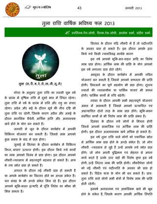 43                                      जनवयी 2013




                                  तुरा यासश वात्रषाक बत्रवष्म पर 2013
                                                          स्वस्स्तक.ऎन.जोशी, फदऩक.ऐस.जोशी, आरोक शभाा, सॊदीऩ शभाा.
                                                                           ससतॊफय क दौयान मफद नौकयी भं हं तो ऩदौन्नसत
                                                                                   े
                                                                    क अवसय प्राद्ऱ हो सकते हं । इस दौयान आऩक द्राया
                                                                     े                                      े
                                                                    फकमे गमे फकसी न्मामत्रवरुद्ध कामाक कायण
                                                                                                      े
                                                                           इस वषा आऩको बूसभ-बव-वाहन आफद का त्रवशेष
                                                                    राब प्राद्ऱ होगा। आसथाक राब की प्रासद्ऱ क मोग आऩको
                                                                                                             े
                                                                    इस वषा रगाताय प्राद्ऱ होते यहं गे।
                                                                           अक्टू फय क दौयान कामाऺि भं आऩकी नत्रवन
                                                                                     े           े
                                                                    मोजनाएॊ फन सकती हं , स्जसभे आऩको सपरता की प्रासद्ऱ
            तुरा (या, यी, रू, ये , यो, ता, ती, तू, ते)              होगी। त्रप्रमजनं का ऩूणा सहमोग बी प्राद्ऱ होगा। दयस्थ
                                                                                                                     ू
                                                                    स्थानं की व्मवसामीक मा धासभाक मािाएॊ बी सपर
        गोिय क अनुसाय तुरा यासश का स्वाभी शुक्र वषा
              े
                                                                    होगी। धासभाक कामं भं रुसि फढ़े गी।
क प्रायॊ ब भं वृस्िक यासश भं दसये बाव भं स्स्थत यहे गा।
 े                            ू
                                                                           नवॊफय क दौयान आऩकी सबी भहत्वऩूणा मोजनाएॊ
                                                                                  े
तुरा यासश भं वषा क प्रायॊ ब भं शसन औय याहु का सॊिाय
                  े
                                                                    अभर भं आसकती हं स्जससे आऩको प्रत्मासशत एवॊ
यहे गा। अप्रेर औय भई क दौयान सूमा की नीि द्दत्रष्ट बी
                      े
                                                                    अप्रत्मासशत दोनं तयह क राब प्राद्ऱ हंगे। बूसभ-बवन
                                                                                          े
तुरा यासश ऩय यहे गी, स्जसक कायण अप्रैर औय अभई क
                          े                    े
                                                                    सॊफॊसधत कामं से बी त्रवशेष राब की प्रासद्ऱ सॊबव हं ।
दौयान भानससक फैिेनी, आसथाक हासन औय अनावश्मक
                                                                           फदसॊफय क दौयान नमे रोगं से सभिता होगी
                                                                                   े
खिा होने क मोग फन सकते हं ।
          े
                                                                    स्जस्से आऩको साभास्जक एवॊ आसथाक राब की प्रासद्ऱ
        जनवयी से जून क दौयान कामाऺेि भं आऩकी
                      े
                                                                    होगी। इस दौयान अअनावश्मक खिा असधक हो सकते हं ।
त्रवसबन्न मोजनाएॊ फन सकती हं । स्जससे राब आऩको
                                                                           इस वषा तुरा यासश वारे रोगं को एकासधक स्त्रोोत
कछ सभम क फाद भं प्राद्ऱ होगा।
 ु      े
                                                                    से आसथाक राब प्राद्ऱ होने क अच्छे सॊकत हं । जो रोग
                                                                                               े         े
        जुराई से ससतॊफय क दौयान कामाऺेि भं त्रवसबन्न
                         े
                                                                    नौकयी -व्मवसाम से जुडे़ हं उन्हं आमक नमे स्त्रोोत प्राद्ऱ
                                                                                                        े
त्रवघ्न, फाधाएॊ उत्ऩन्न होगी। इस दौयान फकमे गमे कामं
                                                                    हंगे। जो रोग अऩनी फुत्रद्धभत्ता एवॊ भेहनत से अऩना
का राब आऩको त्रवरॊफ से प्राद्ऱ होगा। इस दौयान आऩको
                                                                    कामा कयते हं उनक उऩय ग्रहं की त्रवशेष कृ ऩा इस वषा
                                                                                    े
नौकयी-व्मवसाम भं भहत्वऩूणा फदराव हो सकते हं । आम
                                                                    होगी, उन्हं सनयॊ तय राब की प्रासद्ऱ होगी। नौकयीऩेशा रोगं
क नम स्त्रोोत प्राद्ऱ हो सकते हं ।
 े
                                                                    को नई नौकयी एवॊ ऩदौन्नसत क अवसय बी प्राद्ऱ हो
                                                                                              े
        अगस्त क दौयान नई नौकयी प्राद्ऱ हो सकती हं
               े
                                                                    सकते हं । त्रवदे श मािा क मोग बी फन सकते हं । प्राम्
                                                                                             े
मा आऩक कामाऺेि का त्रवस्ताय होने का अच्छा सॊकत हं ।
      े                                      े
                                                                    तुरा यासश वारे रोगं सबी ऺेिं भं त्रवशेष राब की प्रासद्ऱ
धन सॊग्रह क बी अच्छे सॊकत सभर यहे हं । इस दौयान
           े            े
                                                                    होती यहे गी।
आऩको बूसभ-बवन इत्माफद भं ऩूॊस्ज सनवेश का भौका बी
                                                                           इसवषा अनावश्मक एवॊ आकस्स्भक खिा बी खुफ
सभर सकता हं ।
                                                                    होने क सॊकत हं , स्जसक कायण आऩकी आसथाक स्स्थसत
                                                                          े   े           े
 