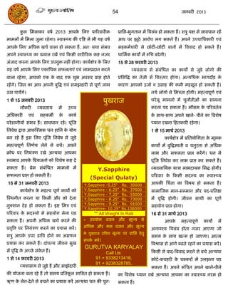 54                                      जनवयी 2013



        कर सभराकय वषा 2013 आऩक सरए ऩारयवायीक
         ु                    े                                   प्रासद्ऱ-बुगतान भं त्रवरॊफ हो सकता हं । शिु ऩऺ से सावधान यहं
भाभरं भं सभरा जुरा यहे गा। स्वास््म की दृत्रष्ट से बी मह वषा      आऩ ऩय झूठे आयोऩ रग सकते हं । अऩने उच्िासधकायी एवॊ
आऩक सरए असधक खिा वारा हो सकता हं , अत् मथा सॊबव
   े                                                              सहकभािायी से छोटी-छोटी फातं भं त्रववाद हो सकते हं ।
अऩने स्वास््म का ख्मार यखं एवॊ फकसी शायीरयक कष्ट नज़य              धासभाक कामो भं रुसि फढे गी।
अॊजाद कयना आऩक सरए उऩमुि नहीॊ होगा। कामाऺेि क सरए
              े                              े                    15 से 28 फ़यवयी 2013
मह वषा आऩक सरए एकासधक सपरताएॊ एवॊ राबप्रदान कयने
          े                                                               व्मवसाम से सॊफॊसधत का कामं से जुडे रोगो की
वारा यहे गा, आऩको एक क फाद एक शुब अवसय प्राद्ऱ होते
                      े                                           प्रससत्रद्ध का तेजी से त्रवस्ताय होगा। अत्मसधक बागदौि के
यहं गे। स्जस का आऩ अऩनी फुत्रद्ध एवॊ सभझदायी से ऩूणा राब          कायण आऩको उजाा व उसाह की कभी भहसूस हो सकती हं ।
उठा ऩामंगे।                                                                          नमे रोगो से सभिता होगी। भहत्वऩूणा एवॊ
1 से 15 जनवयी 2013                                        ऩुखयाज                     घये रू भाभरो भं िुनौतीओॊ का साभना
        नौकयी       व्मवसाम     भं   उच्ि                                            कयना ऩड सकता हं । भौसभ क ऩरयवतान
                                                                                                             े
असधकायी       एवॊ     सहकभॉ     के   कामा                                            क साथ-साथ अऩने खाने- ऩीने का त्रवशेष
                                                                                      े
ऩये शानीमं सॊबव हं । सावधान यहं । ऩूॊस्ज                                             ध्मान यखना फहतकायी यहे गा।
सनवेश द्राया आकस्स्भक धन हासन क मोग
                               े                                                     1 से 15 भािा 2013
फन यहे हं इस सरए ऩूॊस्ज सनवेष से जुडे                                                        कामाऺेि भं प्रसतमोसगता क भूरक
                                                                                                                     े
भहत्वऩूणा सनणाम रेने से फिं। अऩने                                                    कामो भं फुत्रद्धभानी व ितुयता से असधक
क्रोध ऩय सनमॊिण यखे अन्मथा आऩका                                                      राब औय सपरता प्राद्ऱ कयं गे। धन से
स्वबाव आऩक त्रप्रमजनो को त्रवशेष कष्ट दे
          े                                                                          ऩूॊस्ज सनवेश कय राब प्राद्ऱ कय सकते हं ।
सकता हं । प्रेभ सॊफॊसधत भाभरो भं                     Y.Sapphire                      व्मवसासमक मािा राबदामक ससद्ध होगी।
सपरता प्राद्ऱ हो सकती हं ।                                                           ऩरयवाय क फकसी सदस्म का स्वास््म
                                                                                             े
                                                (Special Qulaty)
16 से 31 जनवयी 2013                          Y.Sapphire -5.25"      Rs. 30000        आऩकी सिॊता का त्रवषम हो सकता हं ।
        कामाऺेि क भहत्व ऩूणा कामो को
                 े                           Y.Sapphire - 6.25"     Rs. 37000        साभास्जक भान-सम्भान औय ऩद-प्रसतष्ठा
                                             Y.Sapphire - 7.25"     Rs. 55000
स्स्थगीत कयना मा फकसी औय को दे ना            Y.Sapphire - 8.25"     Rs. 73000        भं वृत्रद्ध होगी। जीवन साथी का ऩूणा
                                             Y.Sapphire - 9.25"     Rs. 91000
नुक्शान दे ह हो सकता हं । इष्ट सभि एवॊ                                               सहमोग प्राद्ऱ होगा।
                                             Y.Sapphire- 10.25"     Rs.108000
ऩरयवाय क सदस्मो से सहमोग रेना ऩि
        े                                          ** All Weight In Rati             16 से 31 भािा 2013
सकता हं । अऩनी असधक खिा कयने की              * उऩमोि वजन औय             भूल्म से             आऩके     भहत्वऩूणा     कामो     भं
प्रवृत्रत्त ऩय सनमॊिण कयने का प्रमास कयं ।   असधक औय कभ वजन औय भूल्म
                                                                                     अनावश्म त्रवरॊफ होता नजय आएगा जो
                                             क ऩुखयाज उसित भूल्म ऩय प्रासद्ऱ हे तु
                                              े
शिु आऩक उऩय हात्रव होने का असपर
       े                                                                             सभम क साथ खत्भ हो जाएगा। आत्भ
                                                                                          े
                                             सॊऩक कयं ।
                                                 ा
प्रमास कय सकते हं । दाॊऩत्म जीवन सुख                                                 त्रवश्वास से आगे फढते यहने का प्रमास कयं ।
                                             GURUTVA KARYALAY
भं वृत्रद्ध क अच्छे सॊकत हं ।
             े         े                                 Call Us:                    फकसी से वाद-त्रववाद कयने से फिे अन्मथा
1 से 14 फ़यवयी 2013                                 91 + 9338213418,                 कोटा -किहयी क िक्कयं भं उरझना ऩड
                                                                                                  े
                                                    91 + 9238328785,
        व्मवासाम से जुडे हं औय साझेदायी                                              सकता हं । अऩने सॊसित अऩने खाने-ऩीने
की मोजना फना यहे हं तो सभम प्रसतकर सात्रफत हो सकता हं ।
                                 ू                                का त्रवशेष ध्मान यखे अन्मथा आऩका का स्वास््म नयभ हो
ऋण क रेन-दे ने से फिने का प्रमास कयं अन्मथा धन की ऩुन्
    े                                                             सकता हं ।
 