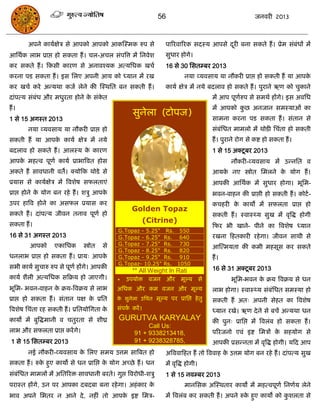 56                                         जनवयी 2013



       अऩने कामाऺेि से आऩको आऩको आकस्स्भक रुऩ से                    ऩारयवारयक सदस्म आऩसे दयी फना सकते हं । प्रेभ सॊफॊधं भं
                                                                                          ू
आसथाक राब प्राद्ऱ हो सकता हं । िर-अिर सॊऩत्रत्त भं सनवेश            सुधाय होगे।
कय सकते हं । फकसी कायण से अनावश्मक अत्मसधक खिा                      16 से 30 ससतम्फय 2013
कयना ऩड सकता हं । इस सरए अऩनी आम को ध्मान भं यख                               नमा व्मवसाम मा नौकयी प्राद्ऱ हो सकती हं मा आऩके
कय खिा कये अन्मथा कजा रेने की स्स्थसत फन सकती हं ।                  कामा ऺेि भं नमे फदराव हो सकते हं । ऩुयाने ऋण को िुकाने
दाॊऩत्म सॊफॊध औय भधुयता होने क सॊकत
                              े   े                                                     भं आऩ ऩूणरुऩ से सभथा हंगे। इस अवसध
                                                                                                 ा
हं ।                                                                                    भं आऩको कछ अनजान सभस्माओॊ का
                                                                                                 ु
                                                     सुनेरा (टोऩज)
1 से 15 अगस्त 2013                                                                      साभना कयना ऩड सकता हं । सॊतान से
       नमा व्मवसाम मा नौकयी प्राद्ऱ हो                                                  सॊफॊसधत भाभरो भं थोडी सिॊता हो सकती
सकती हं मा आऩक कामा ऺेि भं नमे
              े                                                                         हं । ऩुयाने योग से कष्ट हो सकता हं ।
फदराव हो सकते हं । आरस्म क कायण
                          े                                                             1 से 15 अक्टू फय 2013
आऩक भहत्व ऩूणा कामा प्राबात्रवत होस
   े                                                                                            नौकयी-व्मवसाम भं उन्नसत व
अकते हं सावधानी वते। क्मोफक थोडे से                                                     आमक नए स्त्रोोत सभरने क मोग हं ।
                                                                                           े                   े
प्रमास से कामाऺेि भं त्रवशेष सपरताएॊ                                                    आऩकी आसथाक भं सुधाय होगा। बूसभ-
प्राद्ऱ होने क मोग फन यहे हं । शिु आऩक
              े                       े                                                 बवन-वाहन की प्राद्ऱी हो सकती हं । कोटा -
उऩय हात्रव होने का असपर प्रमास कय                                                       किहयी क कामो भं सपरता प्राद्ऱ हो
                                                                                               े
                                                     Golden Topaz
सकते हं । दाॊऩत्म जीवन तनाव ऩूणा हो                                                     सकती हं । स्वास््म सुख भं वृत्रद्ध होगी
                                                            (Citrine)
सकता हं ।                                                                               फपय बी खाने- ऩीने का त्रवशेष ध्मान
                                               G.Topaz - 5.25"      Rs. 550
16 से 31 अगस्त 2013                            G.Topaz - 6.25"     Rs. 640              यखना फहतकायी यहे गा। जीवन साथी से
        आऩको      एकासधक       स्त्रोोत   से   G.Topaz - 7.25"     Rs. 730
                                                                                        आस्त्भमता की कभी भहसूस कय सकते
                                               G.Topaz - 8.25"     Rs. 820
धनराब प्राद्ऱ हो सकता हं । प्राम् आऩके         G.Topaz - 9.25"     Rs. 910              हं ।
                                               G.Topaz- 10.25"     Rs. 1050
सबी कामा सुिारु रुऩ से ऩूणा हंगे। आऩकी                                                  16 से 31 अक्टू फय 2013
                                                     ** All Weight In Rati
कामा शैरी अत्मसधक सफक्रम हो जाएगी।             * उऩमोि वजन औय               भूल्म से            बूसभ-बवन क क्रम त्रवक्रम से धन
                                                                                                          े
बूसभ- बवन-वाहन क क्रम-त्रवक्रम से राब
                े                              असधक औय कभ वजन औय भूल्म                  राब होगा। स्वास््म सॊफॊसधत सभस्मा हो
प्राद्ऱ हो सकता हं । सॊतान ऩऺ क प्रसत
                               े               क सुनेरा उसित भूल्म ऩय प्रासद्ऱ हे तु
                                                े                                       सकती हं अत् अऩनी सेहत का त्रवशेष
त्रवशेष सिॊता यह सकती हं । प्रसतमोसगता के      सॊऩक कयं ।
                                                   ा                                    ध्मान यखे। ऋण दे ने से फिं अन्मथा धन
कामो भं फुत्रद्धभानी व ितुयता से शीघ्र         GURUTVA KARYALAY                         की ऩुन् प्रासद्ऱ भं त्रवरॊफ हो सकता हं ।
                                                           Call Us:
राब औय सपरता प्राद्ऱ कयं गे।                          91 + 9338213418,                  ऩरयजनो एवॊ इष्ट सभिं क सहमोग से
                                                                                                              े
 1 से 15 ससतम्फय 2013                                 91 + 9238328785,                  आऩकी प्रसन्नता भं वृत्रद्ध होगी। मफद आऩ
       नई नौकयी-व्मवसाम क सरए सभम उत्तभ सात्रफत हो
                         े                                          अत्रववाफहत हं तो त्रववाह क उत्तभ मोग फन यहे हं । दाॊऩत्म सुख
                                                                                              े
सकता हं । रुक हुए कामो से धन प्रासद्ऱ क मोग अच्छे हं । धन
             े                         े                            भं वृत्रद्ध होगी।
सॊफॊसधत भाभरं भं असतरयि सावधानी फयते। गुद्ऱ त्रवयोधी-शिु            1 से 15 नवम्फय 2013
ऩयास्त हंगे, उन ऩय आऩका दफदफा फना यहे गा। अहॊ काय के                          भानससक अस्स्थताय कामो भं भहत्वऩूणा सनणाम रेने
बाव अऩने सबतय न आने दे , नहीॊ तो आऩक इष्ट सभि-
                                    े                               भं त्रवरॊफ कय सकती हं । अऩने रुक हुए कामो को कशरता से
                                                                                                    े             ु
 