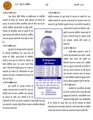 60                                       जनवयी 2013



16 से 31 भािा 2013                                                  1 से 15 भई 2013

         इस दौयान ऩूस्ज सनवेश मा बूसभ-बवन से सॊफॊसधत
                    ॊ                                               नौकयी-व्मवसाम से जुडे कामं भं फाधाएॊ हो सकती हं । धन
भाभरो भं सतक यहे अन्मथा बायी नुक्शान हो सकता हं ।
            ा                                                       सॊफॊधी भाभरं भं अनजान सभस्माओॊ का साभना कयना ऩड
भहत्व क कामो क सरमे अत्मसधक खिा क मोग फन यहे हं ।
       े      े                  े                                  सकता हं । गुद्ऱ त्रवयोधी-शिुओॊ क कायण धन हासन हो सकती हं ।
                                                                                                    े
आऩक बौसतक सुख-साधनो भं वृत्रद्ध होगी।
   े
                                                                                          अऩनी वाणी एवॊ क्रोध ऩय सनमॊिण यखे।
ऩरयवाय भं भाॊगसरक कामा हो सकते हं एवॊ
                                                               नीरभ                       ऩुयानी स्वास््म सॊफॊसधत सभस्माओॊ के
शुब सभािाय की प्रासद्ऱ हो सकती हं । धासभाक
                                                                                          कायण ऩये शानी सॊबव हं । जीवन साथी
मािा मा दयस्थ स्थानो की मािा होने क मोग
         ू                         े
                                                                                          का व्मवहाय आऩक प्रसत कठोय हो
                                                                                                        े
हं ।
                                                                                          सकता हं ।
1 से 15 अप्रैर 2013
                                                                                          16 से 31 भई 2013
        ऩूवा कार से रुक हुवे कामा क ऩूणा होने
                       े           े
                                                                                                 छोटी-छोटी सभस्माए आने के
से आऩको आकस्स्भक धन राब प्राद्ऱ हो
                                                                                          उऩयाॊत बी काभमाफी प्राद्ऱ होगी। अऩनी
सकता हं । बूसभ- बवन-वाहन से सॊफॊसधत
                                                                                          असधक खिा कयने की प्रवृत्रत्त ऩय
कामं से राब प्राद्ऱ हो सकता हं । ऩरयवाय के                 B.Sapphire
                                                             (M.Fine)                     सनमॊिण कयने का प्रमास कयं । धासभाक
साथ धासभाक मािा ऩय जाना उत्तभ ससद्ध
                                                B.Sapphire - 5.25"        Rs. 3000        मािा मा दयस्थ स्थानो की मािा होने क
                                                                                                   ू                         े
यहे गा। ऩरयवाय क फकसी सदस्म का स्वास््म
                े                               B.Sapphire - 6.25"        Rs. 3700
                                                B.Sapphire - 7.25"        Rs. 5500        मोग हं । अऩने स्वास््म का बी खमार
कभजोय हो सकता हं । जीवनसाथी का ऩूणा             B.Sapphire - 8.25"        Rs. 7300
                                                B.Sapphire - 9.25"        Rs. 9100        यखं अन्मथा स्वास््म नयभ हो सकता
सहमोग प्राद्ऱ होगा। प्रेभप्रसॊगो भं सपरता के    B.Sapphire- 10.25"        Rs.10800
                                                                                          हं । प्रेभ सॊफॊसधत भाभरं भं सुधाय होगा।
मोग फन यहे हं ।                                         ** All Weight In Rati
                                                * उऩमोि वजन औय भूल्म से असधक
                                                                                          दाॊऩत्म जीवन सुखभम यहने क मोग हं ।
                                                                                                                   े
16 से 30 अप्रैर 2013                            औय कभ वजन औय भूल्म का नीरभ
                                                उसित भूल्म ऩय प्रासद्ऱ हे तु सॊऩक कयं ।
                                                                                 ा        1 से 15 जून 2013
        इस अवसध भं आऩको प्रमासो के
                                                   GURUTVA KARYALAY                              कामाऺेि भं अत्मसधक बागदौि
अनुरुऩ धनराब प्राद्ऱ हो सकते हं । शिु एवॊ                     Call Us:
                                                         91 + 9338213418,                 क कायण आऩको उजाा व उसाह की कभी
                                                                                           े
त्रवयोधी ऩऺ क कायण आसथाक ऩऺ कभजोय
             े
                                                         91 + 9238328785,
                                                                                          भहसूस हो सकती हं । व्मवसासमक मािा
हो सकता हं । मफद आऩ नौकयी भं हं तो
                                                                                          राबदामक ससद्ध होगी। आऩ अत्रववाफहत
ऩदौन्नसत क मोग फन यहे हं । व्मवसाम भं भहत्वऩूणा ऩद प्राद्ऱ
          े
                                                                    हं तो त्रववाह क उत्तभ मोग फन यहे हं । ऩरयवाय क फकसी
                                                                                   े                              े
कय सकते हं । आऩका कोई ऩरयजन स्वास््म सॊफॊसधत ऩये शानी
                                                                    सदस्मक साथ भं भतबेद सॊबव हं । अऩने खाने-ऩीने का त्रवशेष
                                                                          े
से ग्रस्त हो सकता हं ।
                                                                    ध्मान यखे अन्मथा आऩका का स्वास््म नयभ हो सकता हं ।
 