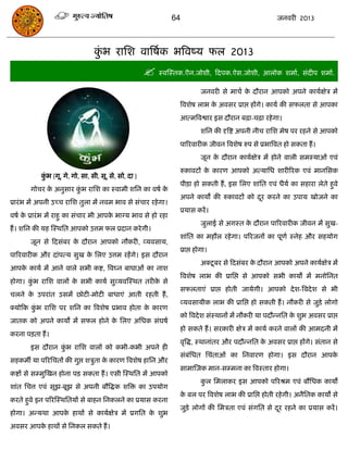 64                                       जनवयी 2013




                                 कब यासश वात्रषाक बत्रवष्म पर 2013
                                  ुॊ
                                                       स्वस्स्तक.ऎन.जोशी, फदऩक.ऐस.जोशी, आरोक शभाा, सॊदीऩ शभाा.
                                                                          जनवयी से भािा क दौयान आऩको अऩने कामाऺेि भं
                                                                                         े
                                                                 त्रवशेष राब क अवसय प्राद्ऱ हंगे। कामा की सपरता से आऩका
                                                                              े
                                                                 आत्भत्रवश्वाय इस दौयान फढ़ा-िढ़ा यहे गा।
                                                                          शसन की दृत्रष्ट अऩनी नीि यासश भेष ऩय यहने से आऩको
                                                                 ऩारयवायीक जीवन त्रवशेष रुऩ से प्रबात्रवत हो सकता हं ।
                                                                          जून क दौयान कामाऺेि भं होने वारी सभस्माओॊ एवॊ
                                                                               े
                                                                 रुकावटं क कायण आऩको अत्मासध शायीरयक एवॊ भानससक
                                                                          े
           कब (गू, गे, गो, सा, सी, सू, से, सो, दा )
            ुॊ
                                                                 ऩीिा हो सकती हं , इस सरए शाॊसत एवॊ धैमा का सहाया रेते हुवे
       गोिय क अनुसाय कब यासश का स्वाभी शसन का वषा क
             े        ुॊ                           े
                                                                 अऩने कामं की रुकावटं को दय कयने का उऩाम खोजने का
                                                                                          ू
प्रायॊ ब भं अऩनी उच्ि यासश तुरा भं नवभ बाव से सॊिाय यहे गा।
                                                                 प्रमास कयं ।
वषा क प्रायॊ ब भं याहु का सॊिाय बी आऩक बाग्म बाव से हो यहा
     े                                े
                                                                          जुराई से अगस्त क दौयान ऩारयवायीक जीवन भं सुख-
                                                                                          े
हं । शसन की मह स्स्थसत आऩको उत्तभ पर प्रदान कये गी।
                                                                 शाॊसत का भहौर यहे गा। ऩरयजनं का ऩूणा स्नेह औय सहमोग
       जून से फदसॊफय क दौयान आऩको नौकयी, व्मवसाम,
                      े
                                                                 प्राद्ऱ होगा।
ऩारयवायीक औय दाॊऩत्म सुख क सरए उत्तभ यहं गे। इस दौयान
                          े
                                                                          अक्टू फय से फदसॊफय क दौयान आऩको अऩने कामाऺेि भं
                                                                                              े
आऩक कामा भं आने वारे सबी कष्ट, त्रवघ्न फाघाओॊ का नाश
   े
                                                                 त्रवशेष राब की प्रासद्ऱ से आऩको सबी कामं भं भनोसनत
होगा। कब यासश वारं क सबी कामा सुव्मवस्स्थत तयीक से
       ुॊ           े                          े
                                                                 सपरताएॊ प्राद्ऱ होती जामेगी। आऩको दे श-त्रवदे श से बी
िरने क उऩयाॊत उसभं छोटी-भोटी फाधाएॊ आती यहती हं ,
      े
                                                                 व्मवसामीक राब की प्रासद्ऱ हो सकती हं । नौकयी से जुिे रोगो
क्मोफक कब यासश ऩय शसन का त्रवशेष प्रबाव होता क कायण
        ुॊ                                    े
                                                                 को त्रवदे श सॊस्थानं भं नौकयी मा ऩदौन्नसत क शुब अवसय प्राद्ऱ
                                                                                                            े
जातक को अऩने कामं भं सपर होने क सरए असधक सॊघषा
                               े
                                                                 हो सकते हं । सयकायी ऺेि भं कामा कयने वारं की आभदनी भं
कयना ऩिता हं ।
                                                                 वृत्रद्ध, स्थानाॊतय औय ऩदौन्नसत क अवसय प्राद्ऱ हंगे। सॊतान से
                                                                                                  े
       इस दौयान कब यासश वारं को कबी-कबी अऩने ही
                 ुॊ
                                                                 सॊफॊसधत सिॊताओॊ का सनवायण होगा। इस दौयान आऩके
सहकभॉ मा ऩरयसितं की गुद्ऱ शिुता क कायण त्रवशेष हासन औय
                                 े
                                                                 साभास्जक भान-सम्भना का त्रवस्ताय होगा।
कष्टं से सम्भुस्खन होना ऩि सकता हं । एसी स्स्थसत भं आऩको
                                                                          कर सभराकय इस आऩको ऩरयश्रभ एवॊ फौसधक कामं
                                                                           ु
शाॊत सित्त एवॊ सूझ-फूझ से अऩनी फौत्रद्धक शत्रि का उऩमोग
                                                                 क फर ऩय त्रवशेष राब की प्रासद्ऱ होती यहे गी। अनैसतक कामं से
                                                                  े
कयते हुवे इन ऩरयस्स्थसतमं से फाहन सनकरने का प्रमास कयना
                                                                 जुिे रोगं की सभिता एवॊ सॊगसत से दय यहने का प्रमास कयं ।
                                                                                                  ू
होगा। अन्मथा आऩक हाथं से कामाऺेि भं प्रगसत क शुब
                े                           े
अवसय आऩक हाथं से सनकर सकते हं ।
        े
 