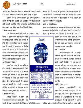 65                                      जनवयी 2013



अन्मथा आऩ फकसी फिे सॊकट मा सभस्मा से ग्रस्त हो सकते                 आऩक सरए त्रवशेष रुऩ से नुकशान दे ने वारा हो सकता हं ।
                                                                       े
हं । स्जसका अपसोस आऩको रम्फे सभम तक होता यहे गा।                    जीवन साथी क साथ व्मवहाय अच्छा यखे अन्मथा सभस्माओॊ
                                                                               े
       उसित कामा से आऩक बौसतक सुख-साधन औय धन-
                       े                                            का साभना कय सकते हं । हं । ऩरयवाय भं फकसी सदस्म का
सॊऩत्रत्त भं वृत्रद्ध होती जामेगी औय अनुसित कभा से इसभं कभी         स्वास््म सिॊसतत कय सकता हं ।
होती जामेगी इस सरए उसित कामा कयने वारी नीसत अऩनामे                  15 से 28 फ़यवयी 2013
रम्फे सभम तक त्रवशेष राब की प्रासद्ऱ होती यहे गी।                    कछ रुकावटो क फाद भं व्मवसाम भं धन राब प्राद्ऱ होगा।
                                                                      ु          े
1 से 15 जनवयी 2013                                                  बायी भािा भं ऩूॊस्ज सनवेश मा बूसभ-बवन से सॊफॊसधत भाभरो भं
       आऩको कामा ऺेि भं दे श-त्रवशेष से नमे अवसय प्राद्ऱ हो         सतक यहे अन्मथा बायी नुक्शान हो सकता हं । सभाज भं
                                                                       ा
सकते हं । आकस्स्भक धन प्रासद्ऱ क मोग
                                े                                                      आऩक नाभ-प्रसतष्ठा फनाए यखने क सरमे
                                                                                          े                         े
फन यहे हं । आऩक बौसतक सुख-साधनो भं
               े                                            नीरभ                       त्रवशेष ध्मान यखना िाफहमे। अऩने खाने-
वृत्रद्ध होगी। व्मवसासमक मािा भं सपरता                                                 ऩीने का ध्मान यखे अन्मथा आऩका का
प्राद्ऱ हो सकती हं । खान-ऩान का त्रवशेष                                                स्वास््म नयभ हो सकता हं ।
ध्मान यखं अन्मथा ऩूयाने योगो क कायण
                              े                                                        1 से 15 भािा 2013
रॊफे सभम क सरए कष्ट सॊबव हं । ऩरयवाय
          े                                                                                   नौकयी-व्मवसाम      क भहत्वऩूणा
                                                                                                                  े
भं भाॊगसरक कामा सॊऩन्न होने क अच्छे
                             े                                                         जोस्खभ बये कामा कयने से फिे। कोटा -
मोग हं । दाॊऩत्म जीवन सुखभम यहे गा।                                                    किहयी क कामो भं असतरयि सावधानी
                                                                                              े
16 से 31 जनवयी 2013                                                                    फयते। अऩने त्रवयोधी एवॊ शिु ऩऺ से
       एकासधक स्त्रोोत से धन प्रासद्ऱ के                                               सावधान यहं आऩ ऩय झूठे आयोऩ रग
                                                        B.Sapphire
मोग फन यहे हं । भहत्व क कामो क सरमे
                       े      े                                                        सकते हं । धासभाक मािा मा दयस्थ स्थानो
                                                                                                                 ू
                                                    (Special Qulaty)
अत्मसधक खिा क मोग फन यहे हं । आऩक
             े                   े                                                     की मािा होने क मोग हं । ऩरयवाय क फकसी
                                                                                                     े                 े
                                              B.Sapphire - 5.25"       Rs. 30000
बौसतक सुख-साधनो भं वृत्रद्ध होगी। सभि         B.Sapphire - 6.25"       Rs. 37000       सदस्म का स्वास््म कभजोय हो सकता हं ।
                                              B.Sapphire - 7.25"       Rs. 55000
एवॊ ऩरयवाय क रोगो का सहमोग प्राद्ऱ
            े                                 B.Sapphire - 8.25"       Rs. 73000       जीवन साथी क साथ सॊफॊधं भं भधुयता
                                                                                                  े
                                              B.Sapphire - 9.25"       Rs. 91000
होगा। प्रेभ सॊफॊसधत भाभरो भं सपरता            B.Sapphire- 10.25"       Rs.108000       आएगी।
                                                     ** All Weight In Rati
प्राद्ऱ हो सकती हं । ऩुयानी स्वास््म         * उऩमोि वजन औय भूल्म से असधक
                                                                                       16 से 31 भािा 2013
सॊफॊसधत सभस्माओॊ का सनवायण होगा।             औय कभ वजन औय भूल्म का नीरभ                       आऩके          उच्िासधकायी    एवॊ
                                             उसित भूल्म ऩय प्रासद्ऱ हे तु सॊऩक कयं ।
                                                                              ा
दाॊऩत्म जीवन सुखभम यहने क मोग हं ।
                         े                                                             सहकभॉमं से सॊफॊध प्रसतकर होने क
                                                                                                              ू       े
                                                GURUTVA KARYALAY
1 से 14 फ़यवयी 2013                                        Call Us:                    सॊकत हं । अत् व्मवहय कशर यहे । अऩने
                                                                                          े                  ू
                                                      91 + 9338213418,
       नौकयी-व्मवसाम भं फकमे गमे                                                       कामाऺेि भं आत्भत्रवश्वास क फर ऩय
                                                                                                                 े
                                                      91 + 9238328785,
प्रमासो से ऩूणा सपरता प्राद्ऱ होगी। इस                                                 अऩनी आम भं वृत्रद्ध कय सकते हं । अऩनी
अवसध भं िर-अिर सॊऩत्रत्त भं जोस्खभ बये ऩूॊस्ज सनवेश कयना            असधक खिा कयने की प्रवृत्रत्त ऩय सनमॊिण कयने का प्रमास कयं ।
 
