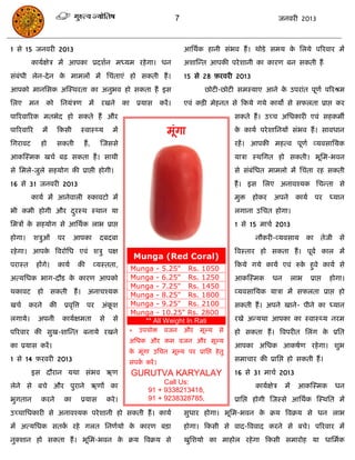 7                                    जनवयी 2013



1 से 15 जनवयी 2013                                                                          आसथाक हानी सॊबव हं । थोडे सभम क सरमे ऩरयवाय भं
                                                                                                                           े
         कामाऺेि भं आऩका प्रदशान भध्मभ यहे गा। धन                                           अशास्न्त आऩकी ऩये शानी का कायण फन सकती हं
सॊफॊधी रेन-दे न क भाभरं भं सिॊताएॊ हो सकती हं ।
                 े                                                                          15 से 28 फ़यवयी 2013
आऩको भानससक अस्स्थयता का अनुबव हो सकता हं इस                                                      छोटी-छोटी सभस्माए आने क उऩयाॊत ऩूणा ऩरयश्रभ
                                                                                                                         े
सरए      भन      को       सनमॊिण              भं    यखने         का    प्रमास   कयं ।       एवॊ किी भेहनत से फकमे गमे कामो से सपरता प्राद्ऱ कय
ऩारयवारयक भतबेद हो सकते हं औय                                                                              सकते हं । उच्ि असधकायी एवॊ सहकभॉ
ऩारयवारय        भं        फकसी            स्वास््म         भं                      भूॊगा                   क कामा ऩये शासनमं सॊबव हं । सावधान
                                                                                                            े
सगयावट        हो          सकती             हं ,     स्जससे                                                 यहं । आऩकी भहत्व ऩूणा व्मवसासमक
आकस्स्भक खिा फढ़ सकता हं । साथी                                                                            मािा स्थसगत हो सकती। बूसभ-बवन
से सभरे-जुरे सहमोग की प्राद्ऱी होगी।                                                                       से सॊफसधत भाभरो भं सिॊता यह सकती
                                                                                                                 ॊ
16 से 31 जनवयी 2013                                                                                        हं । इस सरए अनावश्मक सिन्ता से
         कामा भं आनेवारी रुकावटो भं                                                                        भुि     होकय   अऩने       कामा      ऩय     ध्मान
बी कभी होगी औय दयस्थ स्थान मा
                ु                                                                                          रगाना उसित होगा।
सभिं क सहमोग से आसथाक राब प्राद्ऱ
      े                                                                                                    1 से 15 भािा 2013
होगा।      शिुओॊ          ऩय      आऩका              दफदफा                                                          नौकयी-व्मवसाम          का      तेजी   से
यहे गा। आऩक त्रवयोसध एवॊ शिु ऩऺ
           े                                                                                               त्रवस्ताय हो सकता हं । ऩूवा कार भं
                                                                      Munga (Red Coral)
ऩयास्त     हंगे।          कामा       की           व्मस्तता,                                                फकमे गमे कामा एवॊ रुक हुवे कामा से
                                                                                                                                े
                                                                      Munga - 5.25" Rs. 1050
अत्मसधक बाग-दौड क कायण आऩको
                 े                                                    Munga - 6.25" Rs. 1250               आकस्स्भक       धन        राब     प्राद्ऱ   होगा।
                                                                      Munga - 7.25" Rs. 1450
थकावट       हो सकती हं ।                     अनािश्मक                 Munga - 8.25" Rs. 1800               व्मवसासमक मािा भं सपरता प्राद्ऱ हो
खिा      कयने        की     प्रवृत्रत्त     ऩय       अॊकश
                                                        ू             Munga - 9.25" Rs. 2100               सकती हं । अऩने खाने - ऩीने का ध्मान
                                                                      Munga - 10.25" Rs. 2800
रगामे।      अऩनी           कामाऺभता                 से     से            ** All Weight In Rati             यखे अन्मथा आऩका का स्वास््म नयभ
ऩरयवाय की सुख-शास्न्त फनामे यखने                                  * उऩमोि वजन औय                भूल्म से   हो सकता हं । त्रवऩयीत सरॊग क प्रसत
                                                                                                                                       े
                                                                  असधक औय कभ वजन औय भूल्म
का प्रमास कयं ।                                                                                            आऩका असधक आकषाण यहे गा। शुब
                                                                  क भूॊगा उसित भूल्म ऩय प्रासद्ऱ हे तु
                                                                   े
1 से 14 फ़यवयी 2013                                               सॊऩक कयं ।
                                                                      ा
                                                                                                           सभािाय की प्रासद्ऱ हो सकती हं ।
         इस दौयान मथा सॊबव ऋण                                         GURUTVA KARYALAY                     16 से 31 भािा 2013
                                                                                Call Us:
रेने से फिे औय ऩुयाने ऋणं का                                                                                       कामाऺेि     भं    आकस्स्भक            धन
                                                                           91 + 9338213418,
बुगतान        कयने          का            प्रमास         कये ।             91 + 9238328785,                प्रासद्ऱ होगी स्जस्से आसथाक स्स्थसत भं
उच्िासधकायी से अनावश्मक ऩये शानी हो सकती हं । कामा                                          सुधाय होगा। बूसभ-बवन क क्रम त्रवक्रम से धन राब
                                                                                                                  े
भं अत्मसधक सतक यहे गरत सनणामो क कायण फिा
              ा                े                                                            होगा। फकसी से वाद-त्रववाद कयने से फिे। ऩरयवाय भं
नुक्शान हो सकता हं । बूसभ-बवन क क्रम त्रवक्रम से
                               े                                                            खुसशमो का भाहोर यहे गा फकसी सभायोह मा धासभाक
 