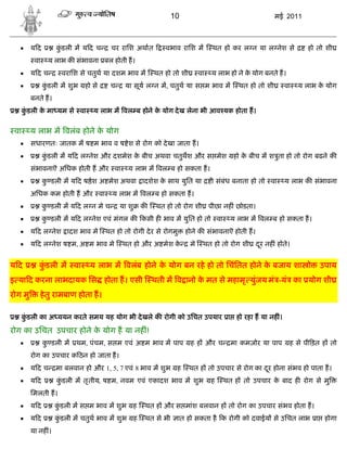 10                                       मई 2011



        यद         कडली म य द च
                     ुं                चर रािश अथात        वभाव रािश म          थत हो कर ल न या ल नेश से         हो तो शी
          वा    य लाभ क संभावना बल होती ह।
        यदच         वरािश से चतुथ या दशम भाव म        थत हो तो शी         वा   य लाभ हो ने क योग बनते ह।
                                                                                             े
              कडली म शुभ
                ुं           हो से    च     या सूय ल न म, चतुथ या स म भाव म              थत हो तो शी     वा   य लाभ क योग
                                                                                                                     े
         बनते ह।
   कडली क मा यम से वा
    ुं   े                      य लाभ म वल ब होने क योग दे ख लेना भी आव यक होता ह।
                                                   े


 वा      य लाभ म वलंब होने क योग
                            े
        सधारणतः जातक म ष म भाव व ष ेश से रोग को दे खा जाता ह।
              कडली म य द ल नेश और दशमेश क बीच अथवा चतुथश और स मेश
                ुं                        े                                            हो क बीच म श ुता हो तो रोग बढने क
                                                                                           े
         संभावनाऎ अिधक होती ह और वा          य लाभ म वल ब हो सकता ह।
              क डली म य द ष ेश अ मेश अथवा ादशेश क साथ युित या
                ु                                 े                             ी संबंध बनाता हो तो वा   य लाभ क संभावना
         अिधक कम होती ह और वा          य लाभ म वल ब हो सकता ह।
              क डली म य द ल न मे च
                ु                         या शु   क    थत हो तो रोग शी पीछा नह ं छोडता।
              क डली म य द ल नेश एवं मंगल क कसी ह भाव म युित हो तो वा
                ु                                                                     य लाभ म वल ब हो सकता ह।
        य द ल नेश ादश भाव मे        थत हो तो रोगी दे र से रोगमु     होने क संभावनाऎ होती ह।
        य द ल नेश ष म, अ म भाव मे         थत हो और अ मेश के          मे    थत हो तो रोग शी दर नह ं होते।
                                                                                             ू


यद          कडली म वा
             ुं               य लाभ म वलंब होने क योग बन रहे हो तो िचंितत होने क बजाय शा ो
                                                 े                              े                                    उपाय
इ या द करना लाभदायक िस होता ह। एसी                    थती म व ानो क मत से महामृ युंजय मं -यं का योग शी
                                                                   े
रोग मु      हे तु रामबाण होता ह।

   कडली का अ ययन करते समय यह योग भी दे खले क रोगी को उिचत उपयार ा हो रहा ह या नह ं।
    ुं

रोग का उिचत उपचार होने क योग ह या नह ं!
                        े
              क डली म
                ु         थम, पंचम, स म एवं अ म भाव म पाप             ह ह और च        मा कमज़ोर या पाप       ह से पी ड़त ह तो
         रोग का उपचार क ठन हो जाता ह।
        यदच        मा बलवान हो और 1, 5, 7 एवं 8 भाव म शुभ ह          थत ह तो उपचार से रोग का दर होना संभव हो पाता ह।
                                                                                               ू
        यद         कडली म तृ तीय, ष म, नवम एवं एकादश भाव म शुभ
                     ुं                                                         ह   थत ह तो उपचार क बाद ह रोग से मु
                                                                                                   े
         िमलती ह।
        यद         कडली म स म भाव म शुभ ह
                     ुं                            थत ह और स मांश बलवान ह तो रोग का उपचार संभव होता ह।
        यद         कडली म चतुथ भाव म शुभ ह
                     ुं                            थत से भी        ात हो सकता है क रोगी को दवाईय से उिचत लाभ ा होगा
         या नह ं।
 