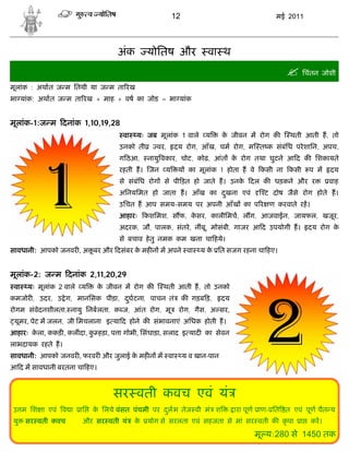 12                                  मई 2011




                                  अंक        योितष और             वा थ
                                                                                              िचंतन जोशी
मूलांक : अथात ज म ितथी या ज म ता रख
भा यांक: अथात ज म ता रख + माह + वष का जोड = भा यांक


मूलांक-1:ज म दनांक 1,10,19,28
                                   वा   यः जब मूलांक 1 वाले       य      क जीवन म रोग क
                                                                          े                   थती आती ह, तो
                                  उनको ती      वर,    दय रोग, आँख, चम रोग, म त क संबंिध परे शािन, अपच,
                                  ग ठआ,      नायु वकार, चोट, कोढ़, आंत क रोग तथा घुटने आ द क िशकायते
                                                                       े
                                  रहती ह। जन      य    य का मूलांक 1 होता ह वे कसी ना कसी            प म   दय
                                  से संबंिध रोग से पी ड़त हो जाते ह। उनक दल क धड़कने और र
                                                                       े                                   वाह
                                  अिनयिमत हो जाता ह। आँख का दखना एवं
                                                             ु                        ट दोष जैसे रोग होते ह।
                                  उिचत ह आप समय-समय पर अपनी आँख का प र ण करवाते रह।
                                  आहारः कशिमश, स फ, कसर, कालीिमच, ल ग, आजवाईन, जायफल, खजूर,
                                                     े
                                  अदरक, जौ, पालक, संतरे , नींब, मोसंबी, गाजर आ द उपयोगी ह।
                                                              ू                                      दय रोग के
                                  से बचाव हे तु नमक कम खना चा हये।
सावधानी: आपको जनवर , अ ू बर और दसंबर क मह न म अपने वा
                                      े                         य क ित सजग रहना चा हए।
                                                                   े


मूलांक-2: ज म दनांक 2,11,20,29
 वा   यः मूलांक 2 वाले य     क जीवन म रोग क
                              े                  थती आती ह, तो उनको
कमजोर , उदर, उ े ग, मानिसक पीड़ा, दघटना, पाचन तं
                                  ु                        क गड़ब ड़,      दय
रोगम संवेदनशीलता, नायु िनबलता, क ज, आंत रोग, मू        रोग, गैस, अ सर,
 यूमर, पेट म जलन, जी िमचलाना इ या द होने क संभावनाएं अिधक होती ह।
आहारः कला, ककड़ , कलींदा, क हड़ा, प ा गोभी, िसंघाड़ा, सलाद इ याद का सेवन
       े                  ु
लाभदायक रहते ह।
सावधानी: आपको जनवर , फरवर और जुलाई क मह न म वा
                                    े                      य व खान-पान
आ द म सावधानी बरतना चा हए।



                                 सर वती कवच एवं यं
उ म िश ा एवं व ा      ाि   क िलये वंसत पंचमी पर दलभ तेज वी मं श
                            े                    ु                            ारा पूण ाण- ित त एवं पूण चैत य
यु    सर वती कवच      और सर वती यं      के   योग से सरलता एवं सहजता से मां सर वती क कृ पा        ा   कर।
                                                                                   मू य:280 से 1450 तक
 