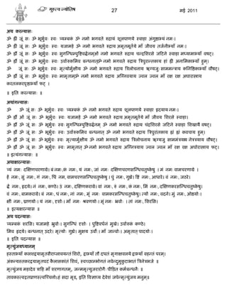 27                                                मई 2011



अथ कर यासः
ॐ      ं जूं सः ॐ भूभु वः   वः य बक ॐ नमो भगवते
                                   ं                       ायं शूलपाणये         वाहा अंगु ा यं नमः।
ॐ      ं जूं सः ॐ भूभु वः   वः यजामहे ॐ नमो भगवते          ाय अमृ तमूत ये माँ जीवय तजनी याँ नमः।
ॐ       जूं सः ॐ भूभु वः    वः सुग ध पु व नमओं नमो भगवते
                                            ्                             ाय च     िशरसे ज टने      वाहा म यामा याँ वष ।
ॐ       जूं सः ॐ भूभु वः    वः उवा किमव ब धनात्ॐ नमो भगवते                 ाय     पुरा तकाय हां     ं अनािमका याँ हम।
                                                                                                                   ु ्
ॐ      जूं सः ॐ भूभु वः     वः मृ योमु ीय ॐ नमो भगवते           ाय    लोचनाय ऋ यजुः सामम                 ाय किन का याँ वौष ।
ॐ       जूं सः ॐ भूभु वः    वः मामृ ताम्ॐ नमो भगवते       ाय अ नवयाय              वल     वल माँ र        र     अघारा ाय
करतलकरपृ ा याँ फ        ।

॥ इित कर यासः ॥

अथांग यासः
ॐ       ॐ जूं सः ॐ भूभु वः     वः य बक ॐ नमो भगवते
                                      ं                         ाय शूलपाणये           वाहा   दयाय नमः।
ॐ       ओं जूं सः ॐ भूभु वः    वः यजामहे ॐ नमो भगवते            ाय अमृ तमूत ये माँ जीवय िशरसे                वाहा।
ॐ       ॐ जूं सः ॐ भूभु वः     वः सुग ध पु व नम ् ॐ नमो भगवते                   ाय चं िशरसे ज टने            वाहा िशखायै वष ।
ॐ       ॐ जूं सः ॐ भूभु वः     वः उवा किमव ब धनात् ॐ नमो भगवते                   ाय     पुरांतकाय   ां       ां कवचाय हम।
                                                                                                                       ु ्
ॐ       ॐ जूं सः ॐ भूभु वः    वः मृ यामु ीय ॐ नमो भगवते              ाय     लोचनाय ऋ यजु साममं या ने
                                                                                                य                      याय वौष ।
ॐ       ॐ जूं सः ॐ भूभु वः     वः मामृ तात् ॐ नमो भगवते         ाय अ न याय             वल    वल माँ र          र     अघोरा ाय फ ।
॥ इ यंग यासः ॥
अथा र यासः
यं नमः द       णचरणा े। बं नमः,क नमः, यं नमः, जां नमः द
                                ं                               णचरणस धचतु कषु । मं नमः वामचरणा े ।
                                                                            े
ह नमः, सुं नमः, गं नमः, िधं नम, वामचरणस धचतु कषु । पुं नमः, गु े।
                                              े                                  ं नमः, आधारे । वं नमः, जठरे ।

    नमः, दये। नं नमः, क ठे । उं नमः, द     णकरा े। वां नमः, ं नमः, क नमः, िमं नमः, द
                                                                    ं                             णकरस धचतु कषु।
                                                                                                             े
वं नमः, बामकरा े। बं नमः, धं नमः, नां नमः, मृ ं नमः वामकरस धचतु कषु। य नमः, वदने। मुं नमः, ओ योः।
                                                                 े
 ीं नमः, ाणयोः। यं नमः, शोः। माँ नमः         वणयोः। मृ ं नमः    वोः । तां नमः, िशरिस।
॥ इ य र यास ॥
अथ पद यासः
य बक शरिस। यजामहे
    ं                       ुवोः। सुग धं   शोः । पु वधनं मुखे। उवा क क ठे ।
                                                                    ं
िमव     दये। ब धनात ् उदरे । मृ योः गु े। मु य उव :। माँ जा वोः। अमृ तात् पादयोः।
॥ इित पद यास ॥
मृ युंजय यानम्
ह ता याँ कलश यामृ तसैरा लावय तं िशरो, ा याँ तौ दधतं मृ गा वलये ा याँ वह तं परम।
                                                                              ्
अंक य तकर यामृ तघटं कलासकांतं िशवं, व छा भोगतं नवे दमुकटाभातं
                     ै                              ु ु                           ने भजे ॥
मृ युंजय महादे व ा ह माँ शरणागतम , ज ममृ युजरारोगैः पी ड़त कमब धनैः ॥
                                 ्
तावक     व त ाण      व च ोऽहं सदा मृ ड, इित व ा य दे वेशं जपे मृ युंजय मनुम॥
                                                                           ्
 