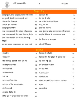 3                                  मई 2011




                                                वशेष लेख
महामृ युंजय-अकाल मृ यु एवं असा य रोग से मु      7        व न और रोग                                34

     क डली से जाने
      ु              वा    य लाभ क योग
                                  े             9    रोग होने क संकत
                                                               े   े                               36

अंक योितष और वा थ                               12   र     एवं रं ग   ारा रोग िनवारण               37

 योितष     ारा रोग िनदान                        16   वा तु एवं रोग                                 40

महामृ युंजय जप विध                              21   ह त रे खा एवं रोग                             41

उ म वा       य लाभ क िलये करे सूय तो का पाठ
                    े                           29   ज म कडली म नीच ल नेश से रोग और परे शानी?
                                                          ुं                                       43

उ म वा       य लाभ क िलये शयन और वा तु िस ांत
                    े                           30       ाकृ ितक िच क सा से उ म   वा   य लाभ       47

उ म वा       य लाभ क िलये भोजन और वा तु
                    े
                                                31   रोग िनवारण क सरल उपाय
                                                                 े                                 49
िस ांत

सव रोग नाशक महामृ यु जय मं         अचूक भावी    32   सव काय िस        कवच                          50


                                                अनु म
संपादक य                                        4     दन-रात क चौघ डये
                                                              े                                   68

राम र ा यं                                      51    दन-रात क होरा सूय दय से सूया त तक           69

 व ा ाि      हे तु सर वती कवच और यं             52       ह चलन मई -2011                           70

मं   िस प ना गणेश                               52   सव रोगनाशक यं /कवच                           71

मं िस साम ी                                     53   मं िस कवच                                    73

मािसक रािश फल                                   56   YANTRA LIST                                  74

रािश र                                          60   GEM STONE                                    76

मई 2011 मािसक पंचांग                            61   BOOK PHONE/ CHAT CONSULTATION                77

मई -2011 मािसक       त-पव- यौहार                63   सूचना                                        78

मं िस साम ी                                     66   हमारा उ े य                                  80

मई 2011 - वशेष योग                              67

दै िनक शुभ एवं अशुभ समय        ान तािलका        67
 