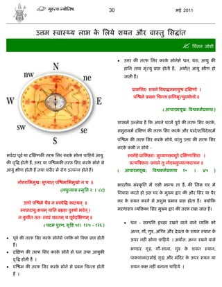 30                                       मई 2011




                     उ म        वा       य लाभ क िलये शयन और वा तु िस ांत
                                                े
                                                                                                              िचंतन जोशी
                                                                        उ र क तरफ िसर करक सोनेसे धन, यश, आयु क
                                                                                          े
                                                                         हािन तथा मृ यु      ा     होती ह, अथात ् आयु           ीण हो
                                                                         जाती ह।

                                                                               ाकिशरः शयने व ा नमायु             द      णो ।
                                                                              प       मे बला िच ता हािनमृ युरथो रे ॥

                                                                                                   ( आचारमयूखः व कम काश )

                                                                     शा म उ लेख ह क अपने घरम पुव क तरफ िसर करक,
                                                                                                              े
                                                                     ससुरालम द        ण क तरफ िसर करक और परदे श( वदे श)म
                                                                                                     े

                                                                     प   म क तरफ िसर करक सोये, परं तु उ र क तरफ िसर
                                                                                        े
                                                                     करक कभी न सोये –
                                                                        े
सवदा पूव या द        णक तरफ िसर करक सोना चा हये आयु
                                   े                                         वगेहे ा छराः सु या        वशुरे द        णािशराः ।
क वृ      होती ह, उ र या प    मक तरफ िसर करक सोने से
                                            े                                  य छराः वासे तु नोद सु या कदाचन ॥
आयु      ीण होती ह तथा शर र म रोग उ प न होते ह।                      (   आचारमयूख;          व कम काश             १०      ।      ४५    )

         नो रािभमुखः सु यात ् प      मािभमुखो न च ॥
                                                                     भारतीय सं कृ ित म एसी मा य ता ह, क                      जस घर मे
                                  (लघु यास मृ ित २ । ८८)
                                                                     िनवास करते हो उस घर क मु य ार क और िसर या पैर
                                                                                          े

            उ रे प    मे चैव न वपे      कदाचन ् ॥                    कर क शयन करने से अशुभ
                                                                         े                            भाव    ा        होता ह।     यो क

           व ादायुः यम ् याित        हा पु षो भवेत ् ।               मरणास        य    का िसर मु य ार क तरफ रखा जात ह।
         न कव त ततः व ं श तम ् च पूव द
            ु                                   णम ् ॥
                                                                            धन - स प            इ छा रखने वाले वाले य               को
                        ( पदम पुरण, सृ      ५१। १२५ - १२६ )
                                                                             अ न, गौ, गु , अ न और दे वता क शयन थान क
                                                                                                          े         े
   पूव क तरफ िसर करक सोनेसे य
                     े                     को व ा ा      होती                ऊपर नह ं सोना चा हये । अथात: अ न रखने वाले
    ह।
                                                                             भ डार गृ ह, गौ-शाला, गु             क शयन
                                                                                                                  े               थान,
   द     ण क तरफ िसर करक सोने से धन तथा आयुक
                         े
    वृ     होती ह ।                                                          पाकशाला(रसोई गृ ह) और मं दर क ऊपर शयन या
                                                                                                          े

   प     म क तरफ िसर करक सोने से
                         े                   बल िच ता होती                   शयन क        नह ं बनाना चा हये ।
    ह ।
 