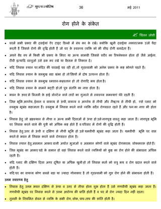36                                    मई 2011




                                            रोग होने क संकत
                                                      े   े

                                                                                                        िचंतन जोशी
   घरम सभी          कार क दवाईयां ऎर टाइट ड बो म बंध कर क रख।
                                                          े                   यो क खूली दवाईया नकारा मक उजा पैदा
    करती ह जससे रोगो क वृ          होती ह जो घर के     व     य य      को भी शी      रोगी बनादे ता ह।

   अपने बैड        प म कसी भी     कार क िमरर या अ य साम ी जससे शर र का र ले शन होता ह जैसे आईना,
                                        े
    ट वी इ या द व तुओ उसे ढक कर रखे या बैड म से िनकाल द।

   य द िनवास         थान पर मं दर क परछा   पड़ रह हो, तो गृ ह वामी को अनेक          कार क क
                                                                                         े        भोगने पड़ते ह।

   य द िनवास         थान क स मुख बडा खंभा हो तो
                           े                           य म दोष उ प न होता ह।

   य द िनवास         थान क स मुख मशान-क
                           े                  तान हो तो रोगा द भय होता है ।

   य द िनवास         थान क सामने भ ट हो तो पु
                           े                     संत       का नाश होता है ।

   भवन क ऊपर से बजली क हाई वो टे ज वाले तार का गुजरने से
         े             े                                                वा     य सम याएं घेरे रहती ह।

    जस भूिम आ नेय, ईशान व वाय य से ऊची, वाय य व आ नेय से नीची और नैऋ य से नीची हो, एसे लाट को
                                     ं
      वमुख भूखंड कहाजाता ह।       वमुख म िनवास करने वाले य           सदै व रोग     त रहते ह और धन का नाश भी होता
    है ।

   िनवास हे तु जो         थान से नीचा व अ य सभी दशाओं से ऊचा हो उसे नागपृ
                                                           ं                           वा तु कहा जाता ह। नागपृ    भूिम
    पर िनवास करने वाले क पु ी को अिधक क            होते ह व प रवार म रोग क वृ           होती ह।

   िनवास हे तु उ र से ऊची व द
                        ं            ण से नीची भूिम हो उसे यमवीथी भूखंड कहा जाता है । यमवीथी              भूिम पर वास
    करने से भवन म िनवास करने वाले रोग         त होता है ।

   िनवास       थान हे तु असमान आकार वाली अथात भुजाओं व असमान कोण वाले भूखंड रोगकारक, शोककारक होते ह।

    जस भूखंड का आकार घड़े क समान हो वहां िनवास करने वाले य
                           े                                                 य को कु   का रोग होने क संभावना अिधक
    रहती है ।

   य द लाट क द           ण दशा अगर द ू षत या अिधक खुली हो तो िनवास कता को श ु भय व रोग                  दान करने वाले
      ोती ह।
   य द घर का वाय य कोण सबसे बड़ा या          यादा गोलाकार है तो गृ ह वामी को गु         रोग होने क संभावना होती ह।

उ म        वा   य हे तु

   िनवास हे तु उ म भवन द         ण से ऊचा व उ र से नीचा होना शुभ होता ह उसे गणवीथी भूखंड कहा जाता ह।
                                        ं
    गणवीथी भूखंड पर िनवास करने से उ म आरो य क                ाि   होती ह व घर म रोग       यदा दन नह ं रहता।

   तुलसी क िनयिमत सेवन से य
           े                           क सभी रोग, शोक, पाप-ताप क शांित होती है ।
                                        े
 