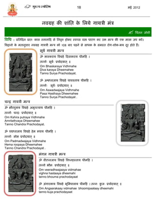 18                               मई 2012




                                  नवग्रह की शांसत क सलर्े गार्िी मंि
                                                   े
                                                                                                सिंतन जोशी
त्रवसध : प्रसतफदन प्रातः काल स्नानाफद िे सनवृत्त होकर स्वच्छ वस्त्र धारण कर उि मडि की एक माला जप करं ।
त्रवद्वानो क मतानुशार नवग्रह गार्िी मडि को 108 बार पढ़ने िे िाधक क िमस्त रोग-शोक-भर् दर होते हं ।
            े                                                     े                   ू
                                 िूर्ा गार्िी मडि
                                 ॐ भास्करार् त्रवद्महे फदवाकरार् धीमफह ।
                                 तडनोः िूर्ः प्रिोदर्ात ् ॥
                                           ा
                                 Om Bhaskaraya Vidhmahe
                                 Diva karaya Dheemahee
                                 Tanno Surya Prachodayat.

                                 ॐ अश्वध्वजार् त्रवद्महे पाशस्तार् धीमफह ।
                                 तडनोः िूर्ः प्रिोदर्ात ् ॥
                                           ा
                                 Om Aswadwajaya Vidhmahe
                                 Pasa Hasthaya Dheemahee
                                 Tanno Surya Prachodayat .
िडद्र गार्िी मडि
ॐ क्षीरपुिार् त्रवद्महे अमृतत्वार् धीमफह ।
तडनोः िडद्रः प्रिोदर्ात ् ॥
Om Kshira putraya Vidhmahe
Amritathvaya Dheemahee
Tanno Chandra Prachodayat.

ॐ पद्मध्वजार् त्रवद्महे हे म रूपार् धीमफह ।
तडनोः िोम प्रिोदर्ात ् ॥
Om Padmadwajaya Vidhmahe
Hema roopaya Dheemahee
Tanno Chandra Prachodayat .
                             .


                            मंगल गार्िी मडि
                            ॐ वीरध्वजार् त्रवद्महे त्रवघ्नहस्तार् धीमफह ।
                            तडनो भौमः प्रिोदर्ात ् ॥
                            Om veeradhwajaaya vidmahae
                            vighna hastaaya dheemahi
                            tanno bhouma prachodayaat

                            ॐ अंगारकार् त्रवद्महे भूसमपालार् धीमफह । तडनः कजः प्रिोदर्ात ् ॥
                                                                           ु
                            Om Angaarakaay vidmahae bhoomipaalaay dheemahi
                            tanno kuja prachodayaat
 