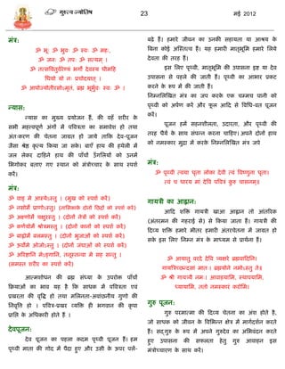 23                                             मई 2012



मंि:                                                        बढे ़ हं । हमारे जीवन का उनकी िहार्ता र्ा आश्रर् के
             ॐ भूः ॐ भुवः ॐ स्वः ॐ महः,                     त्रबना कोई अस्स्तत्व हं । र्ह हमारी मातृभूसम हमारे सलर्े
               ॐ जनः ॐ तपः ॐ ित्र्म ् ।                     दे वता की तरह हं ।
           ॐ तत्ित्रवतुवरेण्र्ं भगो दे वस्र् धीमफह
                        ा                                             इि सलए पृथ्वी, मातृभूसम की उपािना इष्ट र्ा दे व
                 सधर्ो र्ो नः प्रिोदर्ात ् ।                उपािना िे पहले की जाती हं । पृथ्वी का आभार प्रकट
        ॐ आपोज्र्ोतीरिोऽमृत, ब्रह्म भूभवः स्वः ॐ ।
                           ं           ुा                   करने क रूप मं की जाती हं ।
                                                                  े
                                                            सन्नसलस्खत मंि का जप करक एक ि्मि पानी को
                                                                                    े

डर्ाि:                                                      पृथ्वी को अपाण करं और फल आफद िे त्रवसध-वत पूजन
                                                                                   ू
                                                            करं ।
         डर्ाि का मुख्र् प्रर्ोजन हं , की वहँ शरीर के
                                                                      पूजन हमं िहनशीलता, उदारता, और पृथ्वी की
िभी महत्त्वपूणा अंगं मं पत्रविता का िमावेश हो तथा
                                                            तरह धैर्ा क िाथ िंपडन करना िाफहए। अपने दोनं हाथ
                                                                       े
अंतःकरण की िेतना जाग्रत हो जार्े ताफक दे व-पूजन
                                                            को नमस्कार मुद्रा मं करक सन्नसलस्खत मंि जपे
                                                                                    े
जैिा श्रेष्ठ कृ त्र् फकर्ा जा िक। बाएँ हाथ की हथेली मं
                                े
जल लेकर दाफहने हाथ की पाँिं उँ गसलर्ं को उनमं
सभगोकर बताए गए स्थान को मंिोच्िार क िाथ स्पशा
                                   े                        मंि:
करं ।                                                             ॐ पृथ्वी त्वर्ा धृता लोका दे वी त्वं त्रवष्णुना धृता।
                                                                      त्वं ि धारर् मां दे त्रव पत्रविं करु िािनम ्॥
                                                                                                        ु
मंि:
ॐ वाङ् मे आस्र्ेऽस्तु । (मुख को स्पशा करं )
                                                            गार्िी का आह्वान:
ॐ निोमे प्राणोऽस्तु। (नासिकाक दोनं सछद्रं को स्पशा करं )
                             े
                                                                      आफद शत्रि गार्िी खाआ आह्वान तो आंतररक
ॐ अक्ष्णोमे िक्षुरस्तु । (दोनं नेिं को स्पशा करं )
                                                            (अंतरमन की गहराई िे) िे फकर्ा जाता हं । गार्िी की
ॐ कणार्ोमे श्रोिमस्तु । (दोनं कानं को स्पशा करं )
                                                            फदव्र् शत्रि हमारे भीतर हमारी अंतरिेतना मं जाग्रत हो
ॐ बाह्वोमे बलमस्तु । (दोनं भुजाओं को स्पशा करं )
                                                            िक इि सलए सन्न मंि क माध्र्म िे प्राथाना हं ।
                                                              े                 े
ॐ ऊवोमे ओजोऽस्तु । (दोनं जंघाओं को स्पशा करं )
ॐ अररष्टासन मेऽङ्गासन, तनूस्तडवा मे िह िडतु ।
                                                                       ॐ आर्ातु वरदे दे त्रव त्र्र्क्षरे ब्रह्मवाफदसन।
(िमस्त शरीर का स्पशा करं )
                                                                     गार्त्रिच्छडदिां मातः। ब्रह्मर्ोने नमोऽस्तु ते॥
         आत्मशोधन की ब्रह्म िंध्र्ा क उपरोि पाँिं
                                     े                              ॐ श्री गार्त्र्र्ै नमः। आवाहर्ासम, स्थापर्ासम,
फक्रर्ाओं का भाव र्ह है फक िाधक मं पत्रविता एवं                            ध्र्ार्ासम, ततो नमस्कारं करोसम।
प्रखरता की वृत्रद्ध हो तथा मसलनता-अवांछनीर् गुणो की
सनवृत्रत्त हो । पत्रवि-प्रखर व्र्त्रि ही भगवान की कृ पा     गुरु पूजन:
प्रासप्त क असधकारी होते हं ।
          े                                                           गुरु परमात्मा की फदव्र् िेतना का अंश होते है ,
                                                            जो िाधक को जीवन क त्रवसभडन क्षेि मं मागादशान करते
                                                                             े
दे वपूजन:                                                   हं । िद् गुरु क रूप मं अपने गुरुदे व का असभवंदन करते
                                                                           े
         दे व पूजन का पहला कदम पृथ्वी पूजन हं । हम          हुए     उपािना     की    िफलता        हे तु   गुरु   आवाहन    इि
पृथ्वी माता की गोद मं पैदा हुए और उिी क ऊपर पलं-
                                       े                    मंिोच्िारण क िाथ करं ।
                                                                        े
 