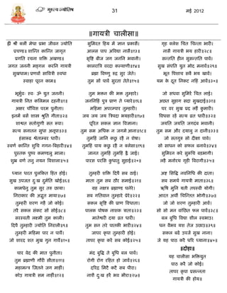 31                                  मई 2012




                                               ॥गार्िी िालीिा॥
ह्रीं श्रीं क्लीं मेधा प्रभा जीवन ज्र्ोसत     िुसमरत फहर् मं ज्ञान प्रकािै।          गृह क्लेश सित सिडता भारी।
    प्रिण्ि॥ शास्डत कास्डत जागृत              आलि पाप अत्रवद्या नािै॥१३॥              नािै गार्िी भर् हारी॥२८॥
    प्रगसत रिना शत्रि अखण्ि॥                  िृत्रष्ट बीज जग जनसन भवानी।            िडतसत हीन िुिडतसत पावं।
जगत जननी मङ्गल करसन गार्िी                    कालरात्रि वरदा कल्र्ाणी॥१४॥          िुख िंपसत र्ुत मोद मनावं॥२९॥
   िुखधाम। प्रणवं िात्रविी स्वधा                ब्रह्मा त्रवष्णु रुद्र िुर जेते।      भूत त्रपशाि िबै भर् खावं।
          स्वाहा पूरन काम॥                    तुम िं पावं िुरता तेते॥१५॥           र्म क दत सनकट नफहं आवं॥३०॥
                                                                                        े ू

     भूभवः स्वः ॐ र्ुत जननी।
        ुा                                     तुम भिन की भि तु्हारे ।               जो िधवा िुसमरं सित लाई।
  गार्िी सनत कसलमल दहनी॥१॥                   जनसनफहं पुि प्राण ते प्र्ारे ॥१६॥      अछत िुहाग िदा िुखदाई॥३१॥
     अक्षर िौत्रवि परम पुनीता।                 मफहमा अपर्पार तु्हारी।                घर वर िुख प्रद लहं कमारी।
                                                                                                         ु
  इनमं बिं शास्त्र श्रुसत गीता॥२॥           जर् जर् जर् त्रिपदा भर्हारी॥१७॥         त्रवधवा रहं ित्र् व्रत धारी॥३२॥
     शाश्वत ितोगुणी ित रूपा।                   पूररत िकल ज्ञान त्रवज्ञाना।          जर्सत जर्सत जगदं ब भवानी।
   ित्र् िनातन िुधा अनूपा॥३॥                तुम िम असधक न जगमे आना॥१८॥             तुम िम और दर्ालु न दानी॥३३॥
       हं िारूढ श्वेता्बर धारी।                             ु
                                              तुमफहं जासन कछ रहै न शेषा।              जो ितगुरु िो दीक्षा पावे।
स्वणा कास्डत शुसि गगन-त्रबहारी॥४॥                         ु
                                            तुमफहं पार् कछ रहै न क्लेिा॥१९॥        िो िाधन को िफल बनावे॥३४॥
    पुस्तक पुष्प कमण्िलु माला।                जानत तुमफहं तुमफहं ह्वै जाई।           िुसमरन करे िुरूसि बिभागी।
  शुभ्र वणा तनु नर्न त्रवशाला॥५॥              पारि परसि कधातु िुहाई॥२०॥
                                                         ु                          लहै मनोरथ गृही त्रवरागी॥३५॥

   ध्र्ान धरत पुलफकत फहत होई।                  तु्हरी शत्रि फदपै िब ठाई।            अष्ट सित्रद्ध नवसनसध की दाता।
 िुख उपजत दःख दमसत खोई॥६॥
           ु   ु ा                            माता तुम िब ठौर िमाई॥२१॥               िब िमथा गार्िी माता॥३६॥
    कामधेनु तुम िुर तरु छार्ा।                   ग्रह नक्षि ब्रह्माण्ि घनेरे।       ऋत्रष मुसन र्ती तपस्वी र्ोगी।
   सनराकार की अद्भत मार्ा॥७॥
                  ु                           िब गसतवान तु्हारे प्रेरे॥२२॥         आरत अथी सिस्डतत भोगी॥३७॥
     तु्हरी शरण गहै जो कोई।                   िकल िृत्रष्ट की प्राण त्रवधाता।         जो जो शरण तु्हारी आवं।
   तरै िकल िंकट िं िोई॥८॥                    पालक पोषक नाशक िाता॥२३॥               िो िो मन वांसछत फल पावं॥३८॥
     िरस्वती लक्ष्मी तुम काली।                   मातेश्वरी दर्ा व्रत धारी।           बल बुसध त्रवद्या शील स्वभाउ।
  फदपै तु्हारी ज्र्ोसत सनराली॥९॥             तुम िन तरे पातकी भारी॥२४॥              धन वैभव र्श तेज उछाउ॥३९॥
     तु्हरी मफहमा पार न पावं।                   जापर कृ पा तु्हारी होई।              िकल बढं उपजं िुख नाना।
 जो शारद शत मुख गुन गावं॥१०॥                  तापर कृ पा करं िब कोई॥२५॥            जे र्ह पाठ करै धरर ध्र्ाना॥४०॥
                                                                                               ॥दोहा॥
      िार वेद की मात पुनीता।                   मंद बुत्रद्ध ते बुसध बल पावं।
                                                                                         र्ह िालीिा भत्रिर्ुत
    तुम ब्रह्माणी गौरी िीता॥११॥               रोगी रोग रफहत हो जावं॥२६॥
                                                                                          पाठ करै जो कोई।
     महामडि स्जतने जग माहीं।                    दररद्र समटै कटै िब पीरा।
                                                                                         तापर कृ पा प्रिडनता
     कोउ गार्िी िम नाहीं॥१२॥                  नाशै दःख हरै भव भीरा॥२७॥
                                                    ु
                                                                                           गार्िी की होर्॥
 