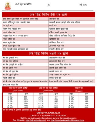 50                                           मई 2012




                                                 मंि सिद्ध त्रवशेष दै वी र्ंि िूसि
आद्य शत्रि दगाा बीिा र्ंि (अंबाजी बीिा र्ंि)
            ु                                                                        िरस्वती र्ंि
महान शत्रि दगाा र्ंि (अंबाजी र्ंि)
            ु                                                                        िप्तिती महार्ंि(िंपूणा बीज मंि िफहत)
नव दगाा र्ंि
    ु                                                                                काली र्ंि
नवाणा र्ंि (िामुंिा र्ंि)                                                            श्मशान काली पूजन र्ंि
नवाणा बीिा र्ंि                                                                      दस्क्षण काली पूजन र्ंि
िामुंिा बीिा र्ंि ( नवग्रह र्ुि)                                                     िंकट मोसिनी कासलका सित्रद्ध र्ंि
त्रिशूल बीिा र्ंि                                                                    खोफिर्ार र्ंि
बगला मुखी र्ंि                                                                       खोफिर्ार बीिा र्ंि
बगला मुखी पूजन र्ंि                                                                  अडनपूणाा पूजा र्ंि
राज राजेश्वरी वांछा कल्पलता र्ंि                                                     एकांक्षी श्रीफल र्ंि

                                                मंि सिद्ध त्रवशेष लक्ष्मी र्ंि िूसि
श्री र्ंि (लक्ष्मी र्ंि)                                                             महालक्ष्मर्ै बीज र्ंि
श्री र्ंि (मंि रफहत)                                                                 महालक्ष्मी बीिा र्ंि
श्री र्ंि (िंपूणा मंि िफहत)                                                          लक्ष्मी दार्क सिद्ध बीिा र्ंि
श्री र्ंि (बीिा र्ंि)                                                                लक्ष्मी दाता बीिा र्ंि
श्री र्ंि श्री िूि र्ंि                                                              लक्ष्मी गणेश र्ंि
श्री र्ंि (कमा पृष्ठीर्)
            ु                                                                        ज्र्ेष्ठा लक्ष्मी मंि पूजन र्ंि
लक्ष्मी बीिा र्ंि                                                                    कनक धारा र्ंि
श्री श्री र्ंि (श्रीश्री लसलता महात्रिपुर िुडदर्ै श्री महालक्ष्मर्ं श्री महार्ंि)    वैभव लक्ष्मी र्ंि (महान सित्रद्ध दार्क श्री महालक्ष्मी र्ंि)
अंकात्मक बीिा र्ंि
          ताम्र पि पर िुवणा पोलीि                                 ताम्र पि पर रजत पोलीि                                    ताम्र पि पर
                (Gold Plated)                                           (Silver Plated)                                    (Copper)
         िाईज                          मूल्र्                    िाईज                       मूल्र्                िाईज                   मूल्र्
        1” X 1”                       460                       1” X 1”                      370                 1” X 1”                  255
        2” X 2”                      820                        2” X 2”                      640                 2” X 2”                  460
        3” X 3”                      1650                       3” X 3”                     1090                 3” X 3”                  730
        4” X 4”                      2350                       4” X 4”                     1650                 4” X 4”                 1090
        6” X 6”                      3600                       6” X 6”                     2800                 6” X 6”                 1900
        9” X 9”                      6400                       9” X 9”                     5100                 9” X 9”                 3250
       12” X12”                      10800                     12” X12”                     8200                12” X12”                 6400
र्ंि क त्रवषर् मं असधक जानकारी हे तु िंपक करं ।
      े                                  ा
                                                             GURUTVA KARYALAY
                                            Call us: 91 + 9338213418, 91+ 9238328785
                                Mail Us: gurutva.karyalay@gmail.com, gurutva_karyalay@yahoo.in,
                  Our Website:- http://gk.yolasite.com/ and http://gurutvakaryalay.blogspot.com/
 