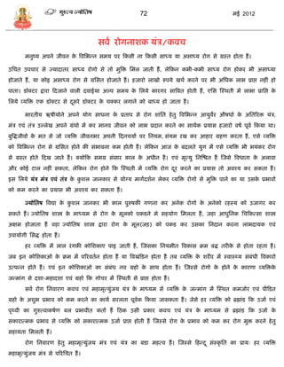 72                                       मई 2012




                                       िवा रोगनाशक र्ंि/कवि
       मनुष्र् अपने जीवन क त्रवसभडन िमर् पर फकिी ना फकिी िाध्र् र्ा अिाध्र् रोग िे ग्रस्त होता हं ।
                          े

उसित उपिार िे ज्र्ादातर िाध्र् रोगो िे तो मुत्रि समल जाती हं , लेफकन कभी-कभी िाध्र् रोग होकर भी अिाध्र्ा
होजाते हं , र्ा कोइ अिाध्र् रोग िे ग्रसित होजाते हं । हजारो लाखो रुपर्े खिा करने पर भी असधक लाभ प्राप्त नहीं हो
पाता। िॉक्टर द्वारा फदजाने वाली दवाईर्ा अल्प िमर् क सलर्े कारगर िात्रबत होती हं , एसि स्स्थती मं लाभा प्रासप्त क
                                                   े                                                            े
सलर्े व्र्त्रि एक िॉक्टर िे दिरे िॉक्टर क िक्कर लगाने को बाध्र् हो जाता हं ।
                             ू           े

       भारतीर् ऋषीर्ोने अपने र्ोग िाधना क प्रताप िे रोग शांसत हे तु त्रवसभडन आर्ुवर औषधो क असतररि र्ंि,
                                         े                                        े       े
मंि एवं तंि उल्लेख अपने ग्रंथो मं कर मानव जीवन को लाभ प्रदान करने का िाथाक प्रर्ाि हजारो वषा पूवा फकर्ा था।
बुत्रद्धजीवो क मत िे जो व्र्त्रि जीवनभर अपनी फदनिर्ाा पर सनर्म, िंर्म रख कर आहार ग्रहण करता हं , एिे व्र्त्रि
              े
को त्रवसभडन रोग िे ग्रसित होने की िंभावना कम होती हं । लेफकन आज क बदलते र्ुग मं एिे व्र्त्रि भी भर्ंकर रोग
                                                                 े
िे ग्रस्त होते फदख जाते हं । क्र्ोफक िमग्र िंिार काल क अधीन हं । एवं मृत्र्ु सनस्श्चत हं स्जिे त्रवधाता क अलावा
                                                      े                                                  े
और कोई टाल नहीं िकता, लेफकन रोग होने फक स्स्थती मं व्र्त्रि रोग दर करने का प्रर्ाि तो अवश्र् कर िकता हं ।
                                                                 ू
इि सलर्े र्ंि मंि एवं तंि क कशल जानकार िे र्ोग्र् मागादशान लेकर व्र्त्रि रोगो िे मुत्रि पाने का र्ा उिक प्रभावो
                           े ु                                                                         े
को कम करने का प्रर्ाि भी अवश्र् कर िकता हं ।

       ज्र्ोसतष त्रवद्या क कशल जानकर भी काल पुरुषकी गणना कर अनेक रोगो क अनेको रहस्र् को उजागर कर
                          े ु                                          े
िकते हं । ज्र्ोसतष शास्त्र क माध्र्म िे रोग क मूलको पकिने मे िहर्ोग समलता हं , जहा आधुसनक सिफकत्िा शास्त्र
                            े                े
अक्षम होजाता हं वहा ज्र्ोसतष शास्त्र द्वारा रोग क मूल(जि) को पकि कर उिका सनदान करना लाभदार्क एवं
                                                 े
उपार्ोगी सिद्ध होता हं ।
       हर व्र्त्रि मं लाल रं गकी कोसशकाए पाइ जाती हं , स्जिका सनर्मीत त्रवकाि क्रम बद्ध तरीक िे होता रहता हं ।
                                                                                            े
जब इन कोसशकाओ क क्रम मं पररवतान होता हं र्ा त्रवखंफिन होता हं तब व्र्त्रि क शरीर मं स्वास्थ्र् िंबंधी त्रवकारो
               े                                                           े
उत्पडन होते हं । एवं इन कोसशकाओ का िंबंध नव ग्रहो क िाथ होता हं । स्जस्िे रोगो क होने क कारणा व्र्त्रिक
                                                   े                            े      े               े
जडमांग िे दशा-महादशा एवं ग्रहो फक गोिर मं स्स्थती िे प्राप्त होता हं ।
       िवा रोग सनवारण कवि एवं महामृत्र्ुंजर् र्ंि क माध्र्म िे व्र्त्रि क जडमांग मं स्स्थत कमजोर एवं पीफित
                                                   े                     े
ग्रहो क अशुभ प्रभाव को कम करने का कार्ा िरलता पूवक फकर्ा जािकता हं । जेिे हर व्र्त्रि को ब्रह्मांि फक उजाा एवं
       े                                         ा
पृथ्वी का गुरुत्वाकषाण बल प्रभावीत कताा हं फठक उिी प्रकार कवि एवं र्ंि क माध्र्म िे ब्रह्मांि फक उजाा क
                                                                        े                              े
िकारात्मक प्रभाव िे व्र्त्रि को िकारात्मक उजाा प्राप्त होती हं स्जस्िे रोग क प्रभाव को कम कर रोग मुि करने हे तु
                                                                            े
िहार्ता समलती हं ।
       रोग सनवारण हे तु महामृत्र्ुंजर् मंि एवं र्ंि का बिा महत्व हं । स्जस्िे फहडद ू िंस्कृ सत का प्रार्ः हर व्र्त्रि
महामृत्र्ुंजर् मंि िे पररसित हं ।
 