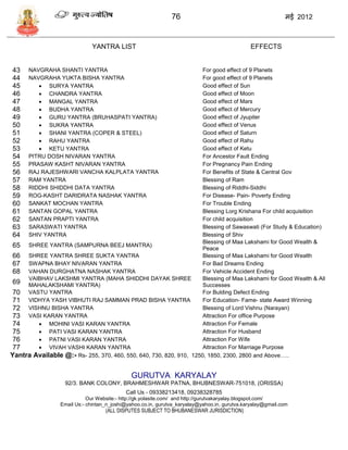 76                                             मई 2012



                               YANTRA LIST                                                     EFFECTS


43    NAVGRAHA SHANTI YANTRA                                         For good effect of 9 Planets
44    NAVGRAHA YUKTA BISHA YANTRA                                    For good effect of 9 Planets
45        SURYA YANTRA                                              Good effect of Sun
46        CHANDRA YANTRA                                            Good effect of Moon
47        MANGAL YANTRA                                             Good effect of Mars
48        BUDHA YANTRA                                              Good effect of Mercury
49        GURU YANTRA (BRUHASPATI YANTRA)                           Good effect of Jyupiter
50        SUKRA YANTRA                                              Good effect of Venus
51        SHANI YANTRA (COPER & STEEL)                              Good effect of Saturn
52        RAHU YANTRA                                               Good effect of Rahu
53        KETU YANTRA                                               Good effect of Ketu
54    PITRU DOSH NIVARAN YANTRA                                      For Ancestor Fault Ending
55    PRASAW KASHT NIVARAN YANTRA                                    For Pregnancy Pain Ending
56    RAJ RAJESHWARI VANCHA KALPLATA YANTRA                          For Benefits of State & Central Gov
57    RAM YANTRA                                                     Blessing of Ram
58    RIDDHI SHIDDHI DATA YANTRA                                     Blessing of Riddhi-Siddhi
59    ROG-KASHT DARIDRATA NASHAK YANTRA                              For Disease- Pain- Poverty Ending
60    SANKAT MOCHAN YANTRA                                           For Trouble Ending
61    SANTAN GOPAL YANTRA                                            Blessing Lorg Krishana For child acquisition
62    SANTAN PRAPTI YANTRA                                           For child acquisition
63    SARASWATI YANTRA                                               Blessing of Sawaswati (For Study & Education)
64    SHIV YANTRA                                                    Blessing of Shiv
                                                                     Blessing of Maa Lakshami for Good Wealth &
 65 SHREE YANTRA (SAMPURNA BEEJ MANTRA)                              Peace
 66 SHREE YANTRA SHREE SUKTA YANTRA                                  Blessing of Maa Lakshami for Good Wealth
 67 SWAPNA BHAY NIVARAN YANTRA                                       For Bad Dreams Ending
 68 VAHAN DURGHATNA NASHAK YANTRA                                    For Vehicle Accident Ending
     VAIBHAV LAKSHMI YANTRA (MAHA SHIDDHI DAYAK SHREE                Blessing of Maa Lakshami for Good Wealth & All
 69 MAHALAKSHAMI YANTRA)                                             Successes
 70 VASTU YANTRA                                                     For Bulding Defect Ending
 71  VIDHYA YASH VIBHUTI RAJ SAMMAN PRAD BISHA YANTRA                For Education- Fame- state Award Winning
 72 VISHNU BISHA YANTRA                                              Blessing of Lord Vishnu (Narayan)
 73 VASI KARAN YANTRA                                                Attraction For office Purpose
 74      MOHINI VASI KARAN YANTRA                                   Attraction For Female
 75      PATI VASI KARAN YANTRA                                     Attraction For Husband
 76      PATNI VASI KARAN YANTRA                                    Attraction For Wife
 77      VIVAH VASHI KARAN YANTRA                                   Attraction For Marriage Purpose
Yantra Available @:- Rs- 255, 370, 460, 550, 640, 730, 820, 910, 1250, 1850, 2300, 2800 and Above…..


                                               GURUTVA KARYALAY
                    92/3. BANK COLONY, BRAHMESHWAR PATNA, BHUBNESWAR-751018, (ORISSA)
                                            Call Us - 09338213418, 09238328785
                             Our Website:- http://gk.yolasite.com/ and http://gurutvakaryalay.blogspot.com/
                  Email Us:- chintan_n_joshi@yahoo.co.in, gurutva_karyalay@yahoo.in, gurutva.karyalay@gmail.com
                                    (ALL DISPUTES SUBJECT TO BHUBANESWAR JURISDICTION)
 