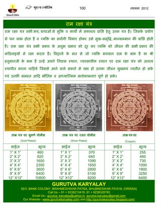 100                                नलम्फय 2012




                                         याभ यषा मॊत्र
याभ यषा मॊत्र वबी बम, फाधाओॊ वे भुत्रि ल कामो भं वपरता प्राप्तद्ऱ शे तु उत्तभ मॊत्र शं । स्जवक प्रमोग
                                                                                              े

वे धन राब शोता शं ल व्मत्रि का वलांगी त्रलकाय शोकय उवे वुख-वभृत्रद्ध, भानवम्भान की प्राप्तद्ऱ शोती

शं । याभ यषा मॊत्र वबी प्रकाय क अळुब प्रबाल को दय कय व्मत्रि को जीलन की वबी प्रकाय की
                               े                ू
कटठनाइमं वे यषा कयता शं । त्रलद्रानो क भत वे जो व्मत्रि बगलान याभ क बि शं मा श्री
                                      े                            े

शनुभानजी क बि शं उन्शं अऩने प्तनलाव स्थान, व्मलवामीक स्थान ऩय याभ यषा मॊत्र को अलश्म
          े

स्थाऩीत कयना चाटशमे स्जववे आने लारे वॊकिो वे यषा शो उनका जीलन वुखभम व्मतीत शो वके

एलॊ उनकी वभस्त आटद बौप्ततक ल आध्मास्त्भक भनोकाभनाएॊ ऩूणल शो वक।
                                                              े




    ताम्र ऩत्र ऩय वुलणल ऩोरीव          ताम्र ऩत्र ऩय यजत ऩोरीव                  ताम्र ऩत्र ऩय
          (Gold Plated)                     (Silver Plated)                        (Copper)

    वाईज                भूल्म         वाईज                    भूल्म       वाईज                  भूल्म
   1” X 1”             460           1” X 1”                  370        1” X 1”                255
   2” X 2”             820           2” X 2”                  640        2” X 2”                460
   3” X 3”            1650           3” X 3”                  1090       3” X 3”                730
   4” X 4”            2350           4” X 4”                  1650       4” X 4”                1090
   6” X 6”            3600           6” X 6”                  2800       6” X 6”                1900
   9” X 9”            6400           9” X 9”                  5100       9” X 9”                3250
  12” X12”            10800         12” X12”                  8200      12” X12”                6400
                                GURUTVA KARYALAY
           92/3. BANK COLONY, BRAHMESHWAR PATNA, BHUBNESWAR-751018, (ORISSA)
                              Call Us – 91 + 9338213418, 91 + 9238328785
                   Email Us:- gurutva_karyalay@yahoo.in, gurutva.karyalay@gmail.com
            Our Website:- www.gurutvakaryalay.com and http://gurutvakaryalay.blogspot.com/
 