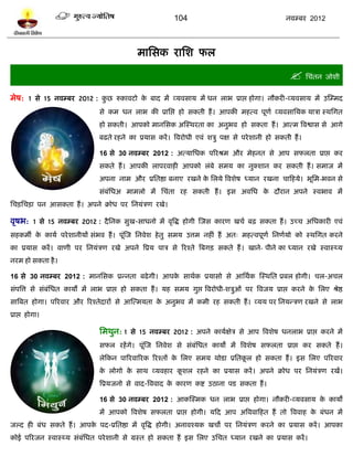 104                                      नलम्फय 2012




                                               भाप्तवक याप्तळ पर

                                                                                                         प्तचॊतन जोळी
भेऴ: 1 वे 15 नलम्फय 2012 : कुछ रुकालिो क फाद भं व्मलवाम भं धन राब प्राद्ऱ शोगा। नौकयी-व्मलवाम भं उस्म्भद
                                        े
                                 वे कभ धन राब की प्राप्तद्ऱ शो वकती शं । आऩकी भशत्ल ऩूणल व्मलवाप्तमक मात्रा स्थप्तगत
                                 शो वकती। आऩको भानप्तवक अस्स्थयता का अनुबल शो वकता शं । आत्भ त्रलद्वाव वे आगे
                                 फढते यशने का प्रमाव कयं । त्रलयोधी एलॊ ळत्रु ऩष वे ऩये ळानी शो वकती शं ।

                                 16 वे 30 नलम्फय 2012 : अत्माप्तधक ऩरयश्रभ औय भेशनत वे आऩ वपरता प्राद्ऱ कय
                                 वकते शं । आऩकी राऩयलाशी आऩको रॊफे वभम का नुक्ळान कय वकती शं । वभाज भं
                                 अऩना नाभ औय प्रप्ततद्षा फनाए यखने क प्तरमे त्रलळेऴ ध्मान यखना चाटशमे। बूप्तभ-बलन वे
                                                                    े
                                 वॊफॊप्तधअ भाभरो भं प्तचॊता यश वकती शं । इव अलप्तध क दौयान अऩने स्लबाल भं
                                                                                    े
प्तचिप्तचिा ऩन आवकता शं । अऩने क्रोध ऩय प्तनमॊत्रण यखे।

लृऴब: 1 वे 15 नलम्फय 2012 : दै प्तनक वुख-वाधनो भं लृत्रद्ध शोगी स्जव कायण खचल फढ़ वकता शं । उच्च अप्तधकायी एलॊ
वशकभॉ क कामल ऩये ळानीमं वॊबल शं । ऩूॊस्ज प्तनलेळ शे तु वभम उत्तभ नशीॊ शं अत् भशत्लऩूणल प्तनणलमो को स्थप्तगत कयने
       े
का प्रमाव कयं । लाणी ऩय प्तनमॊत्रण यखे अऩने त्रप्रम ऩात्र वे रयश्ते त्रफगि वकते शं । खाने- ऩीने का ध्मान यखे स्लास्र्थम
नयभ शो वकता शै ।

16 वे 30 नलम्फय 2012 : भानप्तवक प्रन्नता फढे गी। आऩक वाथलक प्रमावो वे आप्तथलक स्स्थप्तत प्रफर शोगी। चर-अचर
                                                    े
वॊऩत्रत्त वे वॊफॊप्तधत कामं भं राब प्राद्ऱ शो वकता शं । मश वभम गुद्ऱ त्रलयोधी-ळत्रुओॊ ऩय त्रलजम प्राद्ऱ कयने क प्तरए श्रेद्ष
                                                                                                              े
वात्रफत शोगा। ऩरयलाय औय रयश्तेदायं वे आस्त्भमता क अनुबल भं कभी यश वकती शं । व्मम ऩय प्तनमन्त्रण यखने वे राब
                                                 े
प्राद्ऱ शोगा।

                                 प्तभथुन: 1 वे 15 नलम्फय 2012 : अऩने कामलषेत्र वे आऩ त्रलळेऴ धनराब प्राद्ऱ कयने भं
                                 वपर यशं गे। ऩूॊस्ज प्तनलेळ वे वॊफॊप्तधत कामो भं त्रलळेऴ वपरता प्राद्ऱ कय वकते शं ।
                                 रेटकन ऩारयलारयक रयश्तं क प्तरए वभम थोिा प्रप्ततकर शो वकता शं । इव प्तरए ऩरयलाय
                                                         े                       ू
                                 क रोगो क वाथ व्मलशाय कळर यशने का प्रमाव कयं । अऩने क्रोध ऩय प्तनमॊत्रण यखं।
                                  े      े             ू
                                 त्रप्रमजनो वे लाद-त्रललाद क कायण कद्श उठाना ऩि वकता शं ।
                                                            े

                                 16 वे 30 नलम्फय 2012 : आकस्स्भक धन राब प्राद्ऱ शोगा। नौकयी-व्मलवाम क कामं
                                                                                                     े
                                 भं आऩको त्रलळेऴ वपरता प्राद्ऱ शोगी। मटद आऩ अत्रललाटशत शं तो त्रललाश क फॊधन भं
                                                                                                      े
जल्द शी फॊध वकते शं । आऩक ऩद-प्रप्ततद्षा भं लृत्रद्ध शोगी। अनालश्मक खचो ऩय प्तनमॊत्रण कयने का प्रमाव कयं । आऩका
                         े
कोई ऩरयजन स्लास्र्थम वॊफॊप्तधत ऩये ळानी वे ग्रस्त शो वकता शं इव प्तरए उप्तचत ध्मान यखने का प्रमाव कयं ।
 