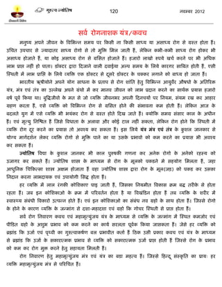 120                                   नलम्फय 2012




                                         वलल योगनाळक मॊत्र/कलच
       भनुष्म अऩने जीलन क त्रलप्तबन्न वभम ऩय टकवी ना टकवी वाध्म मा अवाध्म योग वे ग्रस्त शोता शं ।
                         े
उप्तचत उऩचाय वे ज्मादातय वाध्म योगो वे तो भुत्रि प्तभर जाती शं , रेटकन कबी-कबी वाध्म योग शोकय बी
अवाध्म शोजाते शं , मा कोइ अवाध्म योग वे ग्रप्तवत शोजाते शं । शजायो राखो रुऩमे खचल कयने ऩय बी अप्तधक
राब प्राद्ऱ नशीॊ शो ऩाता। िॉक्िय द्राया टदजाने लारी दलाईमा अल्ऩ वभम क प्तरमे कायगय वात्रफत शोती शं , एवी
                                                                     े
स्स्थती भं राब प्राप्तद्ऱ क प्तरमे व्मत्रि एक िॉक्िय वे दवये िॉक्िय क चक्कय रगाने को फाध्म शो जाता शं ।
                           े                             ू           े
       बायतीम ऋऴीमोने अऩने मोग वाधना क प्रताऩ वे योग ळाॊप्तत शे तु त्रलप्तबन्न आमुलय औऴधो क अप्ततरयि
                                      े                                            े       े
मॊत्र, भॊत्र एलॊ तॊत्र का उल्रेख अऩने ग्रॊथो भं कय भानल जीलन को राब प्रदान कयने का वाथलक प्रमाव शजायो
लऴल ऩूलल टकमा था। फुत्रद्धजीलो क भत वे जो व्मत्रि जीलनबय अऩनी टदनचमाल ऩय प्तनमभ, वॊमभ यख कय आशाय
                                े
ग्रशण कयता शं , एवे व्मत्रि को त्रलप्तबन्न योग वे ग्रप्तवत शोने की वॊबालना कभ शोती शं । रेटकन आज के
फदरते मुग भं एवे व्मत्रि बी बमॊकय योग वे ग्रस्त शोते टदख जाते शं । क्मोटक वभग्र वॊवाय कार क अधीन
                                                                                           े
शं । एलॊ भृत्मु प्तनस्द्ळत शं स्जवे त्रलधाता क अराला औय कोई िार नशीॊ वकता, रेटकन योग शोने टक स्स्थती भं
                                              े
व्मत्रि योग दय कयने का प्रमाव तो अलश्म कय वकता शं । इव प्तरमे मॊत्र भॊत्र एलॊ तॊत्र क कळर जानकाय वे
             ू                                                                       े ु
मोग्म भागलदळलन रेकय व्मत्रि योगो वे भुत्रि ऩाने का मा उवक प्रबालो को कभ कयने का प्रमाव बी अलश्म
                                                         े
कय वकता शं ।
       ज्मोप्ततऴ त्रलद्या क कळर जानकय बी कार ऩुरुऴकी गणना कय अनेक योगो क अनेको यशस्म को
                           े ु                                          े
उजागय कय वकते शं । ज्मोप्ततऴ ळास्त्र क भाध्मभ वे योग क भूरको ऩकिने भे वशमोग प्तभरता शं , जशा
                                      े               े
आधुप्तनक प्तचटकत्वा ळास्त्र अषभ शोजाता शं लशा ज्मोप्ततऴ ळास्त्र द्राया योग क भूर(जि) को ऩकि कय उवका
                                                                            े
प्तनदान कयना राबदामक एलॊ उऩामोगी प्तवद्ध शोता शं ।
       शय व्मत्रि भं रार यॊ गकी कोप्तळकाए ऩाइ जाती शं , स्जवका प्तनमभीत त्रलकाव क्रभ फद्ध तयीक वे शोता
                                                                                              े
यशता शं । जफ इन कोप्तळकाओ क क्रभ भं ऩरयलतलन शोता शै मा त्रलखॊटिन शोता शं तफ व्मत्रि क ळयीय भं
                           े                                                         े
स्लास्र्थम वॊफॊधी त्रलकायो उत्ऩन्न शोते शं । एलॊ इन कोप्तळकाओ का वॊफॊध नल ग्रशो क वाथ शोता शं । स्जस्वे योगो
                                                                                 े
क शोने क कायण व्मत्रि क जन्भाॊग वे दळा-भशादळा एलॊ ग्रशो टक गोचय स्स्थती वे प्राद्ऱ शोता शं ।
 े      े              े
       वलल योग प्तनलायण कलच एलॊ भशाभृत्मुॊजम मॊत्र क भाध्मभ वे व्मत्रि क जन्भाॊग भं स्स्थत कभजोय एलॊ
                                                    े                   े
ऩीटित ग्रशो क अळुब प्रबाल को कभ कयने का कामल वयरता ऩूलक टकमा जावकता शं । जेवे शय व्मत्रि को
             े                                        ल
ब्रह्माॊि टक उजाल एलॊ ऩृर्थली का गुरुत्लाकऴलण फर प्रबालीत कताल शं टठक उवी प्रकाय कलच एलॊ मॊत्र क भाध्मभ
                                                                                                े
वे ब्रह्माॊि टक उजाल क वकायात्भक प्रबाल वे व्मत्रि को वकायात्भक उजाल प्राद्ऱ शोती शं स्जस्वे योग क प्रबाल
                      े                                                                           े
को कभ कय योग भुि कयने शे तु वशामता प्तभरती शं ।
       योग प्तनलायण शे तु भशाभृत्मुॊजम भॊत्र एलॊ मॊत्र का फिा भशत्ल शं । स्जस्वे टशन्द ू वॊस्कृ प्तत का प्राम् शय
व्मत्रि भशाभृत्मुॊजम भॊत्र वे ऩरयप्तचत शं ।
 