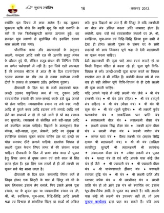 16                                                  नलम्फय 2012



क्मंटक इव त्रलऴम भं कथा अनेक शं । मश वुनकय                         कयं । कछ त्रलद्रानो का भत शं की प्तवॊदय वे मटद रक्ष्भीजी
                                                                          ु                              ू
ऩुरस्त्म ऋत्रऴ फोरे टक भशत्रऴल बृगु टक ऩत्नी ख्माप्तत के           का फीज भॊत्र अॊटकत कयना अप्तत राबप्रद शोता शं ।
गबल वे एक त्रत्ररोकवुन्दयी कन्मा उत्ऩन्न शुई। लश                   क्मोकी, प्राम् घयं एलॊ व्मलवामीक स्थानं ऩय ॐ, श्री,
वभस्त ळुब रषणं वे वुळोप्तबत थी। इवप्तरए उवका                       स्लस्स्तक, ळुब-राब एलॊ रयत्रद्ध-प्तवत्रद्ध प्तरखा शुला वबी ने
नाभ रक्ष्भी यखा गमा।                                               दे खा शी शोगा! रक्ष्भी ऩूजन क वभम घय क वबी
                                                                                                े        े
        ऩौयास्णक     कथा        औय    भान्मताओॊ   के     अनुळाय    वदस्मं को वाथ प्तभरकय ऩूणल श्रद्धा वे दे ली भशारक्ष्भी
रक्ष्भी, चन्द्रभा आटद वबी यत्न की उत्ऩत्रत्त वभुद्र भॊथन           का ऩूजन कयना चाटशए।
क दौयान शुई थी, रेटकन वभुद्र-भॊथन की प्तनस्द्ळत प्ततप्तथ
 े                                                                 दे ली भशारक्ष्भी की ऩूजा चाशे आऩ स्लमॊ कययशे शो मा
का लणलन धभलळास्त्रं भं नशीॊ शं । इव प्तरमे एवी भान्मता             टकवी त्रलद्रान ऩॊटित वे कयला यशे शो, ऩूजा ऩूणल त्रलप्तध-
शं की बगलान श्रीयाभ ने आज शी क टदन याज्मायोशण
                              े                                    त्रलधान वे कयं । जल्दी-जल्दी ऩूजा खत्भ कयने का त्रलधान
उत्वल भनामा था औय तफ वे वभग्र अमोध्मा नगयी                         ळास्त्रोि भत वे बी लस्जलत शं । क्मोकी कलर लऴल भं एक
                                                                                                          े
दीऩं क प्रकाळ वे जगभगा उठी। (बत्रलष्म ऩुयाण)
      े                                                            फाय शी वशी रेटकन ऩूणल त्रलप्तध-त्रलधान वे शी दे ली रक्ष्भी
        दीऩालरी क टदन घय क वबी वदस्मको प्रात्
                 े        े                                        की ऩूजा कयनी चाटशए।
जल्दी   उठकय       प्रपस्ल्रत
                       ु         भन    वे   घय,   दकान
                                                   ु      आटद      मटद आऩने ऩशरे वे कोई रक्ष्भी मॊत्र जैवे  श्री मॊत्र
व्मलवामीक स्थानं की वाप-वपाई कयक उवे ळुद्ध जरवे
                                े                                  (रक्ष्भी मॊत्र)  श्री मॊत्र (भॊत्र यटशत) श्री मॊत्र (वॊऩूणल
धो रेना चाटशए। व्मलवामीक स्थान ऩय नमे लस्त्र, गादी                 भॊत्र वटशत) श्री मॊत्र (फीवा मॊत्र) श्री मॊत्र श्री
आटद वे ऩुयाने कलय आटद शिाकय नमे रगादे (मटद नमे                     वूि मॊत्र श्री मॊत्र (कभल ऩृद्षीम) श्री रषभी कफेय
                                                                                            ु                        ु
रेने का वाभर्थमल न शो तो उवे आगे वे धो कय स्लच्छ                   धनाकऴलण          मॊत्र    आकस्स्भक                    धन             प्राप्तद्ऱ   मॊत्र
कय वुखारे), व्मलवामे वे वॊफॊप्तधत नमे फशी-खाता आटद                 भशारक्ष्भमै            फीज      मॊत्र       भशारक्ष्भी               फीवा       मॊत्र
को स्थात्रऩत कयना चाटशमे। त्रलद्रानो क भतानुळाय कळ
                                      े          ै                 रक्ष्भी दामक प्तवद्ध फीवा मॊत्र रक्ष्भी दाता फीवा
फॉक्व, फशी-खाता, तुरा, रेखनी, आटद का ककभ वे
                                      ुॊ ु                         मॊत्र   रक्ष्भी         फीवा        मॊत्र     रक्ष्भी              गणेळ         मॊत्र
स्लस्स्तक फनाकय ऩूजन कयना चाटशए उव ऩय शल्दी का                     कनक धाया मॊत्र लैबल रक्ष्भी मॊत्र (भशान प्तवत्रद्ध
घोर फनाकय छीॊिे रगाने चाटशमे। ळास्त्रोि त्रलधान वे                 दामक श्री भशारक्ष्भी मॊत्र) श्री श्री मॊत्र (रप्तरता
रक्ष्भी ऩूजन कलर स्स्थय रग्न भं की वॊऩन्न कयना
              े                                                    भशात्रत्रऩुय    वुन्दमै        श्री       भशारक्ष्भमं           श्री          भशामॊत्र)
चाटशए। दीऩालरी क टदन भं प्राम् वाॊम कार भं ऩूजन
                े                                                  अॊकात्भक फीवा मॊत्र ज्मेद्षा रक्ष्भी भॊत्र ऩूजन
शे तु स्स्थय रग्न भं लृऴब रग्न एलॊ यात्री कार भं प्तवॊश            मॊत्र धनदा मॊत्र शो एलॊ मटद आऩक ऩाव कोई जैन
                                                                                                    े
रग्न शोता शं । इव प्तरए उि रग्नं भं शी भाॉ रक्ष्भी का              मॊत्र शं जैवे     श्री ऩद्मालती मॊत्र श्री ऩद्मालती फीवा
ऩूजन वलल श्रेद्ष भाना जाता शं ।                                    मॊत्र   श्री       ऩाद्वलऩद्मालती           ह्रंकाय   मॊत्र      ऩद्मालती
        दीऩालरी क टदन प्रात् स्नानाटद प्तनत्म कभल वे
                 े                                                 व्माऩाय लृत्रद्ध मॊत्र श्री मॊत्र श्री रक्ष्भी प्राप्तद्ऱ औय
प्तनलृत्त शोकय एक प्तभट्िी क ऩात्र भं प्तवॊदय को घी क
                            े               ू        े             व्माऩाय लधलक मॊत्र श्री रक्ष्भीकय मॊत्र रक्ष्भी
वाथ प्तभराकय उवका रेऩ फनारे, टपय उववे अऩने ऩूजा                    प्राप्तद्ऱ मॊत्र शो तो आऩ उव मॊत्र को स्थात्रऩत कय उवका
स्थान, घय क भुख्म द्राय मा व्मलवामीक स्थान ऩय ॐ,
           े                                                       धूऩ-दीऩ-नैलेद्य आटद वे ऩूजन कय वकते शं । मटद आऩके
श्रीॊ, श्री, स्लस्स्तक, ळुब-राब, रयत्रद्ध-प्तवत्रद्ध आटद अऩनी      ऩाव कोई बी रक्ष्भी मॊत्र उऩल्फध नशीॊ शो, तो आऩ
श्रद्धा एलॊ त्रलद्वाव वे भाॊगप्तरक प्तचन्श मा ळब्दं को अॊटकत       गुरुत्ल कामालरम द्राया प्राद्ऱ कय वकते शं । मटद आऩ
 
