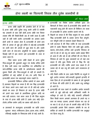 30                                          नलम्फय 2012




                  शोगा रक्ष्भी का प्तचस्थामी प्तनलाव तीन दरब वाभग्रीमं वे
                                                          ु ल
                                                                                                           प्तचॊतन जोळी
शत्था जोिी्                                                    शत्थाजोिी        का   त्रलळेऴ   प्रमोग    ताॊत्रत्रको   द्धाया   तॊत्र
                                                                  टक्रमाओॊ भं टकमा जाता शै , शत्थाजोिी ळीध्र प्रबाली एलॊ
       शत्था जोिी प्रकृ प्तत की अनभोर दे नं भं वे एक
                                                                  चभत्कायी लस्तु शोने की कायण शी त्रलप्तबन्न तॊत्र ळास्त्र
शं , शत्था जोिी अप्तत दरलब लस्तु भानी जाप्तत शं क्मोकी
                       ु
                                                                  भं शत्थाजोिी क अनेक उऩमोग फतामे गमे शै ।
                                                                                े
मश आवानी वे प्राद्ऱ नशीॊ शोती, शत्था जोिी एक त्रलरुऩा
                                                               त्रलद्रानं का कथन शं की स्जव भनुष्म क ऩाव अवरी
                                                                                                     े
नाभक ऩौधे की टकवी-टकवी जि भं ऩामी जाता शं , वबी
                                                                  प्तवद्ध शत्थाजोिी शोती शै , उवका बाग्म टदन दोगुनी-
जिं भं नशीॊ ऩामी जाती। शत्थाजोिी का आकाय शभाये
                                                                  यात चौगुनी तेजी वे चभकता दे खने प्तभरता शं !
दोनं शाथं क वभान शोता शं , शत्थाजोिी भं दोनो शाथ
           े
                                                               एवी भान्मता शं की स्जव व्मत्रि क ऩाव शत्थाजोिी
                                                                                                े
नीॊचे वे आऩव भं जुिे़ शुले प्रप्ततत शं कई-कई शत्थाजोिी
                                                                  शोती शं उवक स्खराप टकमे गमे वबी झुठे आयोऩ,
                                                                             े
का उऩयी बाग बी आऩवे भं जुिा शोता शै , औय उवके
                                                                  ऴिमॊत्र, िोने-िोिक, ताॊत्रत्रक कभल इत्माटद प्तनष्पर शो
                                                                                    े
उऩयी बाग भं ऩाॊच-ऩाॊच अॊगुरीमं क वभान आकृ प्ततमा
                                े
                                                                  जाते शं , फिे ़ वे फिे ़ ळत्रु का प्रबाल उवक वभष स्षण
                                                                                                              े
टदखाई दे ती शं इव कायण इवे शत्थाजोिी क नाभ वे
                                      े
                                                                  शो जाता शं औय फिे ़ वे फिे ़ ताॊत्रत्रकं की तॊत्र टकमा मे
जाना जाता शं ।
                                                                  प्तनष्पर शो जाते शं । कछ जानकायं का तो मशाॊ तक
                                                                                         ु
       स्जव प्रकाय शत्था जोिी दे खने भं अन्म दरब
                                              ु ल
                                                                  कशना शं मटद कछ त्रलळेऴ भॊत्रं वे प्तवद्ध टक गई
                                                                               ु
प्तचज-लस्तुओॊ की तुरनाभं अद्भत एलॊ फेजोि प्रप्ततत शोती
                             ु
                                                                  शत्थाजोिी को मटद व्मत्रि अऩने ऩाव यखता शं तो
शं ठीक उवी प्रकाय एक प्राभास्णक एलॊ अप्तबभॊत्रत्रत मा
                                                                  उवका फिे ़ वे फिा ळत्रु बी उवक आगे नतभस्त्क शो
                                                                                                े
प्राण-प्रप्ततत्रद्षत शत्था जोिी क आद्ळमलजनक प्रबालं की
                                 े
                                                                  जाता शं ।
तुरना टकवी औय प्तचज-लस्तुओॊ वे नशीॊ शो वकती शं ।
                                                               मटद टकवी व्मत्रि क उऩय उवक त्रलयोप्तध मा ळत्रुओॊ ने
                                                                                  े       े
इवीप्तरमे तो कई वदीॊमं वे भॊत्र, तॊत्र आटद त्रलद्या भं
                                                                  झुठे आयोऩ रगाकय कोिल -कचशयी, भुकदभं इत्माटद भं
शत्थाजोिी अऩना एक भशत्लऩूणल स्थान यखती शै ।
                                                                  पवा टदमा शो तो शत्थाजोिी क प्रबाल वे उवे भुकदभे
                                                                   ॊ                        े
       शत्थाजोिी त्रलप्तबन्न ताॊत्रत्रक प्रमोगं भं काभ आती
                                                                  भं त्रलजम की प्राप्तद्ऱ शोती शं औय उवक ळत्रु लळीबूत
                                                                                                        े
शं , जानकाय त्रलद्रानं का कथन शं की एक प्तवद्ध शत्थाजोिी
                                                                  शो जाते शं ।
को कलर अऩने वाथ यखने भात्र वे शी छोिे -फिे ़ अनेक
    े
                                                               शत्थाजोिी को ऩाव यखने वे याजकीम अथालत वयकायी
वॊकिं का स्लत् शी प्तनलायण शो जाता शं । शत्था जोिी
                                                                  कामो वे जुिे़ छोिे -फिे ़ वबी अप्तधकायी व्मिी के
को अऩने ऩाव यखने वे आकस्स्भक दघिना आटद का
                              ु ल
                                                                  लळीबूत शो जाते शं । मटद कोई वयकायी अप्तधकायी
बम नशीॊ वताता। एवा भाना जाता शं की स्जव भनुष्म
                                                                  त्रफना टकवी कायण आऩको अनामाव शी अऩने ऩद ल
क ऩाव भं शत्था जोिी शोती शं उवक उऩय कोई िोने -
 े                             े
                                                                  वत्ता का पामदा उठाकय आऩको ऩये ळान कय यशा शो
िोिक, ताॊत्रत्रक प्रमोग आटद का प्रबाल नशीॊ शोता शं !
    े
                                                                  मा कद्श दे यशे शो, तो इव भं जयाबीॊ वॊदेश नशीॊ शं टक
 जानकायं क भतानुवाय शत्थाजोिी का प्राप्तद्ऱ स्थान
           े                                                      शत्थाजोिी आऩक प्तरमे याभफाण औऴप्तध क रुऩ भं
                                                                               े                      े
   भुख्मत् बायत, ऩाटकस्तान, ईयान, इयाक, फ्राॊव, जभलनी,            वात्रफत शो वकती शं ! क्मोटक शत्थाजोिी एक अनुबूत
   एप्तळमाई भशाद्रीऩ क प्तनकितभ षेत्रं भं ऩाई जाती शै ।
                      े                                           एलॊ टदव्म लस्तु शं ।
 