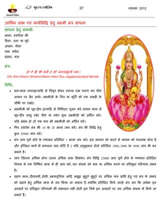 37                              नलम्फय 2012



आप्तथलक राब एलॊ कामलप्तवत्रद्ध शे तु रक्ष्भी भॊत्र वाधना
वाधना शे तु वाभग्री:
भारा: स्पटिक की
टदळा: उत्तय मा ऩूलल
आवन: ऩीरा
लस्त्र: वफ़द
          े
प्रवाद: पर


भॊत्र:
                        ॐ ऐॊ ह्रीॊ श्रीॊ क्रीॊ शॊ वौ जगत्प्रवूत्मै नभ्।
  Om Aim Hreem Shreem Kleem Ham Sou Jagatprasootyai Namah

त्रलप्तध:
           प्रात्कार स्नानइत्माटद वे प्तनलृत्त शोकय स्लच्छ लस्त्र धायण कय ऩीरे
            आवन ऩय फैठ जामे। रक्ष्भीजी क प्तचत्र मा भूप्ततल को एक रकिी क
                                        े                               े
            चौकी ऩय यखदे ।
           रक्ष्भीजी को धूऩ-दीऩ इत्माटद वे त्रलप्तधलत ऩूजन कयं , वाधन कार भं
            धूऩ-दीऩ चारु यखं। ऩीरे मा स्लेत पर रक्ष्भीजी को अत्रऩलत कयं ।
                                             ू
            मटद वॊबल शो तो एक पर बी रक्ष्भीजी को अत्रऩलत कयं ।
           टपय उऩयोि भॊत्र की 10 मा 20 भारा जाऩ कयं । भॊत्र की प्तवत्रद्ध शे तु
            कर 25000 जाऩ कयं ।
             ु
           भॊत्र जाऩ ऩूणल शोने क ऩद्ळमात प्रप्ततटदन 1 भारा जऩ जये । इव वाधना को कयने वे वाधक को धनराब शोता शं
                                 े
            औय इस्च्छत कामल भं वपरता प्राद्ऱ शोप्तत शं ( मटद अनुकरता शोतो प्रप्ततटदन 1000, 3000 मा 5000 जाऩ बी कय
                                                                 ू
            वकते शं ।
           जाऩ स्जतना अप्तधक शोगा उतना अप्तधक राब प्तभरेगा। भॊत्र प्तवत्रद्ध 25000 जाऩ ऩूणल शोने क ऩद्ळमात प्रप्ततटदन
                                                                                                   े
            प्तनमभ वे एक प्तनस्द्ळत भात्रा भं शी जाऩ कयं , जऩ वॊख्मा को कभ मा अप्तधक कयने ऩय प्रप्ततकर ऩरयणाभ वॊबल
                                                                                                     ू
            शं ।
           ग्रशण कार, दीऩालरी, शोरी, अक्ष्मतृप्ततमा आटद अफूझ भुशूतल भुशूतल ऩय अप्तधक पर प्राप्तद्ऱ शे तु एलॊ भॊत्र क प्रबाल
                                                                                                                     े
            को फढ़ाने शे तु अप्तधक भात्रा भं जऩ टकमा जा वकता शं , क्मोटक, प्रप्ततटदन टकमे जायशे भॊत्र जऩ टक अऩेषा इन
            अलवयं ऩय प्रप्ततकर ऩरयणाभं की वॊबालना नशीॊ शोती इव प्तरमे इन अलवयं ऩय जऩ अप्तधक वॊख्मा भं टकमे जा
                             ू
            वकते शं ।
 