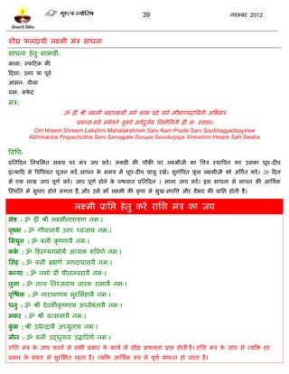 39                                         नलम्फय 2012



ळीघ्र परदामी रक्ष्भी भॊत्र वाधना
वाधना शे तु वाभग्री:
भारा: स्पटिक की
टदळा: उत्तय मा ऩूलल
आवन: ऩीरा
लस्त्र: वफ़द
          े
भॊत्र:
                         ॐ ह्रीॊ श्रीॊ रक्ष्भी भशारक्ष्भीॊ वलल काभ प्रदे वलल वौबाग्मदाप्तमनी अप्तबभॊत्र
                               प्रमच्छ वलल वललगते वुरुऩे वललदजम त्रलभोप्तचनी ह्रीॊ व् स्लाशा।
                                                             ु ल
             Om Hreem Shreem Lakshmi Mahalakshmim Sarv Kam Prade Sarv Soubhagyadaayinee
            Abhimantra Prayachchha Sarv Sarvagate Surupe Sarvdurjaya Vimochini Hreem Sah Swaha

त्रलप्तध:
प्रप्ततटदन प्तनमप्तभत वभम ऩय भॊत्र जऩ कयं । रकिी की चौकी ऩय रक्ष्भीजी का प्तचत्र स्थात्रऩत कय उवका धूऩ-दीऩ
इत्माटद वे त्रलप्तधलत ऩूजन कयं , वाधन क वभम भं धूऩ-दीऩ चारु यखं। वुगॊप्तधत पर रक्ष्भीजी को अत्रऩत कयं । 20 टदन
                                       े                                    ू                   ल
भं एक राख जाऩ ऩूणल कयं । जाऩ ऩूणल शोने क ऩद्ळमात प्रप्ततटदन 1 भारा जाऩ कयं । इव वाधना वे वाधन की आप्तथलक
                                        े
स्स्थप्तत भं वुधाय शोने रगता शं , औय उवे भाॉ रक्ष्भी की कृ ऩा वे वुख-वॊऩत्रत्त औय लैबल की प्राप्तद्ऱ शोती शं ।

                              रक्ष्भी प्राप्तद्ऱ शे तु कयं याप्तळ भॊत्र का जऩ
भेऴ : ॐ ह्रीॊ श्रीॊ रक्ष्भीनायामण नभ्।
लृऴब : ॐ गौऩारामै उत्तय ध्लजाम नभ्।
प्तभथुन : ॐ क्रीॊ कृ ष्णामै नभ्।
कक : ॐ टशयण्मगबालमै अव्मि रूत्रऩणे नभ्।
  ल
प्तवॊश : ॐ क्रीॊ ब्रह्मणे जगदाधायामै नभ्।
कन्मा : ॐ नभो प्रीॊ ऩीताम्फयामै नभ्।
तुरा : ॐ तत्ल प्तनयॊ जनाम तायक याभामै नभ्।
लृस्द्ळक : ॐ नायामणाम वुयप्तवॊशामै नभ्।
धनु : ॐ श्रीॊ दे लकीकृ ष्णाम ऊध्ललऴॊतामै नभ्।
भकय : ॐ श्रीॊ लत्वरामै नभ्।
कब : श्रीॊ उऩेन्द्रामै अच्मुताम नभ्।
 ुॊ
भीन : ॐ क्रीॊ उद्‍ ताम उद्धारयणे नभ्।
                 धृ
याप्तळ भॊत्र क जाऩ कयने वे वबी प्रकाय क कामल भं ळीघ्र वपरता प्राद्ऱ शोती शं । याप्तळ भॊत्र क जाऩ वे व्मत्रि शय
              े                        े                                                    े
प्रकाय क वॊकि वे वुयस्षत यशता शं । व्मत्रि आप्तथलक रूऩ वे ऩूणल वॊऩन्न शो जाता शं ।
        े
 