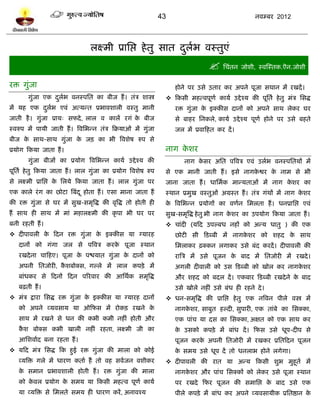 43                                     नलम्फय 2012




                                 रक्ष्भी प्राप्तद्ऱ शे तु वात दरब लस्तुएॊ
                                                               ु ल
                                                                                   प्तचॊतन जोळी, स्लस्स्तक.ऎन.जोळी
यि गुॊजा                                                            शोने ऩय उवे उताय कय अऩने ऩूजा वथान भं यखदं ।
       गुॊजा एक दरब लनस्ऩप्तत का फीज शं । तॊत्र ळास्त्र
                 ु ल                                             टकवी भशत्लऩूणल कामल उद्दे श्म की ऩूप्ततल शे तु भॊत्र प्तवद्ध
भं मश एक दरब एलॊ अत्मन्त प्रबालळारी लस्तु भानी
          ु ल                                                       यि गुॊजा क इक्कीव दानं को अऩने वाथ रेकय घय
                                                                              े
जाती शै । गुॊजा प्राम् वपदे , रार ल कारं यगॊ क फीज
                                              े                     वे फाशय प्तनकरे, कामल उद्दे श्म ऩूणल शोने ऩय उवे फशते
स्लरुऩ भं ऩामी जाती शं । त्रलप्तबन्न तॊत्र टक्रमाओॊ भं गुॊजा        जर भं प्रलाटशत कय दं ।
फीज क वाथ-वाथ गुॊजा क जि का बी त्रलळेऴ रुऩ वे
     े               े
प्रमोग टकमा जाता शं ।                                           नाग कळय
                                                                     े
       गुॊजा फीजं का प्रमोग त्रलप्तबन्न कामल उद्दे श्म की               नाग कवय अप्तत ऩत्रलत्र एलॊ उरलब लनस्ऩप्ततमं भं
                                                                             े
ऩूप्ततल शे तु टकमा जाता शं । रार गुॊजा का प्रमोग त्रलळेऴ रुऩ    वे एक भानी जाती शं । इवे नागकद्वय क नाभ वे बी
                                                                                             े     े
वे रक्ष्भी प्राप्तद्ऱ क प्तरमे टकमा जाता शं । रार गुॊजा ऩय
                       े                                        जाना जाता शं । धाप्तभलक भान्मताओॊ भं नाग कळय का
                                                                                                          े
एक कारे यॊ ग का छोिा त्रफॊद ू शोता शं । एवा भाना जाता शं        स्थान प्रभुख लस्तुओॊ अग्रस्त शं । तॊत्र गॊथं भं नाग कळय
                                                                                                                     े
की यि गुॊजा वे घय भं वुख-वभृत्रद्ध की लृत्रद्ध तो शोती शी       क त्रलप्तबन्न प्रमोगं का लणलन प्तभरता शं । धनप्राप्तद्ऱ एलॊ
                                                                 े
शं वाथ शी वाथ भं भाॊ भशारक्ष्भी की कृ ऩा बी घय ऩय               वुख-वभृत्रद्ध शे तु बी नाग कळय का उऩमोग टकमा जाता शं ।
                                                                                            े
फनी यशती शं ।                                                    चाॊदी (मटद उऩल्फध नशं को अन्म धातु ) की एक
 दीऩालरी क टदन यि गुॊजा क इक्कीव मा ग्मायश
           े              े                                         छोिी वी टिब्फी भं नागकळय को ळशद क वाथ
                                                                                          े          े
   दानं को गॊगा जर वे ऩत्रलत्र कयक ऩूजा स्थान
                                  े                                 प्तभराकय ढ़क्कन रगाकय उवे फॊद कयदं । दीऩालरी की
   यखदे ना चाटशए। ऩूजा क ऩद्ळमात गुॊजा क दानं को
                        े               े                           यात्रत्र भं उवे ऩूजन क फाद भं प्ततजोयी भं यखदे ।
                                                                                          े
   अऩनी प्ततजोयी, कळफोक्व, गल्रे भं रार कऩिे भं
                   ै                                                अगरी दीलारी को उव टिब्फी को खोर कय नागकळय
                                                                                                           े
   फाॊधकय वे टदनं टदन ऩरयलाय की आप्तथलक वभृत्रद्ध                   औय ळशद को फदर दं । एकफाय टिब्फी यखदे ने क फाद
                                                                                                             े
   फढ़ती शं ।                                                       उवे खोरे नशीॊ उवे फॊध शी यशने दे ।
 भॊत्र द्राया प्तवद्ध यि गुॊजा क इक्कीव मा ग्मायश दानं
                                 े                               धन-वभृत्रद्ध की प्राप्तद्ऱ शे तु एक नत्रलन ऩीरे लस्त्र भं
   को अऩने व्मलवाम मा ओटपव भं योकि यखने के                          नागकळय, वाफुत शल्दी, वुऩायी, एक ताॊफे का प्तवक्का,
                                                                        े
   वाथ भं यखने वे धन की कबी कभी नशीॊ शोती औय                        एक ऩाॊच मा दव का प्तवक्का, अषत को एक वाथ कय
   कळ फोक्व कबी खारी नशीॊ यशता, रक्ष्भी जी का
    ै                                                               क उवको कऩिे ़ भं फाॊध दं । टपव उवे धूऩ-दीऩ वे
                                                                     े
   आप्तळलालद फना यशता शं ।                                          ऩूजन कयक अऩनी प्ततजोयी भं यखकय प्रप्ततटदन ऩूजन
                                                                            े
 मटद भॊत्र प्तवद्ध टक शुई यि गुॊजा की भारा को कोई                  क वभम उवे धूऩ दं तो धनराब शोने रगेगा।
                                                                     े
   व्मत्रि गरे भं धायण कताल शं तो लश वललजन लळीकय                 दीऩालरी की यात मा अन्म टकवी ळुब भुशूतल भं
   क वभान प्रबालळारी शोती शं । यि गुॊजा की भारा
    े                                                               नागकळय औय ऩाॊच प्तवक्कं को रेकय उवे ऩूजा स्थान
                                                                        े
   को कलर प्रमोग क वभम मा टकवी भशत्ल ऩूणल कामल
       े          े                                                 ऩय यखदे टपय ऩूजन की वभाप्तद्ऱ क फाद उवे एक
                                                                                                   े
   मा व्मत्रि वे प्तभरते वभम शी धायण कयं , अनालश्म                  ऩीरे कऩिे ़ भं फाॊध कय अऩने व्मलवामीक प्रप्ततद्षान के
 