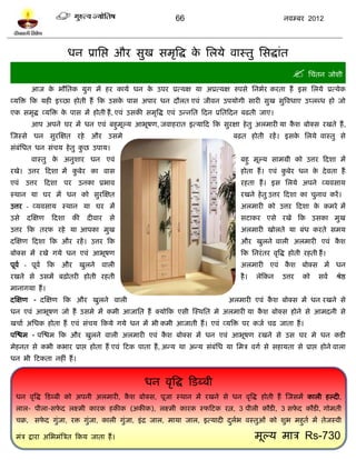 66                                       नलम्फय 2012




                      धन प्राप्तद्ऱ औय वुख वभृत्रद्ध क प्तरमे लास्तु प्तवद्धाॊत
                                                      े
                                                                                                       प्तचॊतन जोळी
       आज क बौप्ततक मुग भं शय कामल धन क उऩय प्रत्मष मा अप्रत्मष रुऩवे प्तनबलय कयता शं इव प्तरमे प्रत्मेक
           े                           े
व्मत्रि टक मशी इच्छा शोती शं टक उवक ऩाव अऩाय धन दौरत एलॊ जीलन उऩमोगी वायी वुख वुत्रलधाए उप्रब्ध शो जो
                                   े
एक वभृद्ध व्मत्रि क ऩाव भं शोती शं , एलॊ उवकी वभृत्रद्ध एलॊ उन्नप्तत टदन प्रप्ततटदन फढती जाए।
                   े
       आऩ अऩने घय भं धन एलॊ फशुभूल्म आबूऴण, जलाशयात इत्माटद टक वुयषा शे तु अरभायी मा कळ फोक्व यखते शं ,
                                                                                      ै
स्जस्वे धन वुयस्षत यशे          औय उवभे                                        फढ़त शोती यशं । इवक प्तरमे लास्तु वे
                                                                                                  े
वॊफॊप्तधत धन वॊचम शे तु कछ उऩाम।
                         ु
       लास्तु क अनुळाय धन एलॊ
               े                                                                 फशु भूल्म वाभग्री को उत्तय टदळा भं
यखे। उत्तय टदळा भं कफेय का लाव
                    ु                                                            शोता शं । एलॊ कफेय धन क दे लता शं
                                                                                                ु       े
एलॊ उत्तय टदळा ऩय उनका प्रबाल                                                    यशता शं । इव प्तरमे अऩने व्मलवाम
स्थान मा घय भं धन को वुयस्षत                                                     यखने शे तु उत्तय टदळा का चुनाल कयं ।
उत्तय - व्मलवाम स्थान मा घय भं                                                   अरभायी को उत्तय टदळा क कभये भं
                                                                                                       े
उवे   दस्षण    टदळा     की    दीलाय    वे                                        विाकय एवे यखे टक उवका भुख
उत्तय टक तयप यशे मा आऩका भुख                                                     अरभायी खोरते मा फॊध कयते वभम
दस्षण टदळा टक औय यशं । उत्तय टक                                                  औय खुरने लारी अरभायी एलॊ कळ
                                                                                                           ै
फोक्व भं यखे गमे धन एलॊ आबूऴण                                                    टक प्तनयॊ तय लृत्रद्ध शोती यशती शं ।
ऩूलल - ऩूलल टक औय          खुरने    लारी                                         अरभायी एलॊ कळ फोक्व भं धन
                                                                                             ै
यखने वे उवभं फढ़ोतयी शोती यशती                                                   शै ।   रेटकन     उत्तय    को    वलल    श्रेद्ष
भानागमा शं ।
दस्षण - दस्षण टक औय खुरने लारी                                               अरभायी एलॊ कळ फोक्व भं धन यखने वे
                                                                                         ै
धन एलॊ आबूऴण जो शं उवभे भं कभी आजाप्तत शं क्मोटक एवी स्स्थप्तत भे अरभायी मा कळ फोक्व शोने वे आभदनी वे
                                                                             ै
खचाल अप्तधक शोता शं एलॊ वॊचम टकमे गमे धन भं बी कभी आजाती शं । एलॊ व्मत्रि ऩय कजल चढ जाता शं ।
ऩस्द्ळभ - ऩस्द्ळभ टक औय खुरने लारी अरभायी एलॊ कळ फोक्व भं धन एलॊ आबूऴण यखने वे उव घय भे धन किी
                                               ै
भेशनत वे कबी कबाय प्राद्ऱ शोता शं एलॊ टिक ऩाता शं , अन्म था अन्म वॊफॊप्तध मा प्तभत्र लगल वे वशामता वे प्राद्ऱ शोने लारा
धन बी टिकता नशीॊ शं ।


                                               धन लृत्रद्ध टिब्फी
 धन लृत्रद्ध टिब्फी को अऩनी अरभायी, कळ फोक्व, ऩूजा स्थान भं यखने वे धन लृत्रद्ध शोती शं स्जवभं कारी शल्दी,
                                     ै
 रार- ऩीरा-वपद रक्ष्भी कायक शकीक (अकीक), रक्ष्भी कायक स्पटिक यत्न, 3 ऩीरी कौिी, 3 वपद कौिी, गोभती
             े                                                                      े
 चक्र, वपद गुॊजा, यि गुॊजा, कारी गुॊजा, इॊ द्र जार, भामा जार, इत्मादी दरब लस्तुओॊ को ळुब भशुतल भं तेजस्ली
         े                                                             ु ल

 भॊत्र द्राया अप्तबभॊत्रत्रत टकम जाता शं ।                                              भूल्म भात्र Rs-730
 