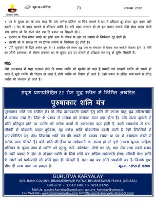 73                                      नलम्फय 2012



 घय क भुख्म द्राय क उऩय अॊदय टक ओय गणेळ प्रप्ततभा मा प्तचत्र रगाने वे घय वे दरयद्रता दय शोकय ऩून् प्रलळ नशीॊ
      े             े                                                                  ू
कयती। ( घय क फाशय रगाने वे दरयद्रता आप्तत शं । मटद फशाय रगाना शो तो इव प्रकाय रगामे जेवे अॊदय फाशाय दोनो
            े
ओय गणेळ जी टक दोनो ऩीठ एक टश स्थान ऩय प्तभरती शं।)
 फुधलाय क टदन वपद कऩिे का झॊिा फना क ऩीऩर क लृष ऩय रगाने वे प्तनधलनता दय शोती शं ।
          े      े                   े      े                           ू
 रक्ष्भी जी क वभष घी का दीऩक रगाने वे प्तनधलनता दय शोती शं ।
              े                                   ू
 प्रप्तत ळुक्रलाय क टदन अळोक लृष क 13 अखॊटित ऩत्ते राकय ळुद्ध जर मा गॊगाजर वे धोकय रार कऩिे वे ऩोछकय इन 13 ऩत्तो
                    े              े
का भौरी (कराला) वे तोयण फनाकय घय क भुख्म द्राय ऩय रगाने वे दरयद्रता एलॊ ळत्रु वे भुत्रि प्तभरती शं ।
                                  े


नोि:
जैवे आत्भफर भं श्रद्धा उत्ऩन्न शोते टश कामय व्मत्रि बी ळूयलीय शो जाते शं , प्रभादी एलॊ आरवी व्मत्रि बी उद्यभी शो
जाते शं , भूखल व्मत्रि बी त्रलद्रान शो जाते शं , योगी व्मत्रि बी प्तनयोग शो जाते शं , उवी प्रकाय वे उप्तचत कभल कयने वे दरयद्र
व्मत्रि बी धनलान शो जाते शं ।



              वॊऩूणल प्राणप्रप्ततत्रद्षत 22 गेज ळुद्ध स्िीर भं प्तनप्तभलत अखॊटित

                                       ऩुरुऴाकाय ळप्तन मॊत्र
ऩुरुऴाकाय ळप्तन मॊत्र (स्िीर भं) को तीव्र प्रबालळारी फनाने शे तु ळप्तन की कायक धातु ळुद्ध स्िीर(रोशे )
भं फनामा गमा शं । स्जव क प्रबाल वे वाधक को तत्कार राब प्राद्ऱ शोता शं । मटद जन्भ किरी भं
                        े                                                         ॊु
ळप्तन प्रप्ततकर शोने ऩय व्मत्रि को अनेक कामं भं अवपरता प्राद्ऱ शोती शै , कबी व्मलवाम भं घिा,
              ू
नौकयी भं ऩये ळानी, लाशन दघिना, गृश क्रेळ आटद ऩये ळानीमाॊ फढ़ती जाती शै ऐवी स्स्थप्ततमं भं
                         ु ल
प्राणप्रप्ततत्रद्षत ग्रश ऩीिा प्तनलायक ळप्तन मॊत्र की अऩने को व्मऩाय स्थान मा घय भं स्थाऩना कयने वे
अनेक राब प्तभरते शं । मटद ळप्तन की ढै ़मा मा वाढ़े वाती का वभम शो तो इवे अलश्म ऩूजना चाटशए।
ळप्तनमॊत्र क ऩूजन भात्र वे व्मत्रि को भृत्मु, कजल, कोिल कळ, जोिो का ददल , फात योग तथा रम्फे वभम
            े                                            े
क वबी प्रकाय क योग वे ऩये ळान व्मत्रि क प्तरमे ळप्तन मॊत्र अप्तधक राबकायी शोगा। नौकयी ऩेळा आटद
 े            े                        े
क रोगं को ऩदौन्नप्तत बी ळप्तन द्राया शी प्तभरती शै अत् मश मॊत्र अप्तत उऩमोगी मॊत्र शै स्जवक द्राया
 े                                                                                         े
ळीघ्र शी राब ऩामा जा वकता शै ।                                                                   भूल्म: 1050 वे 8200

                                        GURUTVA KARYALAY
            92/3. BANK COLONY, BRAHMESHWAR PATNA, BHUBNESWAR-751018, (ORISSA)
                               Call us: 91 + 9338213418, 91+ 9238328785
                    Mail Us: gurutva.karyalay@gmail.com, gurutva_karyalay@yahoo.in,
              Our Website:- www.gurutvakaryalay.com and http://gurutvakaryalay.blogspot.com/
 