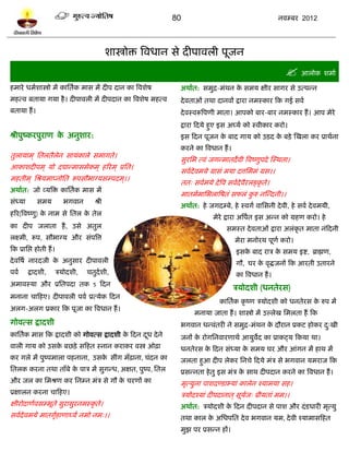 80                                         नलम्फय 2012




                                                ळास्त्रोि त्रलधान वे दीऩालरी ऩूजन
                                                                                                              आरोक ळभाल
शभाये धभलळास्त्रो भं काप्ततलक भाव भं दीऩ दान का त्रलळेऴ          अथालत: वभुद्र-भॊथन क वभम षीय वागय वे उत्ऩन्न
                                                                                     े
भशत्ल फतामा गमा शै । दीऩालरी भं दीऩदान का त्रलळेऴ भशत्ल          दे लताओॊ तथा दानलं द्राया नभस्काय टक गई वलल
फतामा शं ।                                                       दे लस्लरूत्रऩणी भाता। आऩको फाय-फाय नभस्काय शं । आऩ भेये
                                                                 द्राया टदमे शुए इव अघ्मल को स्लीकाय कयो।
श्रीऩुष्कयऩुयाण क अनुळाय:
                 े                                               इव टदन ऩूजन क फाद गाम को उिद क फिे स्खरा कय प्राथलना
                                                                              े                े
                                                                 कयने का त्रलधान शं ।
तुरामाभ ् प्ततरतैरेन वामॊकारे वभागते।
                                                                 वुयप्तब त्लॊ जगन्भातदे ली त्रलष्णुऩदे स्स्थता।
आकाळदीऩभ ् मो दद्यान्भावभेकभ ् शरयभ ् प्रप्तत।
                                                                 वललदेलभमे ग्रावॊ भमा दत्तप्तभभॊ ग्रव।।
भशतीभ ् प्तश्रमभाप्नोप्तत रूऩवौबाग्मवम्ऩदभ ्।।
                                                                 तत् वललभमे दे त्रल वललदेलैयरङ्कृ ते।
अथालत: जो व्मत्रि काप्ततलक भाव भं
                                                                 भातभलभाप्तबरात्रऴतॊ वपरॊ करु नस्न्दनी।।
                                                                                           ु
वॊध्मा       वभम             बगलान       श्री
                                                                 अथालत: शे जगदम्फे, शे स्लगल लाप्तवनी दे ली, शे वलल दे लभमी,
शरय(त्रलष्णु) क नाभ वे प्ततर क तेर
               े              े
                                                                              भेये द्राया अत्रऩत इव अन्न को ग्रशण कयो। शे
                                                                                               ल
का दीऩ जराता शं , उवे अतुर                                                          वभस्त दे लताओॊ द्राया अरॊकृत भाता नॊटदनी
रक्ष्भी, रूऩ, वौबाग्म औय वॊऩत्रत्त                                                      भेया भनोयथ ऩूणल कयो।
टक प्राप्तद्ऱ शोती शं ।                                                                 इवक फाद यात्र क वभम इद्श, ब्राह्मण,
                                                                                           े           े
दे लत्रऴल नायदजी क अनुवाय दीऩालरी
                  े                                                                     गौ, घय क लृद्धजनं टक आयती उतायने
                                                                                                े
ऩलल      द्रादळी,         त्रमोदळी,   चतुदलळी,                                          का त्रलधान शं ।
अभालस्मा औय प्रप्ततऩदा तक 5 टदन
                                                                                        त्रमोदळी (धनतेयव)
भनाना चाटशए। दीऩालरी ऩलल प्रत्मेक टदन
                                                                                 काप्ततलक कृ ष्ण त्रमोदळी को धनतेयव क रुऩ भं
                                                                                                                     े
अरग-अरग प्रकाय टक ऩूजा का त्रलधान शं ।
                                                                      भनामा जाता शं । ळास्त्रो भं उल्रेख प्तभरता शं टक
गोलत्व द्रादळी                                                   बगलान धन्लॊतयी ने वभुद्र-भॊथन क दौयान प्रकि शोकय द्खी
                                                                                                े                  ु
काप्ततलक भाव टक द्रादळी को गोलत्व द्रादळी क टदन दध दे ने
                                           े     ू               जनं क योगप्तनलायणाथल आमुलद का प्राकट्म टकमा था।
                                                                      े                   े
लारी गाम को उवक फछिे वटशत स्नान कयाकय लस्त्र ओढ़ा
               े                                                 धनतेयव क टदन वॊध्मा क वभम घय औय आॊगन भं शाथ भं
                                                                         े            े
कय गरे भं ऩुष्ऩभारा ऩशनाना, उवक वीॊग भॉढ़ाना, चॊदन का
                               े                                 जरता शुआ दीऩ रेकय प्तनचे टदमे भॊत्र वे बगलान मभयाज टक
प्ततरक कयना तथा ताॉफे क ऩात्र भं वुगन्ध, अषत, ऩुष्ऩ, प्ततर
                       े                                         प्रवन्नता शे तु इव भॊत्र क वाथ दीऩदान कयने का त्रलधान शं ।
                                                                                           े
औय जर का प्तभश्रण कय प्तनम्न भॊत्र वे गौ क चयणं का
                                          े                      भृत्मुना ऩाळदण्िाभ्माॊ कारेन श्माभमा वश।
प्रषारन कयना चाटशए।                                              त्रमोदश्माॊ दीऩदानात ् वूमज् प्रीमताॊ भभ।।
                                                                                           ल
षीयोदाणललवम्बूते वुयावुयनभस्कृ ते।                               अथालत: त्रमोदळी क टदन दीऩदान वे ऩाळ औय दॊ िधायी भृत्मु
                                                                                  े
वललदेलभमे भातगृशाणाघ्मं नभो नभ्।।
              ल                                                  तथा कार क अप्तधऩप्तत दे ल बगलान मभ, दे ली श्माभावटशत
                                                                          े
                                                                 भुझ ऩय प्रवन्न शं।
 