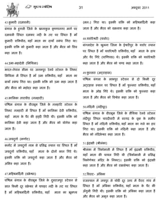 31                                        अक्टू फय 2011



43.कभायी (यत्नालरी)
    ु                                                     (भन:) सगया था। इवकी ळत्रक्त को भफशऴभफदा नी कशा

फॊगार क शुगरी स्जरे क खानाकर कृ ष्णानगय भागा ऩय
       े             े     ु                              जाता शं औय बैयल को लक्रनाथ कशा जाता शं ।

यत्नालरी स्स्थत यत्नाकय नदी क तट ऩय स्स्थत शं भाॉ
                             े
                                                          48.मळोये द्वयी (मळोय)
कभायी ळत्रक्तऩीठ, मशाॉ भाता का दामाॉ स्कध सगया था।
 ु                                      ॊ
                                                          फाॊग्रादे ळ क खुरना स्जरा क ईद्वयीऩुय क मळोय स्थान
                                                                       े             े           े
इवकी ळत्रक्त को कभायी कशा जाता शं औय बैयल को सळल
                 ु
                                                          ऩय स्स्थत शं भाॉ मळोये द्वयी ळत्रक्तऩीठ, मशाॉ   भाता क शाथ
                                                                                                                े
कशा जाता शं ।
                                                          औय ऩैय सगये (ऩास्णऩद्म) थे। इवकी ळत्रक्त को मळोये द्वयी
44.उभा-भशादे ली (सभसथरा)                                  कशा जाता शं औय बैयल को िण्ड कशा जाता शं ।

बायत-नेऩार वीभा ऩय जनकऩुय ये रले स्टे ळन क सनकट
                                          े
                                                          49.पल्रया (अट्टाशाव)
                                                              ु
सभसथरा भं स्स्थत शं भाॉ उभा ळत्रक्तऩीठ, मशाॉ   भाता का
                                                          ऩस्द्ळभ फॊगरा क राबऩुय स्टे ळन वे दो फकभी दय
                                                                         े                           ू
फामाॉ स्कध सगया था। इवकी ळत्रक्त को उभा कशा जाता शं
         ॊ
                                                          अट्टशाव स्थान ऩय स्स्थत शं भाॉ पल्रया ळत्रक्तऩीठ, मशाॉ
                                                                                          ु
औय बैयल को भशोदय कशा जाता शं ।
                                                          भाता क ओद्ष सगये थे। इवकी ळत्रक्त को पल्रया कशा
                                                                े                               ु

45.कासरका तायाऩीठ (नरशाटी)                                जाता शं औय बैयल को त्रलद्वेळ कशा जाता शं ।

ऩस्द्ळभ फॊगार क लीयबूभ स्जरे क नरशाफट स्टे ळन क
               े              े                े
                                                          50.नॊफदनी (नॊदीऩूय)
सनकट नरशाटी भं स्स्थत शं भाॉ कासरका दे ली ळत्रक्तऩीठ,
                                                          ऩस्द्ळभ फॊगार क लीयबूभ स्जरे क वंसथमा ये रले स्टे ळन
                                                                         े              े
मशाॉ   भाता क ऩैय की शड्डी सगयी थी। इवकी ळत्रक्त को
             े
                                                          नॊदीऩुय स्स्थत िायदीलायी भं फयगद क लृष क वभीऩ
                                                                                            े     े
कासरका दे ली कशा जाता शं औय बैयल को मोगेळ कशा             स्स्थत शं भाॉ नॊफदनी ळत्रक्तऩीठ, मशाॉ भाता का गरे का शाय
जाता शं ।                                                 सगया था। इवकी ळत्रक्त को नॊफदनी कशा जाता शं औय
                                                          बैयल को नॊफदकद्वय कशा जाता शं ।
                                                                       े
46.जमदगाा (कणााट)
      ु
                                                          51.इॊ द्राषी (श्रीरॊका)
कनााट भं जमदगाा नाभ वे प्रसवद्ध स्थान ऩय स्स्थत शं भाॉ
            ु
                                                          श्रीरॊका भं त्रिॊकोभारी भं स्स्थत शं भाॉ इॊ द्राषी ळत्रक्तऩीठ,
जमदगाा ळत्रक्तऩीठ, मशाॉ
   ु                        भाता क दोनं कान सगये थे।
                                  े
                                                          मशाॉ भाता की ऩामर सगयी थी (त्रिॊकोभारी भं प्रसवद्ध
इवकी ळत्रक्त को जमदगाा कशा जाता शं औय बैयल को
                   ु
                                                          त्रिकोणेद्वय भॊफदय क सनकट)। इवकी ळत्रक्त को इॊ द्राषी
                                                                              े
असबरु कशा जाता शं ।
                                                          कशा जाता शं औय बैयल को याषवेद्वय कशा जाता शं ।

47.भफशऴभफदा नी (लक्रद्वय)
                   े                                      52.त्रलयाट- अॊत्रफका
ऩस्द्ळभ फॊगार क लीयबूभ स्जरे क दफयाजऩुय स्टे ळन वे
               े              े ु                         याजस्थान भं जमऩुय वे थोडी दय उत्तय भं लैयाट गाॊल भं
                                                                                     ू
वात फकभी दय लक्रद्वय भं ऩाऩशय नदी क तट ऩय स्स्थत
          ू    े                   े                      स्स्थत शं भाॉ अॊत्रफका ळत्रक्तऩीठ, मशाॉ भाता क ऩैय की
                                                                                                        े

शं भाॉ भफशऴभफदा नी ळत्रक्तऩीठ, मशाॉ   भाता का भ्रूभध्म    अॉगुरी सगयी थी। इवकी ळत्रक्त को अॊत्रफका कशा जाता शं
                                                          औय बैयल को अभृत कशा जाता शं ।
 