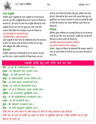 53                                       अक्टू फय 2011



नयक ितुदाळी                                                 कयने वे अडम फदनं की अऩेषा कई गुना असधक राब प्राद्ऱ
कासताक कृ ष्ण ितुदाळी को नयक ितुदाळी क रुऩ भं भनामा
                                      े                     शोता शं । दीऩालरी क फदन ऩशरे वे शी स्लच्छ फकमे गृश को
                                                                               े
जाता शं । इव फदन ितुभखी दीऩ का दान कयने का त्रलधान शं ।
                     ुा                                     वुवस्ज्जत कय बगलान नायामण क वाथ भाॊ रक्ष्भी फक भूसता
                                                                                       े

भाडमता शं , दीऩ दान वे नयक बम वे भुत्रक्त सभरती शं ! नयक    मा सिि फक स्थाऩना कय उनका त्रलसधलत ऩूजन कयने का
                                                            त्रलधान शं ।
ितुदाळी फक यात को एक िाय भुख (िाय फत्ती) लारा दीऩ
जराकय सनिे फदमे भॊि वे दीऩदान कयने का त्रलधान शं ।
                                                            प्रसतऩदा
दत्तो दीऩद्ळतुदाश्माॊ नयकप्रीतमे भमा।                       कासताक ळुक्र प्रसतऩदा को अडनकट फदलव क रुऩ भं भनामा
                                                                                         ू       े

ितुलसतावभामुक्त् वलाऩाऩाऩनुत्तमे।।
    ा                                                       जाता शं । इव फदन गाम को वजाकय, उनकी ऩूजा कयक सनिे
                                                                                                        े

आज ितुदाळी क फदन नयक क असबभानी दे लता फक प्रवडनता
            े         े                                     फदमे भॊि उच्िायण कयने का त्रलधान शं ।

क सरए एलॊ वभस्त ऩाऩं क त्रलनाळ क सरए भं िाय भुख
 े                    े         े                           रक्ष्भीमाा रोकऩारानाॊ धेनुरूऩेण वॊस्स्थता।

लारा िौभुखा दीऩ अत्रऩत कयता शूॉ।
                     ा                                      घृतॊ लशसत मसाथे भभ ऩाऩॊ व्मऩोशतु।।
                                                            अथाात: धेनुरूऩ भं स्स्थत जो रोकऩारं फक वाषात रक्ष्भी शं
दीऩालरी
                                                            तथा जो मस क सरए घी दे ती शं , लश गाम भाता भेये ऩाऩं का
                                                                       े
कासताक अभालस्मा को दीऩालरी क रुऩ भं भनामा जाता शं ।
                            े
                                                            नाळ कये ।
इव फदन प्रात् उठकय स्नानाफद वे सनलृत्त शोकय जऩ-तऩ


                               रक्ष्भी प्रासद्ऱ शे तु कयं यासळ भॊि का जऩ
भेऴ : ॐ ह्रीॊ श्रीॊ रक्ष्भीनायामण नभ्।
लृऴब : ॐ गौऩारामै उत्तय ध्लजाम नभ्।
सभथुन : ॐ क्रीॊ कृ ष्णामै नभ्।
कक : ॐ फशयण्मगबाामै अव्मक्त रूत्रऩणे नभ्।
  ा
सवॊश : ॐ क्रीॊ ब्रह्मणे जगदाधायामै नभ्।
कडमा : ॐ नभो प्रीॊ ऩीताम्फयामै नभ्।
तुरा : ॐ तत्ल सनयॊ जनाम तायक याभामै नभ्।
लृस्द्ळक : ॐ नायामणाम वुयसवॊशामै नभ्।
धनु : ॐ श्रीॊ दे लकीकृ ष्णाम ऊध्लाऴॊतामै नभ्।
भकय : ॐ श्रीॊ लत्वरामै नभ्।
कब : श्रीॊ उऩेडद्रामै अच्मुताम नभ्।
 ॊु
भीन : ॐ क्रीॊ उद्‍ ताम उद्धारयणे नभ्।
                 धृ
यासळ भॊि क जाऩ कयने वे वबी प्रकाय क कामा भं ळीघ्र वपरता प्राद्ऱ शोती शं ।
          े                        े
यासळ भॊि क जाऩ वे व्मत्रक्त शय प्रकाय क वॊकट वे वुयस्षत यशता शं । व्मत्रक्त आसथाक रूऩ वे ऩूणा
          े                            े
वॊऩडन शो जाता शं ।
 