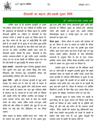 70                                            अक्टू फय 2011




                            दीऩालरी का भशत्ल औय रक्ष्भी ऩूजन त्रलसध

                                                                                  स्लस्स्तक.ऎन.जोळी, आरोक ळभाा
         प्रासिन कार वे फश बायतीम वॊस्कृ सत भं अनेक          दलाा, द्रव्म आफद रेकय गणेळ, भशारक्ष्भी, कफेय आफद दे ली-
                                                              ू                                       ु
ऩला-त्मौशाय भनाए जाते शं । इन त्मौशायं भं कासताक भाव         दे लताओॊ क त्रलसधलत ऩूजन का वॊकल्ऩ कयं । वलाप्रथभ
                                                                       े
फक अभालस्मा को दीऩालरी का त्रलळेऴ भशत्ल शं । क्मोफक          गणेळ     औय      रक्ष्भी   का    ऩूजन     कयं ।   उवके   ऩद्ळमात
दीऩालरी खुसळमं का त्मौशाय शं । दीऩालरी क फदन
                                        े                    ऴोडळभातृका ऩूजन ल नलग्रश ऩूजन कय अडम दे ली-
बगलान गणेळ ल रक्ष्भी क ऩूजन का त्रलळेऴ भशत्ल शं ।
                      े                                      दे लताओॊ का ऩूजन कयं ।
इव फदन गणेळ जी फक ऩूजा वे ऋत्रद्ध-सवत्रद्ध फक प्रासद्ऱ       दीऩक ऩूजन : दीऩक जीलन वे असान रुऩी अॊधकाय को
शोती शं एलॊ रक्ष्भी जी क ऩूजन वे धन, लैबल, वुख, वॊऩत्रत्त
                        े                                    दय कय जीलन भं सान क प्रकाळ का प्रतीक शं । दीऩक
                                                                                े
                                                              ू
फक प्रासद्ऱ शोती शं । दीऩालरी क फदन फकमे जाने लारे भॊि-
                               े                             को इद्वय का तेजस्ली रूऩ भान कय इवकी ऩूजा कयनी
मॊि-तॊि का प्रमोग अत्मसधक प्रबाली भाना जाता शं ।             िाफशए। ऩूजा कयते वभम अॊत्कयण भं ऩूणा श्रद्धा एलॊ ळुद्ध
दीऩालरी अथाात् दीऩकं फक भारा।           दीऩालरी क फदन
                                                 े           बालना     यखनी      िाफशए।      दीऩालरी    के     फदन ऩारयलारयक
प्रत्मेक व्मलवाम-नौकयी वे जुडे व्मत्रक्त अऩने व्मलामीक       ऩयॊ ऩयाओॊ क अनुवाय सतर क तेर क वात, ग्मायश,
                                                                        े            े     े
स्थान एलॊ घय ऩय भाॊ रक्ष्भी का त्रलसधलत ऩूजन कय धन           इक्कीव अथला इनवे असधक दीऩक प्रज्लसरत कयक एक
                                                                                                     े
फक दे ली रक्ष्भी वे वुख-वभृत्रद्ध फक काभना कयते शं ।         थारी भं यखकय कय ऩूजन कयने का त्रलधान शं ।
ऩूजन वाभग्री : भशारक्ष्भी ऩूजन भं कवय, कभकभ, िालर,
                                   े    ू ू                           उऩयोक्त ऩूजन क ऩद्ळमात घय फक भफशराएॊ अऩने
                                                                                    े
ऩान, वुऩायी, पर, पर, दध, फताळे, सवॊदय, भेले, ळशद,
                  ू   ू             ू                        शाथ वे वोने-िाॊदी क आबूऴण इत्माफद वुशाग फक वॊऩूणा
                                                                                े
सभठाइमाॊ, दशी, गॊगाजर, धूऩ, अगयफत्रत्तमाॊ, दीऩक, रुई,        वाभग्रीमाॊ रेकय भाॊ रक्ष्भी को अत्रऩत कयदं । अगरे फदन
                                                                                                 ा
कराला(भौरी), नारयमर औय ताॊफे का करळ।                         स्नान इत्माफद क ऩद्ळमात त्रलसध-त्रलधान वे ऩूजन क फाद
                                                                            े                                े
ऩूजन त्रलसध : बूसभ को गॊगाजर इत्मादी वे ळुद्ध कयके           आबूऴण एलॊ वुशाग फक वाभग्री को भाॊ रक्ष्भी का प्रवाद
नलग्रश मॊि फनाएॊ। मॊि क वाथ शी ताॊफे क करळ भं
                       े              े                      वभजकय स्लमॊ प्रमोग कयं । एवा कयने वे भाॊ रक्ष्भी फक
गॊगाजर, दध, दशी, ळशद, वुऩायी, रंग आफद डारकय करळ
         ू                                                   कृ ऩा वदा फनी यशती शै । जीलन भं वपरता एलॊ आसथाक
को रार कऩड़े वे ढककय एक जटा मुक्त नारयमर भौरी                स्स्थसत भं उडनसत क सरए सवॊश रग्न अथला स्स्थय रग्न
                                                                               े
वे फाॊधकय यख दं । नलग्रश मॊि क ऩाव िाॊदी का सवक्का
                              े                              का िुनाल कय श्रीवूक्त, कनकधाया स्तोि का ऩाठ कयं ।
औय रक्ष्भी गणेळ फक प्रसतभा स्थात्रऩत कय ऩॊिाभृत वे                    दीऩालरी ऩूजन क वभम गणेळ एलॊ रक्ष्भी क
                                                                                    े                      े
स्नान कयाकय स्लच्छ रार कऩड़े वे ऩोछ कय रक्ष्भी               वाथ त्रलष्णु जी का ऩूजन अलश्म कयं स्जस्वे घयभं स्स्थय
गणेळ को िॊदन, अषत अत्रऩत कयक पर-पर आफद
                       ा    े    ू                           रक्ष्भी का सनलाव शो वक। रक्ष्भी जी क दाफशनी ओय
                                                                                   े             े
अत्रऩत कयं औय प्रसतभा क दाफशनी ओय ळुद्ध घी का एक
     ा                 े                                     त्रलष्णु जी औय फाईं ओय गणेळ जी फक स्थाऩना कयनी
दीऩक एलॊ फाई औय तेर (सभठे तेर) का एक दीऩक                    िाफशए।    स्स्थय रक्ष्भी फक काभना शे तु दस्षणालतॉ ळॊख,
जराएॊ।                                                       भोती ळॊख, गोभती िक्र इत्माफद को ळास्त्रं भं रक्ष्भी के
ऩत्रलि आवन ऩय फैठकय स्लस्स्त लािन कयं । गणेळ जी              वशोदय बाई भाना गमा शं । इन दरब लस्तुओॊ फक
                                                                                         ु ा
का स्भयण कय अऩने दाफशने शाथ भं गॊध, अषत, ऩुष्ऩ,              स्थाऩना कयने वे रक्ष्भी जी प्रवडन शोती शं ।
 
