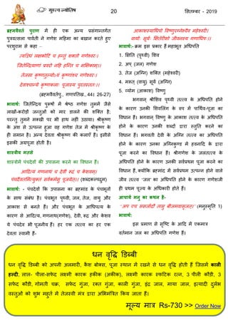 20 ससतम्फय - 2019
धन वृवि डडब्फी
धन वृवि डडब्फी को अऩनी अरभायी, कै श फोक्स, ऩूजा स्थान भें यखने से धन वृवि होती हैं त्जसभें कारी
हल्दी, रार- ऩीरा-सपे द रक्ष्भी कायक हकीक (अकीक), रक्ष्भी कायक स्पदटक यत्न, 3 ऩीरी कौडी, 3
सपे द कौडी, गोभती क्र, सपे द गुॊजा, यक्त गुॊजा, कारी गुॊजा, इॊि जार, भामा जार, इत्मादी दुराब
वस्तुओॊ को शुब भहुता भें तेजस्वी भॊि द्वाया असबभॊत्रित फकम जाता हैं।
भूल्म भाि Rs-730 >> Order Now
ब्रह्भवैवतथ ऩुयाण भें ही एक अन्म प्रसॊगान्तगात
ऩुिवत्सरा ऩावाती ने गणेश भदहभा का फखान कयते हुए
ऩयशुयाभ से कहा –
त्वद्वद्वधॊ रऺकोदटॊ हन्तुॊ शक्तो गणेश्वय्।
त्जतेत्न्िमाणाॊ प्रवयो नदह हत्न्त भक्षऺकाभ्।।
तेजसा कृ ष्णतुल्मोऽमॊ कृ ष्णाॊश् गणेश्वय्।
देवाश् ान्मे कृ ष्णकरा् ऩूजास्म ऩुयतस्तत्।।
(ब्रहभवैवताऩु., गणऩततख., 44। 26-27)
बावाथथ: त्जतेत्न्िम ऩुरूषों भें श्रेष्ठ गणेश तुभभें जैसे
राखों-कयोडों जन्तुओॊ को भाय डारने की शत्क्त है;
ऩयन्तु तुभने भक्खी ऩय बी हाथ नहीॊ उठामा। श्रीकृ ष्ण
के अॊश से उत्ऩन्न हुआ वह गणेश तेज भें श्रीकृ ष्ण के
ही सभान है। अन्म देवता श्रीकृ ष्ण की कराएॉ हैं। इसीसे
इसकी अग्रऩूजा होती है।
शास्त्रीम भतसे
शास्िोभें ऩॊ देवों की उऩासना कयने का ववधान हैं।
आददत्मॊ गणनाथॊ देवीॊ रूिॊ के शवभ्।
ऩॊ दैवतसभत्मुक्तॊ सवाकभासु ऩूजमेत्।। (शब्दकल्ऩिुभ)
बावाथथ: - ऩॊ देवों फक उऩासना का ब्रहभाॊड के ऩॊ बूतों
के साथ सॊफॊध है। ऩॊ बूत ऩृथ्वी, जर, तेज, वामु औय
आकाश से फनते हैं। औय ऩॊ बूत के आधधऩत्म के
कायण से आददत्म, गणनाथ(गणेश), देवी, रूि औय के शव
मे ऩॊ देव बी ऩूजनीम हैं। हय एक तत्त्व का हय एक
देवता स्वाभी हैं-
आकाशस्माधधऩो ववष्णुयग्नेश् ैव भहेश्वयी।
वामो् सूमा् क्षऺतेयीशो जीवनस्म गणाधधऩ्।।
बावाथथ:- क्रभ इस प्रकाय हैं भहाबूत अधधऩतत
1. क्षऺतत (ऩृथ्वी) सशव
2. अऩ् (जर) गणेश
3. तेज (अत्ग्न) शत्क्त (भहेश्वयी)
4. भरूत ् (वामु) सूमा (अत्ग्न)
5. व्मोभ (आकाश) ववष्णु
बगवान ् श्रीसशव ऩृथ्वी तत्त्व के अधधऩतत होने
के कायण उनकी सशवसरॊग के रुऩ भें ऩाधथाव-ऩूजा का
ववधान हैं। बगवान ् ववष्णु के आकाश तत्त्व के अधधऩतत
होने के कायण उनकी शब्दों द्वाया स्तुतत कयने का
ववधान हैं। बगवती देवी के अत्ग्न तत्त्व का अधधऩतत
होने के कायण उनका अत्ग्नकु ण्ड भें हवनादद के द्वाया
ऩूजा कयने का ववधान हैं। श्रीगणेश के जरतत्त्व के
अधधऩतत होने के कायण उनकी सवाप्रथभ ऩूजा कयने का
ववधान हैं, क्मोंफक ब्रहभाॊद भें सवाप्रथभ उत्ऩन्न होने वारे
जीव तत्त्व ‘जर’ का अधधऩतत होने के कायण गणेशजी
ही प्रथभ ऩूज्म के अधधकायी होते हैं।
आचामथ भनु का कथन है-
“अऩ ए ससजाादौ तासु फीजभवासृजत्।” (भनुस्भृतत 1)
बावाथथ:
इस प्रभाण से सृत्ष्ट के आदद भें एकभाि
वताभान जर का अधधऩतत गणेश हैं।
 