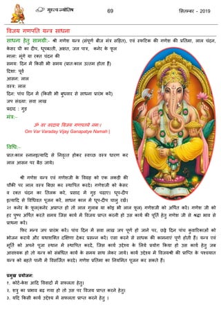 69 ससतम्फय - 2019
ववजम गणऩतत मन्ि साधना
साधना हेतु साभग्री:- श्री गणेश मन्ि (सॊऩूणा फीज भॊि सदहत), एवॊ स्पदटक की गणेश की प्रततभा, रार ॊदन,
के सय घी का दीऩ, धूऩफत्ती, अऺत, जर ऩाि, कनेय के पू र
भारा: भूॊगे मा यक्त ॊदन की
सभम: ददन भें फकसी बी सभम (प्रात्कार उत्तभ होता हैं)
ददशा: ऩूवा
आसन: रार
वस्ि: रार
ददन: ऩाॊ ददन भें (फकसी बी फुधवाय से साधना प्रायॊब कयें)
जऩ सॊख्मा: सवा राख
प्रदाद : गुड
भॊि:–
ॐ वय वयदाम ववजम गणऩतमे नभ्।
Om Var Varaday Vijay Ganapatye Namah |
ववधध:–
प्रात्कार स्नानइत्मादद से तनवृत्त होकय स्वच्छ वस्ि धायण कय
रार आसन ऩय फैठ जामे।
श्री गणेश मन्ि एवॊ गणेशजी के ववग्रह को एक रकडी की
ौकी ऩय रार वस्ि त्रफछा कय स्थावऩत कयदे। गणेशजी को के सय
व यक्त ॊदन का ततरक कये, प्रसाद भें गुड ढाए। धूऩ-दीऩ
इत्मादद से ववधधवत ऩूजन कयें, साधन कार भें धूऩ-दीऩ ारु यखें।
२१ कनेय के पू र(कनेय अप्राप्त हो तो रार गुराफ मा कोइ बी रार पू र) गणेशजी को अवऩात कयें। गणेश जी को
हय ऩुष्ऩ अवऩात कयते सभम त्जस कामा भें ववजम प्राप्त कयनी हो उस कामा की ऩूतता हेतु गणेश जी से श्रिा बाव से
प्राथना कयें।
फपय भन्ि जऩ प्रायॊब कयें। ऩाॊ ददन भें सवा राख जऩ ऩूणा हो जाने ऩय, छठ्ठे ददन ऩाॊ कु वारयकाओॊ को
बोजन कयामे औय मथाशत्क्त दक्षऺणा देकय प्रसन्न कयें। एसा कयने से साधक की काभनाएॊ ऩूणा होती हैं। मन्ि एवॊ
भूतता को अऩने ऩूजा स्थान भें स्थावऩत कयदें, त्जस कामा उद्देश्म के सरमे प्रमोग फकमा हो उस कामा हेतु जफ
आवश्मक हो तो मन्ि को सॊफॊधधत कामा के सभम साथ रेकय जामे। कामा उद्देश्म भें ववजमश्री की प्रात्प्त के ऩश् मात
मन्ि को फहते ऩानी भें ववसत्जात कयदे। गणेश प्रततभा का तनमसभत ऩूजन कय सकते हैं।
प्रभुख प्रमोजन:
१. कोटा-के श आदद वववादों भें सपरता हेतु।
२. शिु का प्रबाव फढ़ गमा हो तो उस ऩय ववजम प्राप्त कयने हेतु।
३. मदद फकसी कामा उद्देश्म भें सपरता प्राप्त कयने हेतु ।
 