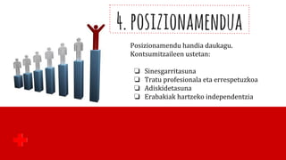 Posizionamendu handia daukagu.
Kontsumitzaileen ustetan:
❏ Sinesgarritasuna
❏ Tratu profesionala eta errespetuzkoa
❏ Adiskidetasuna
❏ Erabakiak hartzeko independentzia
 