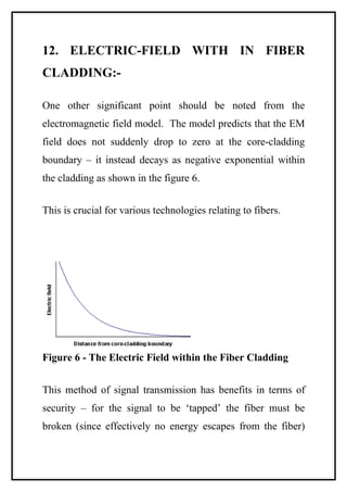 12. ELECTRIC-FIELD WITH IN FIBER
CLADDING:-

One other significant point should be noted from the
electromagnetic field model. The model predicts that the EM
field does not suddenly drop to zero at the core-cladding
boundary – it instead decays as negative exponential within
the cladding as shown in the figure 6.


This is crucial for various technologies relating to fibers.




Figure 6 - The Electric Field within the Fiber Cladding


This method of signal transmission has benefits in terms of
security – for the signal to be ‘tapped’ the fiber must be
broken (since effectively no energy escapes from the fiber)
 