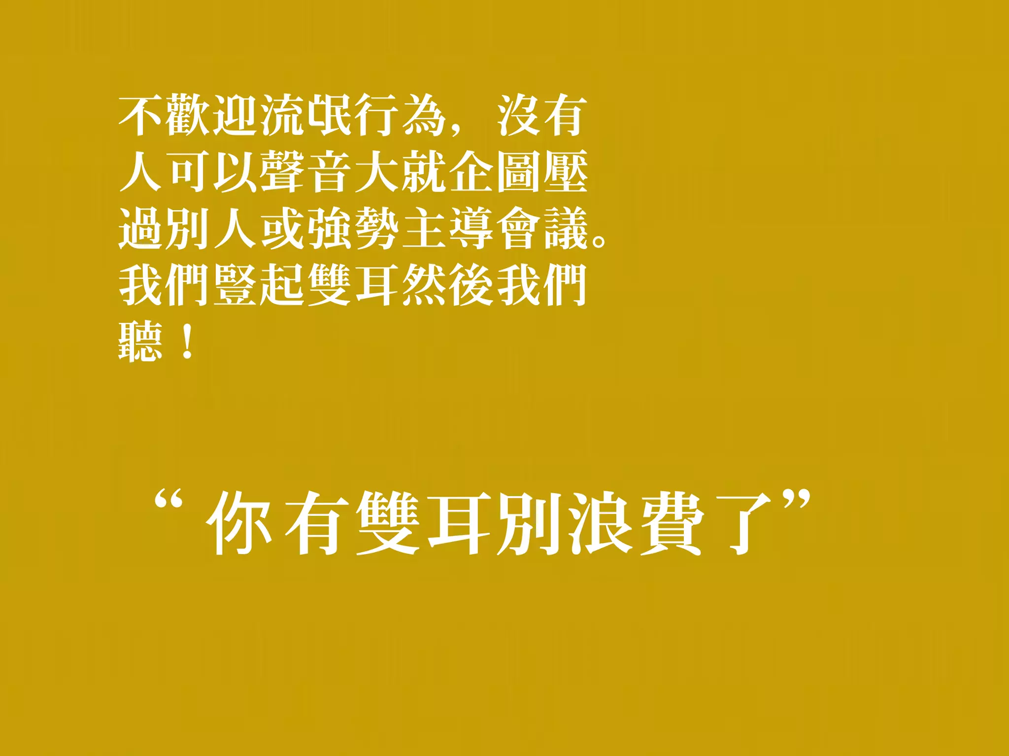 不歡迎流氓行為，沒有
人可以聲音大就企圖壓
過別人或強勢主導會議。
我們豎起雙耳然後我們
聽！



“ 你 有雙耳別浪費了”
 