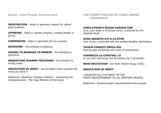 Seven- Limb Prayer Commentary
PROSTRATION - helps to generate respect for others’
good qualities.
OFFERING - helps to release clinging; creates delight in
giving
CONFESSION - helps to generate the four powers
REJOICING - the antidote to jealousy
ASKING TO BUDDHAS TO REMAIN - the antidote to
ignorance
REQUESTING DHARMA-TEACHINGS - the antidote to
wrong views
DEDICATION OF MERIT - accumulated merit expands the
more we share it
Reference: Bhikshuni Thubten Chodron - Cultivating the
Compassionate - The Yoga Method of Chenrezig
THE SHORT PRAYER OF FOUR-ARMED
CHENREZIG
JOWO KYONGYI MAGOD KUDHOG KAR
Lord, your body is of purest white, unstained by the
slightest fault,
DZOG SANGGYE KYI U-LA GYEN
Your crown is adorned with the perfect Buddha (Amitabha),
THUGJE CHENGYI DROLA ZIG
Gazing upon all beings with eyes of compassion,
CHENREZIG LA CHAKTSAL LO
to you lord chenrezig, the all seeing one, I prostrate!
MANI RECITATION - Om Mani Padme Hung (108x)
DEDICATION OF MERIT
I DEDICATE ALL THE MERIT TO THE
GREAT ENLIGHTENMENT OF ALL SENTIENT BEINGS.
Reference: drukpachoegon.org/avalokiteshvara-prayer
 