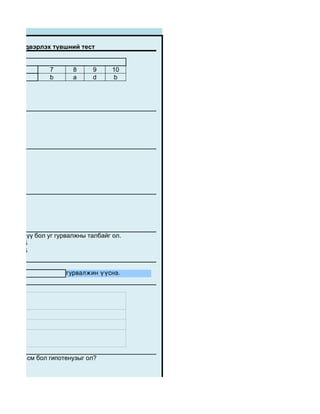 лыг шийдвэрлэх түвшний тест


  6             7       8     9      10
2a,3d,4b        b       a     d      b




л.




йг ол.

         18
         36

-тай тэнцүү бол уг гурвалжны талбайг ол.
      40.5
      13.5


                      гурвалжинүүснэ.



м




г тал нь 4см бол гипотенузыг ол?
 
