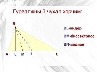 Гурвалжны 3 чухал хэрчим:

    В
                       BL­өндөр

                       BМ­биссектрисс

                       BN­медиан

А   L   M   N      С
 