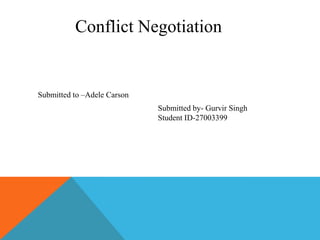 Conflict Negotiation

Submitted to –Adele Carson
Submitted by- Gurvir Singh
Student ID-27003399

 