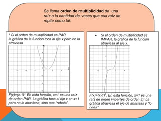 Se llama orden de multiplicidad de una
raíz a la cantidad de veces que esa raíz se
repite como tal.
* Si el orden de multiplicidad es PAR,
la gráfica de la función toca al eje x pero no la
atraviesa
F(x)=(x-1)2.
En esta función, x=1 es una raíz
de orden PAR. La gráfica toca al eje x en x=1
pero no lo atraviesa, sino que “rebota”.
 Si el orden de multiplicidad es
IMPAR, la gráfica de la función
atraviesa al eje x.
F(x)=(x-1)3
. En esta función, x=1 es una
raíz de orden impar(es de orden 3): La
gráfica atraviesa el eje de abscisas y “lo
corta”
 